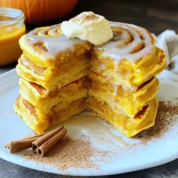 To make these pancakes, gather these key items: - 1 cup all-purpose flour - 1 tablespoon baking powder - 1 teaspoon pumpkin spice mix - 1/2 teaspoon salt - 1 cup milk (or your preferred milk alternative) - 1/2 cup pumpkin puree - 1 large egg - 2 tablespoons sugar - 1 tablespoon vanilla extract - 1/4 cup unsalted butter, melted These ingredients create a fluffy, spiced base that pairs well with the filling. For the cinnamon filling, you will need: - 1/4 cup brown sugar - 2 tablespoons ground cinnamon - 2 tablespoons unsalted butter, softened This filling adds a swirl of sweet, warm cinnamon to each pancake. To make the creamy glaze, gather these items: - 4 oz cream cheese, softened - 1/2 cup powdered sugar - 2 tablespoons milk - 1/2 teaspoon vanilla extract This glaze gives the pancakes a rich and sweet finish. For the full recipe, check the details above. To make the pancake batter, start by gathering your ingredients. In a large bowl, mix together: - 1 cup all-purpose flour - 1 tablespoon baking powder - 1 teaspoon pumpkin spice mix - 1/2 teaspoon salt Whisk these dry ingredients until they blend well. In another bowl, combine: - 1 cup milk (or your preferred milk alternative) - 1/2 cup pumpkin puree - 1 large egg - 2 tablespoons sugar - 1 tablespoon vanilla extract Stir these wet ingredients until smooth. Now, slowly pour the wet mix into the dry mix. Gently stir until just combined. It’s okay if there are a few lumps; don’t overmix! Next, let’s make the cinnamon filling. In a small bowl, mix: - 1/4 cup brown sugar - 2 tablespoons ground cinnamon - 2 tablespoons unsalted butter, softened Stir these ingredients together until they form a smooth paste. This filling will create a wonderful swirl in your pancakes. Now, it’s time to cook! Preheat a non-stick skillet or griddle over medium heat. Lightly grease it with butter or oil. Pour about 1/4 cup of pancake batter onto the skillet. Then, swirl about 1 teaspoon of the cinnamon filling on top of the batter. Cook until bubbles form on the surface and the edges appear set, about 2-3 minutes. Carefully flip the pancake and cook for another 2 minutes. You want them golden brown. Repeat this process with the remaining batter and filling. Lastly, make the cream cheese glaze. Beat together: - 4 oz cream cheese, softened - 1/2 cup powdered sugar - 2 tablespoons milk - 1/2 teaspoon vanilla extract Once smooth, drizzle this glaze over your stacked pancakes. Enjoy this delightful treat! For the full recipe, check the earlier sections. To make pancakes that shine, stick to a few simple rules. Use fresh ingredients; they make a big difference. Always mix the dry and wet ingredients separately first. Then combine them gently. Overmixing can lead to tough pancakes. If your batter is lumpy, that’s okay! A few lumps are just fine. Preheat your skillet well before pouring the batter. A good heat helps pancakes cook evenly. If you have extra pancakes, store them safely. Place them in an airtight container. You can keep them in the fridge for up to three days. For longer storage, freeze them. Just layer parchment paper between each pancake to avoid sticking. When you’re ready to eat, pop them in the toaster or microwave for a quick warm-up. Serve your pancakes with fun toppings. Try a drizzle of maple syrup for sweetness. Add whipped cream for a treat! You can also sprinkle nuts or chocolate chips for extra crunch. Want to get creative? Serve with a side of fresh fruit. Berries or bananas pair well with the spices. Enjoy your delicious creation with family or friends! {{image_2}} You can make these pancakes even better by adding nuts or chocolate chips. Chopped pecans or walnuts add a nice crunch. Just mix in 1/4 cup of nuts into the batter. If you love chocolate, add 1/4 cup of mini chocolate chips instead. They melt slightly and make every bite sweet. To make this recipe dairy-free, swap regular milk for a plant-based milk. Almond, oat, or soy milk work great. You can also use dairy-free butter for the melted butter. For the cream cheese glaze, use a dairy-free cream cheese. This way, everyone can enjoy these tasty pancakes. Spices can change the taste of your pancakes. Try adding a pinch of nutmeg or ginger for a warm kick. You can also use apple pie spice for a sweet twist. For a fresh taste, add some orange zest to the batter. These small changes can make your pancakes unique and fun. Try the full recipe to explore these variations and enjoy your delightful treat! After you make your pumpkin spice cinnamon roll pancakes, let them cool. Stack the pancakes with parchment paper between each one. Place the stack in an airtight container. They can last in the fridge for up to three days. Just remember to cover them well to keep them fresh. For longer storage, freezing is a great option. Allow the pancakes to cool completely. Layer them with parchment paper in a freezer-safe bag or container. You can freeze them for up to two months. When you're ready to enjoy, just take out what you need. Reheating pancakes is easy. For a quick method, use the microwave. Place a pancake on a plate and cover it with a damp paper towel. Heat for about 20-30 seconds. If you prefer, you can warm them in a skillet over low heat. This keeps them soft and tasty. You can also pop them in the toaster for a crispy finish. Enjoy your pancakes warm with that creamy glaze! You can use unsweetened applesauce as a great substitute. It gives a nice moisture and sweetness. Alternatively, try mashed bananas for a different flavor. If you want a more neutral taste, use butternut squash puree. Each option will add a unique twist to your pancakes. To stop pancakes from sticking, make sure your skillet is hot enough. Use a non-stick skillet or griddle. Lightly grease it with butter or oil before pouring in the batter. If you notice sticking, add a little more fat to the pan. This helps keep your pancakes whole and fluffy. Yes, you can prepare the batter ahead of time! Store it in the fridge for up to 24 hours. Just give it a gentle stir before using. If it thickens too much, add a splash of milk. This way, you can enjoy fresh pancakes with less prep time in the morning. For the complete recipe, check out the Full Recipe section. You learned how to make tasty pancakes with a sweet filling and rich glaze. We covered the key ingredients, step-by-step instructions, and helpful tips to make them perfect. Remember, you can add your favorite mix-ins or change flavors. Proper storage keeps leftovers fresh for later. With these simple tips, you can enjoy delightful pancakes anytime. Keep experimenting and have fun in the kitchen!