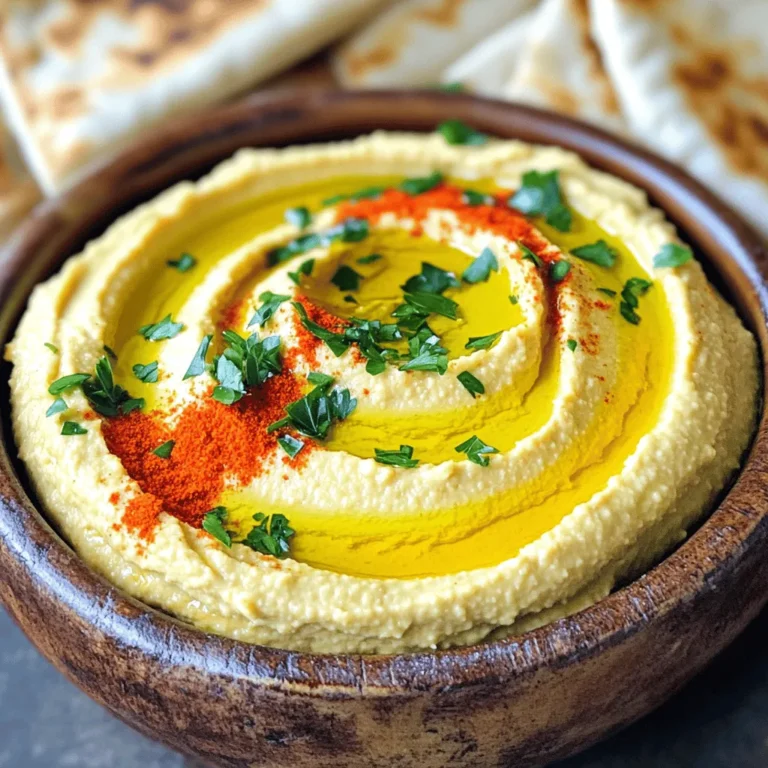 - Chickpeas: I always choose canned chickpeas for this recipe. They save time and still taste great. Rinse them well to remove excess salt. If you prefer dry chickpeas, soak them overnight and cook until tender. - Tahini: Look for good quality tahini. It should be smooth and creamy, not too thick. This adds richness to your hummus. A fresh jar will give the best flavor. - Olive Oil: Extra virgin olive oil works best. It adds depth and a fruity taste. You can try different types, like light or flavored oils, but remember that quality matters for taste. - Additional spices and herbs: You can add a pinch of smoked paprika for a smoky taste. Fresh herbs like cilantro or dill can brighten the flavor. Try ground garlic or chili powder for a kick. - Toppings for serving: Garnish your hummus with paprika and chopped parsley for color and taste. A drizzle of olive oil on top makes it look fancy too. You can also use toasted pine nuts for a nice crunch. - Substitutions for dietary restrictions: If you need a nut-free option, skip tahini or use sunflower seed butter. For a low-sodium version, use no-salt-added chickpeas. - Homemade vs. store-bought variations: Homemade hummus tastes fresher and lets you control the flavors. Store-bought options are quick and easy if you’re short on time. Just read labels to avoid unwanted additives. For the full recipe, check out the Roasted Garlic Hummus Delight. To roast garlic perfectly, start by preheating your oven to 400°F (200°C). Take whole garlic bulbs and slice off the top part. Drizzle olive oil over the cut sides. Wrap each bulb in aluminum foil. Bake for about 30-35 minutes. The cloves should feel soft when pressed. To create a caramelized sweetness, let the garlic cool slightly before handling. Squeeze the soft cloves out of their skins. This roasted garlic will add a rich flavor to your hummus. Next, we blend the hummus. In a food processor, combine the chickpeas, tahini, olive oil, roasted garlic, lemon juice, ground cumin, and salt. Blend until the mixture is smooth. This step is key for a creamy texture. If you find the hummus too thick, adjust the consistency. Slowly add water, one tablespoon at a time, until you reach the desired creaminess. Don’t forget to taste! Adjust flavors by adding more salt or lemon juice if needed. Now it’s time to serve your hummus. Transfer it to a bowl and create a smooth surface. Drizzle some extra olive oil on top. Sprinkle paprika and fresh parsley for a nice finish. For snacks, pair your hummus with pita bread, crunchy veggies, or warm naan. These choices will enhance the experience of your delicious roasted garlic hummus. Check the Full Recipe for more details! Over-roasting garlic can lead to a bitter taste. Aim for a golden brown color. When you roast garlic, wrap it in foil. This helps it cook evenly and keeps it soft. Blending for too long or too short can change your hummus texture. Blend until smooth, but don’t overdo it. A grainy texture means you need to blend a bit more. If it feels too thick, you can add water. Deepening the flavor of your hummus is easy. Try adding spices like smoked paprika or a pinch of cayenne pepper. These spices give your hummus a warm kick. Mixing in unique ingredients can also boost flavor. Consider adding ingredients like roasted red peppers or fresh herbs. These additions can create a new twist on the classic recipe. Fixing hummus that is too thick is simple. Add water slowly, one tablespoon at a time. Blend after each addition until you reach the right thickness. If your hummus is too runny, try adding more tahini or chickpeas. Understanding how tahini and water work together is key. Tahini adds creaminess, while water helps reach your desired consistency. For the full recipe, check out the Roasted Garlic Hummus Delight. {{image_2}} You can change the flavor of your roasted garlic hummus easily. For a roasted red pepper hummus, add one cup of roasted red peppers. Blend them in with the other ingredients. This gives a sweet, smoky taste. You will love the bright color too! If you want a spicy hummus, add in a pinch of cayenne pepper or some diced jalapeños. This kick will make your hummus stand out. You can adjust the heat to fit your taste. Just remember to start small! Using fresh herbs and vegetables can really boost your hummus. Try tossing in some fresh basil or cilantro. These herbs add a burst of flavor. You can also mix in seasonal veggies like roasted zucchini or carrots. This can change up your hummus for each time of year. Incorporating seasonal flavors makes cooking fun. For instance, in the summer, add fresh tomatoes or corn. In the fall, you can use roasted squash. These small changes can make a big difference! You can give your hummus an international flair too. For a Mediterranean twist, add olives or sun-dried tomatoes. These ingredients bring robust flavors and a touch of the sea. Just chop them up and blend them in. If you want to try an Asian-style hummus, mix in some sesame oil or miso paste. These will add a unique flavor. It’s a fun way to explore new tastes in a familiar dish. Each version is a new adventure for your palate! For the full recipe, check out the Roasted Garlic Hummus Delight. To keep your roasted garlic hummus fresh, store it in an airtight container. This helps to keep out air and moisture. Place the container in the fridge right after serving. It will stay fresh for about a week. You can freeze roasted garlic hummus too! Use a freezer-safe container and leave some space at the top. The hummus will expand as it freezes. It can last for up to three months in the freezer. When ready to eat, thaw it in the fridge overnight. Hummus can go bad if not stored properly. If it sits out at room temperature for more than two hours, toss it. It can also spoil in the fridge after about a week. Watch for signs of spoilage. If you see mold or notice a sour smell, it’s time to let it go. A change in color or texture can also mean it’s gone bad. Always trust your senses! If your hummus seems dry, don’t worry! Add a little olive oil or water to bring it back to life. Blend it again until it’s smooth. This will help refresh the texture and flavor. You can also use leftover hummus in fun ways! Try spreading it on sandwiches or as a dip with veggies. It makes a great topping for baked potatoes too. Let your creativity shine! To make roasted garlic, first, preheat your oven to 400°F (200°C). Take whole garlic bulbs and slice off the top. Drizzle with olive oil and wrap in aluminum foil. Bake for about 30-35 minutes. The garlic should be soft and golden brown. You can also roast garlic at lower temperatures, around 350°F (175°C), but this may take longer. Yes, homemade hummus is often healthier than store-bought. You control the ingredients, so you can use fresh, whole foods. Store-bought hummus may have preservatives and extra salt. Homemade hummus can also have less fat and calories if you use less oil. Plus, you can add fresh herbs or spices for extra nutrients. You can use raw garlic, but it will taste very different. Raw garlic has a sharp, strong flavor, while roasted garlic is sweet and mild. Roasted garlic is easier on the stomach and better for digestion. If you prefer a milder taste, stick with roasted garlic in your hummus. Making roasted garlic hummus takes about 50 minutes total. You will spend about 10 minutes prepping the ingredients. Roasting the garlic takes around 30-35 minutes. Blending the hummus takes just a few minutes. This makes it a quick and easy recipe for any meal. Roasted garlic hummus pairs well with many foods. You can serve it with pita bread, fresh veggies, or crackers. It also works great as a spread on sandwiches or wraps. Add some olives or cherry tomatoes for a colorful appetizer. Enjoy it at parties or enjoy it as a healthy snack at home. For the full recipe, check out Roasted Garlic Hummus Delight. In this article, I covered the key ingredients and steps for making delicious roasted garlic hummus. You learned about essential elements like chickpeas and tahini, as well as optional add-ins to customize your flavor. I shared tips to avoid common mistakes and enhance your hummus. Different variations, storage tips, and FAQs give you all the tools you need. Enjoy crafting your perfect hummus. Experiment, taste, and share the joy of your creations. The possibilities are endless, and I hope you find the perfect blend for your palate.