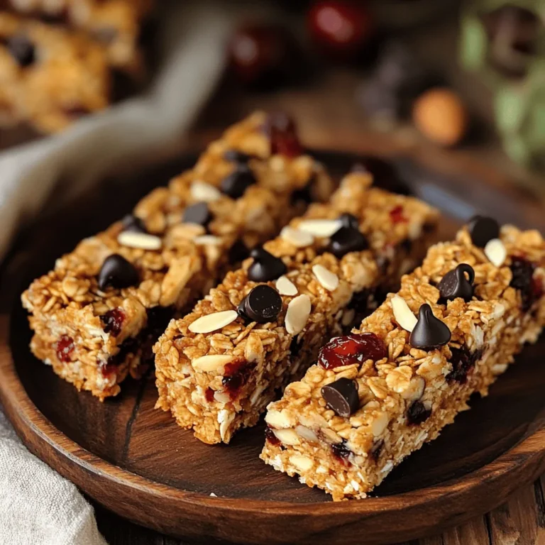 - 1 ½ cups rolled oats - ½ cup unsweetened almond butter - ⅓ cup honey or maple syrup - ½ cup dried cherries, chopped - ½ cup dark chocolate chips - ¼ cup slivered almonds - ¼ teaspoon salt - 1 teaspoon vanilla extract The ingredients in these cherry chocolate chip granola bars create a perfect balance of flavors. The rolled oats give a hearty base, and the almond butter adds a rich creaminess. Honey or maple syrup provides natural sweetness. Dried cherries bring a tart burst, while dark chocolate chips give a sweet touch. Slivered almonds add a nice crunch, and salt enhances all the flavors. - Mixing bowl - Baking pan (8-inch square) - Parchment paper - Spatula - Small saucepan Having the right tools makes cooking easier. A mixing bowl is essential for combining ingredients. A baking pan lined with parchment paper ensures easy removal later. A spatula helps mix and press the mixture down firmly. Lastly, a small saucepan is needed for melting the almond butter with honey. These tools help you create delicious bars with ease. You can find the full recipe in the earlier section for all the steps. Enjoy! First, preheat your oven to 350°F (175°C). This step is key for even baking. Next, grab an 8-inch square baking pan. Line it with parchment paper, leaving some edges hanging. This makes it easy to remove the bars later. Now, let’s mix the dry ingredients. In a large bowl, combine: - 1 ½ cups rolled oats - ½ cup dried cherries, chopped - ½ cup dark chocolate chips - ¼ cup slivered almonds - ¼ teaspoon salt Stir these ingredients well until they are evenly mixed. Now, melt the almond butter mixture. In a small saucepan, combine: - ½ cup unsweetened almond butter - ⅓ cup honey or maple syrup - 1 teaspoon vanilla extract Heat this over low heat. Stir gently until the mixture is smooth and warm. Once melted, pour it over the dry ingredients in your mixing bowl. Mix everything well until the oats and fruits are fully coated. Next, transfer your mixture to the prepared pan. Press it firmly into the pan using a spatula or your hands. Make sure it is even. Bake in the oven for 15-20 minutes. Look for golden edges; that's your cue it's done. After baking, remove the pan and let it cool for 30 minutes. Use the parchment paper to lift the granola out easily. Finally, cut it into bars or squares. Enjoy these delicious Cherry Chocolate Chip Granola Bars! For the complete recipe, see the [Full Recipe]. To make the best cherry chocolate chip granola bars, even mixing is key. Mix the dry ingredients well to ensure every bite is full of flavor. When adding the wet mixture, press the mixture firmly into the pan. This helps the bars stick together better. A good press leads to a nice, sturdy bar that won’t crumble when you take a bite. For a beautiful presentation, arrange the bars on a nice plate. You can also wrap each bar in parchment paper and tie it with string. This makes a lovely gift for friends or family. Pair these tasty bars with a glass of cold milk or a cup of coffee. The flavors of cherry and chocolate go great with these drinks. If you have allergies, there are easy substitutions. You can use sunflower seed butter instead of almond butter for nut-free bars. To make these bars vegan, replace honey with maple syrup. Each change keeps the bars delicious while meeting your needs. Enjoy making them your own! {{image_2}} You can make your cherry chocolate chip granola bars even better by adding nuts or seeds. Consider using walnuts, pecans, or sunflower seeds. These add both taste and good fats. You can also swap dried cherries for other dried fruits, like cranberries or apricots. Each option gives a new twist to the bars. To make your bars extra crunchy, add crispy rice. This small change creates a fun texture. You can also adjust the sweetness level. If you like it less sweet, use less honey or maple syrup. If you want a sweeter treat, add more chocolate chips. You can create your granola bars with different base ingredients. Try peanut butter instead of almond butter. This small swap changes the flavor nicely. You can also experiment with spices. A pinch of cinnamon or nutmeg can add warmth. Each change can lead to a unique version of your bars. For the full recipe, check the section above. To keep your cherry chocolate chip granola bars fresh, use an airtight container. A glass jar or a plastic container works well. Make sure to seal it tightly to keep air out. You can also wrap each bar in parchment paper for extra protection. If you want to store them longer, freezing is a great option. Place the bars in a freezer-safe bag. Remove as much air as possible before sealing. They can last up to three months in the freezer. When you're ready to eat, let them thaw in the fridge or at room temperature. These granola bars can last about one week in your pantry. If you store them in the fridge, they may last up to two weeks. Always check for freshness before eating. Look for any signs of spoilage. If the bars smell off or feel too hard, it’s best to toss them out. Freshness is key for enjoying their great taste! Cherry chocolate chip granola bars last about one week when stored in an airtight container at room temperature. If you keep them in the fridge, they can stay fresh for up to two weeks. For longer storage, you can freeze them. Wrap each bar in plastic wrap and then place them in a freezer bag. They will last for about three months in the freezer. Yes, you can easily make these granola bars gluten-free! Just use gluten-free rolled oats. Many brands offer gluten-free oats that are safe for those with gluten sensitivities. Always check the label to ensure they are certified gluten-free. This small change keeps the delicious taste while making them suitable for everyone. If you need a substitute for almond butter, try peanut butter or sunflower seed butter. Both options work well in this recipe. They add creaminess and flavor similar to almond butter. If you want a nut-free version, sunflower seed butter is a great choice. You can find cherry chocolate chip granola bars in many grocery stores. Check the snack aisle or the health food section. Some stores may carry them in bulk bins too. If you want fresh bars, try local bakeries or specialty shops that focus on healthy snacks. Using fresh cherries instead of dried is possible, but it will change the texture. Fresh cherries have more moisture. This can make the bars softer and harder to hold together. If you choose fresh cherries, chop them and reduce the amount of other wet ingredients slightly to balance the moisture. This blog post covered how to make cherry chocolate chip granola bars. We looked at required ingredients, helpful tools, and step-by-step instructions. I shared tips for perfecting your bars and fun variations to try. Lastly, I discussed storage methods to keep your snacks fresh. Remember, making these bars lets you customize flavors and textures to fit your taste. Enjoy your homemade treats, and don't forget to share them with friends!