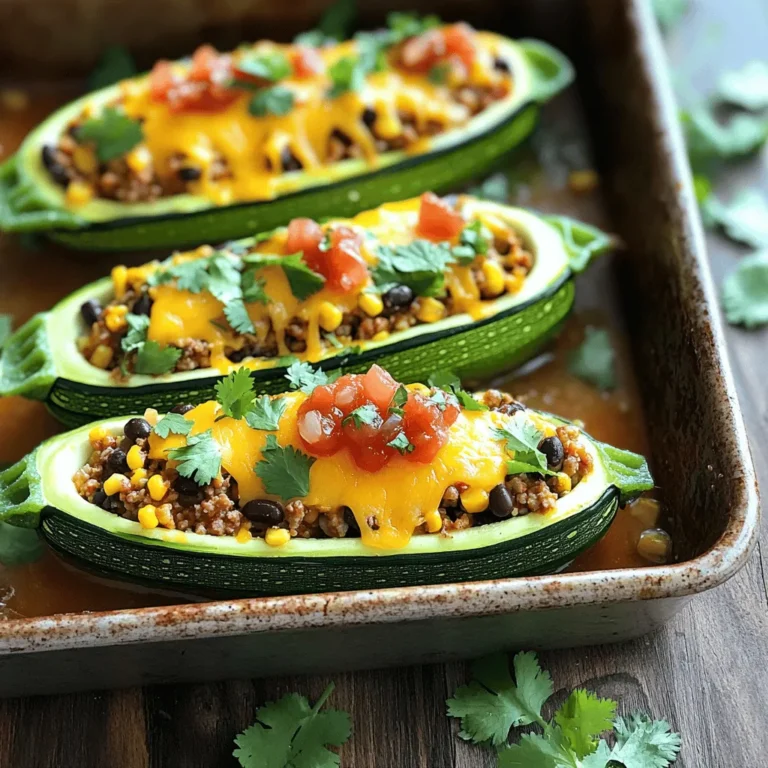 To make Taco Stuffed Zucchini Boats, you need fresh and tasty ingredients. Here’s the list you will need: - 4 medium zucchinis - 1 lb ground turkey or beef - 1 can (15 oz) black beans, rinsed and drained - 1 cup corn kernels (fresh or frozen) - 1 small onion, finely chopped - 2 cloves garlic, minced - 1 tablespoon chili powder - 1 teaspoon cumin - 1 teaspoon paprika - Salt and pepper to taste - 1 cup shredded cheddar cheese - 1 cup salsa - Fresh cilantro, chopped (for garnish) - Sour cream (for serving) Each of these items adds flavor and nutrition to your dish. Zucchini is low in calories but high in vitamins. Ground turkey or beef gives protein and heartiness. Black beans add fiber, while corn brings sweetness. The spices like chili powder and cumin wake up the taste. Using fresh cilantro as a garnish adds a pop of color and freshness. Don’t forget the sour cream; it makes every bite creamy and rich. You can find the full recipe for cooking these delicious boats in the next section, where I will guide you step-by-step through the process. - Preheat the oven at 375°F (190°C). - Cut the zucchinis in half lengthwise and scoop out the centers. Start by preheating your oven. This helps cook the zucchini evenly. Next, slice each zucchini in half. Use a spoon to scoop out the soft inside, making a boat shape. Save this flesh for later; it adds flavor to the filling. - Sauté onion and garlic in olive oil. - Brown the ground meat and add zucchini flesh, beans, corn, and spices. Grab a large skillet and heat a drizzle of olive oil over medium heat. Add the finely chopped onion and minced garlic. Stir them until the onion is soft and clear. Next, add your ground turkey or beef. Cook it until it turns brown, breaking it into small pieces. Now, mix in the reserved zucchini flesh, black beans, corn, chili powder, cumin, paprika, salt, and pepper. Cook this mixture for about five minutes. This allows all the flavors to blend nicely. - Fill zucchini shells with the prepared mixture. - Top with salsa and cheese. Take your cooked filling and spoon it into each zucchini shell. Press it down gently to fit more in. Once filled, pour salsa over each boat. Finally, sprinkle a generous layer of shredded cheddar cheese on top. - Cover and bake for 25 minutes, then uncover and bake for another 10 minutes. Place your stuffed zucchini boats in a baking dish. Cover the dish with foil and bake for 25 minutes. After that, remove the foil and bake for another 10 minutes. This makes the cheese melt and turn golden. For the full recipe, refer to the recipe section. Enjoy the delightful flavors of your taco stuffed zucchini boats! To pick the best zucchinis, look for small to medium sizes. They should be firm and smooth. Avoid zucchinis with soft spots or wrinkles. A bright green color signals freshness. If you can, choose organic zucchinis for better taste. Their skin holds many nutrients, so wash them well. To elevate your taco stuffed zucchini boats, try adding spices. A pinch of cayenne pepper adds heat. You can also try smoked paprika for a rich flavor. Fresh lime juice brightens the taste and adds freshness. Toppings like avocado, diced tomatoes, or jalapeños enhance the dish. Don’t forget fresh cilantro for a burst of flavor. For perfectly cooked zucchini, bake at 375°F (190°C). Start with covered baking for moistness, then uncover for browning. Ensure the filling is packed well into the zucchini boats. This helps them hold shape. Watch the cheese closely while it melts. You want it bubbly but not burnt. Let the boats cool a bit before serving; this helps the flavors settle. For the full recipe, check back on the main page. {{image_2}} You can switch the meat in Taco Stuffed Zucchini Boats. Ground turkey or beef works great. If you want a lighter option, try chicken. For a plant-based choice, use tofu or plant-based meat. Just crumble the tofu and cook it like the meat. It absorbs flavors well. You can make any of these changes without losing taste. To make this dish vegetarian-friendly, skip the meat entirely. Use extra black beans for protein. You can add mushrooms for a hearty texture. Make sure to cook the mushrooms until they are soft. This keeps them from being chewy. You can also add more veggies, like bell peppers or spinach. Toppings can take your zucchini boats to the next level. Here are some fun ideas: - Avocado or guacamole for creaminess - Jalapeños for extra heat - Diced tomatoes for freshness - Greek yogurt instead of sour cream - Fresh lime juice for a zesty kick - Crumbled tortilla chips for crunch Feel free to mix and match toppings. This way, you can find your favorite combo. For the full recipe, check out the recipe section above. To keep your Taco Stuffed Zucchini Boats fresh, store them in an airtight container. Place them in the fridge right after cooling. They stay tasty for up to three days. If you want to save them longer, freeze the boats. Wrap each one in plastic wrap and then place them in a freezer bag. They can last for up to three months in the freezer. When you're ready to enjoy leftovers, reheat them in the oven for the best flavor. Preheat your oven to 350°F (175°C). Place the zucchini boats on a baking sheet and cover them with foil. Heat for about 15-20 minutes until warm. You can also use the microwave, but the oven keeps the texture nice. Just heat them for about 2-3 minutes on a microwave-safe plate. These zucchini boats are best eaten fresh, but they can last in the fridge for up to three days. If frozen, they stay good for three months. For the best taste and quality, try to eat them within this time frame. Enjoy your Taco Stuffed Zucchini Boats while they are fresh and full of flavor! For the full recipe, click here. Yes, you can prepare Taco Stuffed Zucchini Boats in advance. Just follow the recipe steps but stop before baking. Cover the filled zucchini boats and store them in the fridge for up to 24 hours. When you are ready to eat, bake them as directed. This saves time during busy weeknights. To keep zucchini boats firm, start by salting the insides. After scooping, sprinkle salt inside and let them sit for 10 minutes. This draws out moisture. Next, pat them dry with paper towels before filling. Also, bake them just until tender, not overcooked. Taco Stuffed Zucchini Boats pair well with many sides. Consider serving them with: - Mexican rice - Refried beans - A fresh green salad - Tortilla chips with salsa - Guacamole These sides add flavor and texture to your meal. To spice up Taco Stuffed Zucchini Boats, add chopped jalapeños or hot sauce to the filling. You can also use spicy salsa instead of regular salsa. Another option is to sprinkle red pepper flakes on top before baking. Adjust the heat to fit your taste! For the full recipe, check out the details above. In this blog post, we explored how to make Taco Stuffed Zucchini Boats. You learned about the fresh ingredients, step-by-step cooking instructions, and tips for success. I shared ways to customize your dish with different proteins and toppings. Remember, the right storage keeps leftovers tasty. Enjoy this healthy meal that is quick and fun to prepare. Zucchini boats are not just easy; they are packed with flavor. Try them out and impress your friends and family!