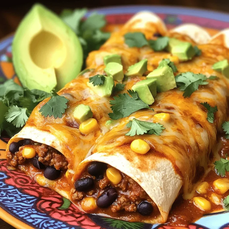 To make classic beef enchiladas, gather these key ingredients: - 1 pound ground beef - 1 small onion, diced - 2 cloves garlic, minced - 1 can (15 oz) black beans, drained and rinsed - 1 cup corn kernels - 2 cups enchilada sauce - 8 small flour tortillas - 2 cups shredded cheese - Additional ingredients for garnish Each ingredient plays a role in the final taste. The ground beef gives a savory base. Diced onions and garlic add depth and aroma. Black beans bring protein and a creamy texture. Corn adds sweetness and color, while enchilada sauce ties it all together with a spicy kick. The tortillas wrap everything up, and the cheese melts into a gooey blanket. You can customize your garnishes. Fresh cilantro adds a bright touch, and avocado slices give creaminess. Enjoying this dish is not just about taste; it’s also about sharing warmth and comfort. For the complete recipe, check out the Full Recipe. 1. Preheat the oven. Set it to 375°F (190°C) to warm up while you cook. 2. Sauté onion and garlic. Heat one tablespoon of olive oil in a large skillet over medium heat. Add one small diced onion and two minced garlic cloves. Cook for about 3 to 4 minutes until soft and clear. 3. Brown the ground beef. Add one pound of ground beef to the skillet. Use a spoon to break it apart as it cooks. Stir for about 6 to 7 minutes until it's brown. Drain any fat in the pan. 1. Mix in beans, corn, and seasonings. Add one can of drained black beans and one cup of corn to the beef. Sprinkle in one teaspoon of cumin and one teaspoon of chili powder. Season with salt and pepper to taste. Stir and cook for 2 to 3 minutes until heated. 2. Roll the tortillas. Take one small flour tortilla. Place a spoonful of the beef mixture in the center. Roll it up tightly and place it seam-side down in a greased 9x13 inch baking dish. Repeat this with the rest of the tortillas and filling. 1. Pour enchilada sauce and top with cheese. Once all the tortillas are in the dish, pour two cups of enchilada sauce evenly over them. Sprinkle two cups of shredded cheese on top. 2. Bake and cool before serving. Place the dish in the preheated oven. Bake for about 25 minutes until the cheese is melted and bubbly. After taking it out, let it cool for a few minutes before serving. To make your beef enchiladas shine, focus on spices. I recommend using cumin and chili powder. These add depth and warmth. For a twist, try smoked paprika for a smoky touch. Fresh ingredients also matter. Look for high-quality ground beef and vibrant veggies. This will elevate your dish and make it truly special. Serve your enchiladas on a colorful plate. Drizzle them with extra enchilada sauce for a pop of color. A sprinkle of chopped cilantro adds freshness. For a creamy touch, place avocado slices on the side. These small details enhance the overall look and make it more inviting. One common mistake is overfilling tortillas. This can cause them to break open. Aim for about two tablespoons of filling per tortilla. Another mistake is leaving out essential ingredients like cheese or sauce. These add flavor and help bind the dish together. Following these tips will ensure your enchiladas are a hit. {{image_2}} If you want to make this dish meat-free, try using beans or veggies instead. Black beans work well, adding protein and fiber. You can also use pinto beans or lentils for a different taste. For veggies, consider bell peppers, zucchini, or spinach. Just sauté them until tender before mixing them into your filling. This way, you keep the flavor while making it vegetarian friendly. Some like it hot! If you want spicier enchiladas, add jalapeños or a pinch of cayenne. You can also use a spicier enchilada sauce. If you prefer milder flavors, use less chili powder or go for a sweet sauce. Taste as you cook to find your perfect heat level. Remember, you can always add spice, but it’s hard to take it away! Cheese adds a creamy touch to your enchiladas. While cheddar is popular, try other cheeses for unique flavors. Monterey Jack melts well and brings a mild taste. Queso fresco adds a crumbly texture. Mixing cheeses can create a fun flavor. Don’t be afraid to experiment with your favorites! For the full recipe, check the link above. Enjoy your cooking! To store leftover enchiladas, let them cool first. Place them in an airtight container. You can keep them in the fridge for up to three days. When ready to eat, check that they smell fresh and look good. For freezing, wrap enchiladas in plastic wrap. Then, place them in a freezer-safe bag or container. They can last in the freezer for up to three months. Label the bags with the date so you don’t forget when you made them. Thaw them in the fridge overnight before reheating. To reheat enchiladas, use the oven for the best taste. Preheat it to 350°F (175°C). Place the enchiladas in a baking dish. Cover them with foil to keep them moist. Heat for about 20-25 minutes. If you’re in a hurry, you can use the microwave. Heat them in short bursts, checking often to avoid overcooking. Enjoy your meal with fresh toppings! Yes, you can use corn tortillas. They add a nice flavor. Corn tortillas are gluten-free. They tend to be thinner and can break easier. Flour tortillas are soft and chewy. They hold more filling and are great for wrapping. The choice is yours based on your taste and diet. You can keep enchiladas in the fridge for about three to four days. Store them in an airtight container. This keeps them fresh and tasty. If you want them to last longer, freeze them instead. They can stay good in the freezer for up to three months. Yes, preparing enchiladas ahead of time is a smart idea. You can fill the tortillas and place them in the baking dish. Cover them tightly with foil and store them in the fridge. Bake them the next day when you're ready to eat. This saves time and makes meal prep easier. I recommend using cheddar or a Mexican blend cheese. Cheddar melts nicely and adds great flavor. A Mexican blend combines different cheeses for a rich taste. Both options create a delicious topping for your enchiladas. For the complete Classic Beef Enchiladas recipe, check the [Full Recipe]. In this blog post, we explored how to make delicious Classic Beef Enchiladas. We covered the ingredients, step-by-step instructions, tips for great flavor, and variations for personal touches. Remember, the key is to use quality ingredients and avoid overfilling those tortillas. You can adapt this dish to fit your taste, whether vegetarian or spicy. With proper storage, these enchiladas can stay fresh for days. Enjoy sharing this tasty meal with friends and family!