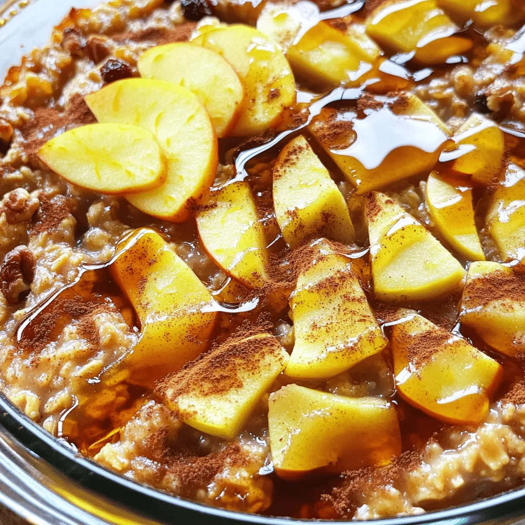 - 2 cups rolled oats - 2 cups almond milk or milk of choice - 2 large apples, peeled and diced - 1/2 cup brown sugar or coconut sugar - 1/4 cup maple syrup - 1/4 cup unsweetened applesauce - 2 teaspoons ground cinnamon - 1 teaspoon vanilla extract - 1/2 teaspoon baking powder - 1/4 teaspoon salt - 1/2 cup chopped walnuts or pecans - 1/4 cup raisins To create my apple cinnamon oatmeal bake, I focus on simple, wholesome ingredients. The base is rolled oats, which give great texture. Almond milk keeps it creamy, but feel free to use any milk you like. I love using apples, especially when they are sweet and crisp. Brown sugar adds a rich taste, while maple syrup and applesauce keep it moist and flavorful. The spices are key. Cinnamon brings warmth, and vanilla adds depth. Baking powder helps the bake rise, while salt balances the sweetness. You can make it your own by adding nuts or raisins. The nuts add crunch, and the raisins bring a nice chew. This recipe is all about personal taste, so feel free to mix and match! Check out the full recipe to see how to bring it all together. - Preheat your oven to 350°F (175°C). - Grease a 9x13 inch baking dish. First, set your oven to 350°F. This step warms the oven and helps cook the dish evenly. Next, grab a 9x13 inch baking dish. Use a small amount of oil or butter to grease it. This prevents sticking and makes serving easier. - Combine rolled oats, baking powder, ground cinnamon, and salt. - Whisk together almond milk, brown sugar, maple syrup, applesauce, and vanilla extract. In a large bowl, mix the rolled oats, baking powder, ground cinnamon, and salt. Stir well to blend all the dry ingredients. In another bowl, whisk the almond milk, brown sugar, maple syrup, applesauce, and vanilla extract. Make sure everything is combined smoothly. This mixture adds moisture and flavor to your bake. - Combine wet and dry mixes with diced apples and optional add-ins. - Transfer the mixture to a baking dish and bake for 30-35 minutes. Now, pour the wet mix into the bowl with the dry mix. Add the diced apples and any optional add-ins, like walnuts or raisins. Stir until just combined. Pour this mixture into your greased baking dish. Spread it out evenly. Bake for 30-35 minutes. Check the doneness by inserting a knife; it should come out clean. Your kitchen will smell amazing during baking! For the full recipe, refer to the earlier section. Check doneness by inserting a knife into the center. If it comes out clean, it's ready. Baking times can vary. Adjust based on your oven’s performance. Some ovens run hotter or cooler than others. Drizzle with extra maple syrup for added sweetness. Fresh apple slices add a nice crunch. A dollop of yogurt on top makes it creamy and delicious. For a creamier texture, add more almond milk. This will make your bake softer. You can also experiment with different apple varieties. Try Granny Smith for tartness or Honeycrisp for sweetness. Each type gives a unique flavor to your dish. You can find the full recipe to explore more variations. {{image_2}} You can easily make this dish nut-free. Simply omit the walnuts from the recipe. Instead, use sunflower seeds. They add a nice crunch and are safe for those with nut allergies. If you need to avoid gluten, this recipe can still work for you. Just ensure that the oats you use are certified gluten-free. This small change helps keep the dish safe and tasty for everyone. Want to give your oatmeal bake a unique flair? Here are some ideas: - Add cranberries for a tart contrast. They bring a bright flavor that pairs well with apples. - Incorporate spices like nutmeg or ginger for added warmth. These spices can enhance the cozy feel of your bake. Feel free to explore these variations to make this dish your own! For the full recipe, check out the earlier sections. Keep your apple cinnamon oatmeal bake in the refrigerator for up to 5 days. Make sure to cover it well. This keeps it fresh and tasty for breakfast or snacks. Freeze any leftovers in an airtight container for up to 3 months. This is great if you want to save some for later. Just label the container with the date to stay organized. To reheat, you can microwave individual portions for easy warmth. This method is quick and simple. If you prefer baking, place it in the oven at 350°F until warmed through. This brings back that fresh-baked taste. Yes, you can prepare the mixture the night before and bake in the morning. This makes breakfast easy. Just store the mixture in the fridge. In the morning, pour it into the baking dish and bake as you normally would. Granny Smith and Honeycrisp are great choices for their flavor and texture. Granny Smith apples add a tart taste, while Honeycrisp apples bring a sweet crunch. You can mix different apples for a fun flavor twist. Yes, use almond milk and maple syrup for a fully vegan version. This keeps the dish plant-based while still being sweet and tasty. You can also skip the eggs and use applesauce instead, which helps bind everything together. Adjust the amount of brown sugar and maple syrup to taste. If you like it sweeter, add more sugar. If you prefer less sweetness, cut back on the syrup. Taste as you mix to find your perfect balance. Rolled oats are recommended for the best texture in this baked recipe. They hold their shape well during baking. Instant oats may make the dish too mushy. Stick with rolled oats for a hearty bite. This apple cinnamon oatmeal bake is easy and fun to make. You need just a few simple ingredients, like rolled oats and apples. Follow the steps carefully and adjust the recipe to fit your taste. Remember, you can add nuts or change up the fruits. Store leftovers well for later. Enjoy your delicious and healthy dish!