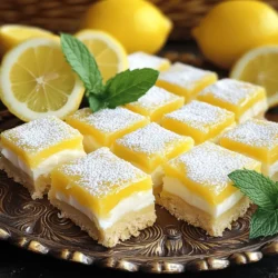 To make easy lemon bars, gather these simple ingredients: - 1 cup all-purpose flour - 1/2 cup powdered sugar (plus extra for dusting) - 1/4 teaspoon salt - 1/2 cup unsalted butter, melted - 2 large eggs - 1 cup granulated sugar - 1/4 cup freshly squeezed lemon juice - Zest of 1 lemon - 1/2 teaspoon baking powder You can customize your lemon bars with some optional ingredients: - Add a pinch of vanilla extract for extra flavor. - Use lime juice or orange juice for a different twist. - Top with fresh berries for a fruity touch. With these ingredients, you will create a bright and tangy dessert. Each bite will burst with lemon flavor. The combination of sweet and tart makes them a delight. For the full recipe, check below. 1. Make the crust: Start by preheating your oven to 350°F (175°C). Grease an 8x8 inch baking dish or line it with parchment paper. In a medium bowl, mix together 1 cup of all-purpose flour, 1/2 cup of powdered sugar, and 1/4 teaspoon of salt. This mix gives the crust a sweet and light taste. Pour in 1/2 cup of melted unsalted butter. Stir until it turns into a crumbly dough. Press this dough evenly into the bottom of your baking dish. 2. Bake the crust: Place the crust in your oven for 15 minutes. You want it to look lightly golden. This step sets the base for your lemon bars. 3. Prepare the lemon filling: While the crust is baking, grab a new bowl. Whisk together 2 large eggs and 1 cup of granulated sugar until smooth. This mix should look a bit frothy. Add in 1/4 cup of freshly squeezed lemon juice, the zest of 1 lemon, and 1/2 teaspoon of baking powder. Mix well until everything is combined. 4. Combine and bake: After removing the crust from the oven, pour the lemon mixture over the hot crust. Return the dish to the oven and bake for another 20 to 25 minutes. Look for a set filling that is lightly browned on top. 5. Cool and serve: When done, take the dish out and let it cool for at least 15 minutes. Then, transfer it to a wire rack to cool completely. Dust the top with powdered sugar before cutting into squares or bars. Now, you have a delightful treat ready to enjoy! For the full recipe, check out the detailed instructions above. To make the best lemon bars, avoid common mistakes. Here are some tips to help you succeed: - Use fresh lemons. Fresh juice and zest give the best flavor. Bottled lemon juice lacks the bright taste you need. - Don’t skip the cooling step. Let the bars cool in the pan before cutting. This helps them set properly and keeps their shape. - Watch the baking time. Overbaking can lead to a dry texture. Look for a light golden top and a slight jiggle in the center. For the perfect texture, try these tricks: - Chill the crust. After pressing the crust into the pan, chill it for 15 minutes before baking. This helps it hold its shape. - Beat the eggs well. Mix the eggs and sugar until smooth and frothy. This creates a light filling. - Sift the powdered sugar. This helps avoid lumps and gives a smooth finish on top. Recommended tools for this recipe include: - 8x8 inch baking dish. This size is perfect for even baking. - Whisk and mixing bowls. These help combine ingredients smoothly. - Zester. A good zester gets the most flavorful zest without the bitter white pith. By following these tips, you can make lemon bars that impress everyone. For the complete recipe, check the Full Recipe section. {{image_2}} You can change the flavor of your lemon bars easily. Try using different citrus fruits. For a twist, use lime, orange, or grapefruit juice. Each fruit adds its own special taste that kids and adults will love. Adding fresh herbs can also boost flavor. Mint, basil, or rosemary can add a fun twist. Just chop them finely and mix them into the lemon filling. This can give your bars a fresh and unique taste. If you're looking for gluten-free options, swap the all-purpose flour for almond flour or coconut flour. These flours work well and keep the yummy taste. For a vegan version, replace eggs with flaxseed meal. Mix one tablespoon of flaxseed meal with three tablespoons of water. Let it sit for a few minutes until it thickens. This will help bind the mixture just like eggs do. For the full recipe, refer to the main section. Enjoy your lemon bars with these fun variations! To keep your lemon bars fresh, store them in an airtight container. This keeps them moist and tasty. You can leave them at room temperature for up to three days. If you want to save them longer, place them in the fridge. They last up to a week when chilled. For longer storage, freeze your lemon bars. First, cut them into squares. Wrap each square in plastic wrap, then place them in a freezer bag. They can stay frozen for up to three months without losing flavor. When you want to enjoy your frozen lemon bars, take them out and let them thaw at room temperature. If you prefer a warm treat, you can reheat them in the oven. Set your oven to 350°F (175°C) and bake for 5-10 minutes. This warms them through without losing their tangy goodness. For a delicious finish, dust with powdered sugar before serving. Now, you can enjoy your lemon bars anytime! For the full recipe, check out the earlier section. What is the best way to slice lemon bars? Use a sharp knife for clean cuts. First, cool the bars completely. Dust with powdered sugar. Then, cut into squares or rectangles. For neat edges, wipe the knife with a damp cloth after each slice. Can I make lemon bars ahead of time? Yes, you can make lemon bars a day before. Let them cool completely and store in the fridge. This helps the flavors meld nicely. Just remember to dust with powdered sugar before serving. How can I adjust the sweetness of the lemon filling? To change the sweetness, add or reduce sugar. For a less sweet filling, cut back on granulated sugar. Taste the mix before baking to find the right balance. You can also add more lemon juice for a tangy kick. For the full recipe, check out the section above! We explored the best ways to make lemon bars, from ingredients to baking tips. You learned about customizing flavors, storing them right, and solving common problems. Remember, the key is to follow each step carefully for tasty results. Baking is fun and can be easy with the right tips. Enjoy your lemon bars fresh or as a snack later. Keep experimenting and make them your own!