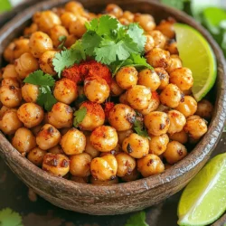 - 1 can (15 oz) chickpeas, drained and rinsed - 2 tablespoons olive oil - 1 teaspoon chili powder - 1 teaspoon smoked paprika - 1/2 teaspoon cumin - 1/2 teaspoon garlic powder - Zest of 1 lime - Juice of 1 lime - Salt and pepper to taste - Fresh cilantro, chopped (for garnish) Each ingredient plays a key role in flavor and texture. The olive oil helps the chickpeas crisp up nicely. The lime zest and juice add fresh tang. The spices give a bold kick, while salt brings all the flavors together. I recommend measuring carefully for the best results. You can add more than just cilantro. Try diced avocado or a sprinkle of queso fresco. For a spicy kick, drizzle hot sauce over the top. These options can elevate your snack and make it even more enjoyable. First, gather all your ingredients. You need a can of chickpeas, olive oil, and spices. The spices are chili powder, smoked paprika, cumin, garlic powder, lime zest, and lime juice. Don't forget salt and pepper to taste. 1. Preheat your oven to 400°F (200°C). Line a baking sheet with parchment paper. This step helps with easy cleanup. 2. Drain and rinse the chickpeas in a colander. This removes the brine and extra sodium. 3. Spread the chickpeas on a clean kitchen towel. Pat them dry. Removing moisture is key for crispiness. Now we're ready to season and roast. 1. In a mixing bowl, add the dried chickpeas. 2. Pour in the olive oil and sprinkle the chili powder, smoked paprika, cumin, and garlic powder. Add lime zest and juice. Season with salt and pepper. 3. Toss everything well. Make sure every chickpea gets coated. 4. Spread the chickpeas in a single layer on the baking sheet. Avoid crowding them. This helps them roast evenly. 5. Place the sheet in the oven. Roast for 25-30 minutes. Stir halfway through to ensure even browning. Watch closely to avoid burning. Once they're golden brown and crispy, it's time to finish up. 1. Remove the chickpeas from the oven. Let them cool slightly before tasting. 2. Feel free to adjust the seasoning if you want more flavor. 3. Garnish with fresh chopped cilantro. This adds a nice touch and extra flavor. For the full recipe, refer back to the ingredient section. Enjoy your crunchy snack delight! To get your chickpeas crispy, focus on drying them well. After rinsing, spread them on a kitchen towel. Pat them dry until no moisture remains. The drier they are, the crunchier they will be. Also, spread them in a single layer on the baking sheet. This simple step prevents steaming and helps them roast evenly. You can boost the flavor of your chickpeas easily. Try adding different spices like onion powder or cayenne for heat. Mixing in a splash of lime juice before serving adds freshness. A sprinkle of nutritional yeast gives a cheesy taste without dairy. Experiment with these ideas to make your snack unique. Avoid using too much oil. While it helps with crispiness, too much can make them soggy. Make sure not to crowd the chickpeas on the baking sheet. This leads to uneven roasting. Lastly, don't forget to stir them halfway through cooking. This helps them brown on all sides. Following these tricks will ensure you enjoy the best chili lime roasted chickpeas. For the full recipe, check the earlier section. {{image_2}} If you love heat, try adding cayenne pepper or crushed red pepper flakes. These spices give a nice kick. You can also mix in some hot sauce before roasting. For an extra spicy treat, add jalapeño powder to the mix. You can adjust the spice to fit your taste. Switching up the herbs can change the flavor. Try using oregano or thyme instead of cumin. You can also replace lime zest with lemon zest for a different twist. Fresh herbs like rosemary or dill bring a new taste. Experiment with your favorite spices to find what you love. Chili lime roasted chickpeas make a great snack. You can serve them in a bowl for parties. They also work well as a crunchy topping on salads. Try adding them to your grain bowls for extra texture. Pair them with a yogurt dip or guacamole for a fun snack. Check out the Full Recipe for more ideas! To store leftover chili lime roasted chickpeas, place them in an airtight container. This keeps them fresh and crunchy. Make sure the chickpeas are completely cool before sealing. If they are still warm, steam can build up inside and make them soggy. When you're ready to enjoy your leftovers, preheat your oven to 350°F (175°C). Spread the chickpeas on a baking sheet in a single layer. Bake for about 10 minutes, or until they are warm and crispy again. Avoid using the microwave, as it makes them soft and chewy. Chili lime roasted chickpeas last about 3-5 days in the fridge. If you want to keep them longer, consider freezing them. Place the cooled chickpeas in a freezer-safe bag. They can last up to three months in the freezer. When you want to eat them, just follow the reheating instructions above. Enjoy your crunchy snack delight anytime! Chickpeas are packed with protein and fiber. They help keep you full for longer. They also have vitamins and minerals that benefit your health. Eating chickpeas can support digestion and heart health. Plus, they are low in calories, making them a great choice for a snack. Roasting them adds crunch without extra fat. This makes them a tasty and nutritious option for any time of day. Yes, you can use dried chickpeas, but they need extra steps. First, soak them overnight in water. This softens them and cuts down cooking time. After soaking, cook them until they are tender. You can boil them on the stove or use a pressure cooker. Once cooked, drain and dry them well. Then, follow the same steps in the Full Recipe for roasting. Dried chickpeas can taste even better when roasted! Adjusting spice is easy! If you want less heat, cut back on the chili powder. You can also skip the smoked paprika if you prefer a milder flavor. For more heat, add extra chili powder or a pinch of cayenne. Taste the mix before roasting. This way, you can make sure it’s just right for you. Enjoy experimenting to find your perfect spice level! In this post, I covered ingredients, instructions, tips, variations, and storage for chickpeas. You have the knowledge to make them crisp, tasty, and healthy. Remember to choose your flavors wisely and avoid common mistakes. Explore spicy versions or herb mixes to keep things fresh. Store leftovers properly and enjoy your snack later. Chickpeas are versatile and easy to make, so have fun with them. In the end, great chickpeas can be yours with a little care and creativity. Enjoy your tasty adventure!