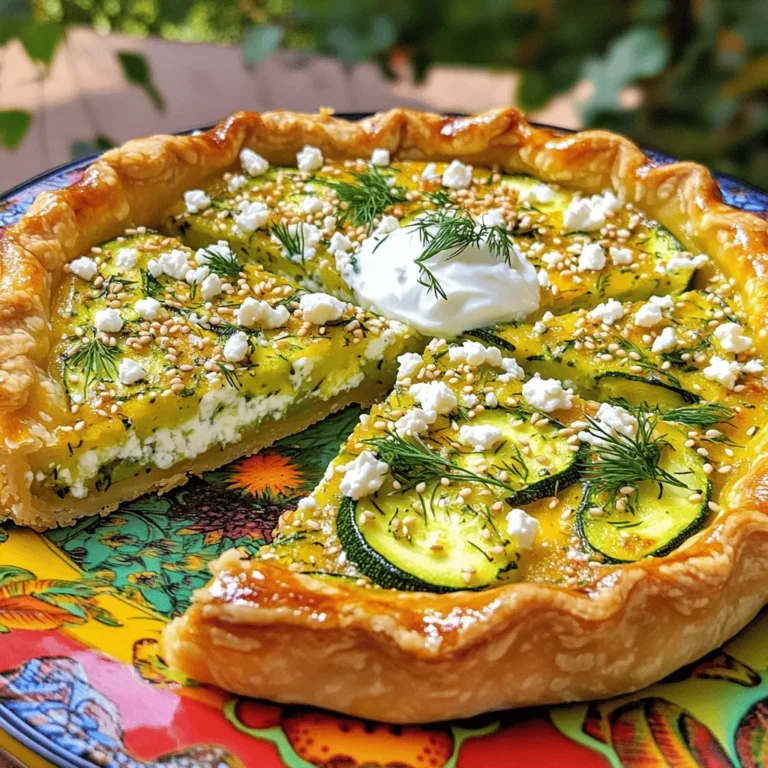 - Zucchini and its preparation: You need 3 medium zucchinis. Start by grating them. This helps release water. Then, sprinkle them with salt and let them sit for 10 minutes. After that, squeeze out the excess water using a clean kitchen towel. This step is key to avoid a soggy pie. - Feta cheese and yogurt details: Use 200g of crumbled feta cheese. Feta adds a salty and creamy flavor that pairs well with zucchini. You also need 1 cup of Greek yogurt. This thickens the batter and adds a tangy taste. - Other essential ingredients: The recipe also calls for 3 large eggs, 1 cup of all-purpose flour, and 1 teaspoon each of baking powder, dried oregano, and garlic powder. You will also need salt and pepper to taste. Lastly, add 1 tablespoon of olive oil to grease the dish. - Fresh herbs and garnishes: For extra flavor, you can add fresh herbs like dill. Chopped dill works great and adds a fresh touch. You can use 1/2 cup of fresh dill, but this is optional. - Alternative cheeses and toppings: If you prefer, try different cheeses. Goat cheese or ricotta can work well too. For a fun twist, sprinkle 1 tablespoon of sesame seeds on top for crunch. This adds a nice texture and flavor contrast. Prepping the zucchini Start by washing the zucchinis well. Grate them using a box grater or food processor. Place the grated zucchini in a bowl. Add a pinch of salt to draw out moisture. Let it sit for 10 minutes. After that, squeeze the zucchini in a clean kitchen towel. This step helps to remove extra water. Less moisture makes a better pie. Combining the wet ingredients In a separate bowl, whisk together the Greek yogurt and eggs. Make sure they blend well. This mixture adds creaminess to the pie. Once you mix the wet ingredients, it’s time to add the dry ones. How to make the batter Combine the crumbled feta, flour, baking powder, oregano, and garlic powder with the wet mixture. Then, add the squeezed zucchini. Stir until you form a thick batter. This batter is the heart of your dish, so mix it well. Importance of ingredient order The order of ingredients matters. Start with the wet ones. Then, mix in the dry ones and zucchini. This helps everything blend evenly and makes a smooth batter. Following this order makes sure the flavors mix perfectly. Oven settings and safe practices Preheat your oven to 180°C (350°F). Grease a round pie dish with olive oil. This step keeps the pie from sticking. Pour the batter into the dish and smooth it out. Tips for checking doneness Bake your pie for about 35-40 minutes. To check if it’s done, insert a toothpick into the center. If it comes out clean, the pie is ready. Look for a golden brown top. Let the pie cool for a few minutes before slicing. Enjoy this flavorful dish warm or at room temperature. For the full recipe, refer to the earlier section. How to avoid excess moisture To keep your pie from being soggy, start with the zucchini. After grating it, sprinkle salt on it and let it sit. This draws out water. After ten minutes, squeeze the zucchini in a clean towel. This step is key! The drier the zucchini, the firmer your pie will be. Achieving the right balance of flavors Use a good amount of feta cheese. It adds saltiness and richness. The Greek yogurt gives moisture and tang. Mix these well with the other ingredients. You want a thick batter. If it feels too dry, add a bit more yogurt. Taste as you go to ensure the right balance. Best accompaniments for the pie This pie pairs well with a fresh salad. A simple green salad with lemon dressing works great. You can also serve it with a dollop of yogurt on the side. It adds creaminess and complements the flavors. Ideas for presentation Slice the pie into wedges and place them on a colorful platter. Scatter fresh dill on top for a pop of green. You can also sprinkle sesame seeds for some crunch. Serve it warm or at room temperature. This pie looks lovely and tastes even better. For the full recipe, check the details above. {{image_2}} You can change the cheese in your zucchini and feta pie to mix things up. If you want a different flavor, try goat cheese or ricotta. Both options add a creamy texture and a unique taste. For those who avoid dairy, there are great alternatives. Look for vegan cheeses made from nuts or soy. They melt well and add good flavor. Just make sure to choose one that has a similar texture to feta. Seasonal veggies can make your pie even better. Think of adding bell peppers, spinach, or cherry tomatoes. These ingredients not only add color but also boost the taste. You can also play with spices and herbs to change the flavor. Add fresh basil or thyme for a summer twist. A pinch of chili flakes can bring some heat. These simple changes keep your dish exciting and fresh. For the full recipe, check out the Zesty Zucchini & Feta Delight. To keep your Zucchini and Feta Pie fresh, use airtight containers. Glass containers work well, as they prevent odors. You can also use plastic containers, but make sure they seal tightly. Store the pie in the fridge for up to three days. This keeps it safe and tasty for later meals. If you want to save the pie for later, freezing is a great option. Wrap individual slices in plastic wrap, then place them in a freezer bag. This helps avoid freezer burn. You can freeze the pie for up to two months. When you’re ready to eat, take a slice out and let it thaw in the fridge overnight. To reheat, place the slice in the oven at 180°C (350°F) for about 15 minutes. This keeps the crust crispy and the inside warm. Enjoy your pie just like when it was fresh! For the full recipe, refer to the Zesty Zucchini & Feta Delight. Can I use frozen zucchini? Yes, you can use frozen zucchini. Just thaw it first and squeeze out the extra water. Frozen zucchini may have more moisture than fresh, so be careful. It can work but may change the pie's texture slightly. What can I substitute for Greek yogurt? If you don’t have Greek yogurt, try sour cream or plain yogurt. These options provide a similar tangy taste. You can also use cottage cheese for a different texture, but blend it first for smoothness. What to do if the pie is too watery? If your pie is too watery, try baking it longer. You can also drain excess moisture from the zucchini before mixing. Another tip is to add a bit more flour to absorb the liquid. How to fix a pie that doesn't rise? If the pie doesn’t rise, check your baking powder. Ensure it is fresh and not expired. Also, make sure to mix the batter just until combined. Overmixing can make it dense and prevent it from rising. When is the pie best served? The pie is best served warm, right out of the oven. You can enjoy it at room temperature too. Pair it with a salad or yogurt for a tasty meal. Can I make this ahead of time? Yes, you can make the pie ahead of time. Just bake it and store it in the fridge. Reheat it in the oven before serving to bring back its fresh taste. For the full recipe, check the details above. This blog post covered a simple way to make zucchini and feta pie. We explored key ingredients, including zucchini and cheese, plus optional herbs for added flavor. I shared step-by-step instructions on preparing, mixing, and baking the pie. Tips helped perfect the texture and suggested creative ways to serve it. In closing, feel confident experimenting with variations. Enjoy the process, and share your creations with others for a truly rewarding experience!