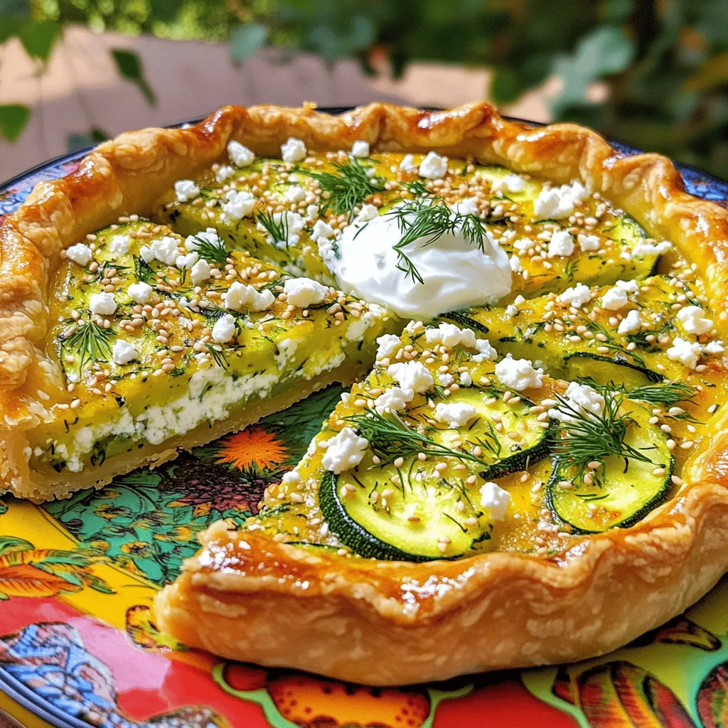 - Zucchini and its preparation: You need 3 medium zucchinis. Start by grating them. This helps release water. Then, sprinkle them with salt and let them sit for 10 minutes. After that, squeeze out the excess water using a clean kitchen towel. This step is key to avoid a soggy pie. - Feta cheese and yogurt details: Use 200g of crumbled feta cheese. Feta adds a salty and creamy flavor that pairs well with zucchini. You also need 1 cup of Greek yogurt. This thickens the batter and adds a tangy taste. - Other essential ingredients: The recipe also calls for 3 large eggs, 1 cup of all-purpose flour, and 1 teaspoon each of baking powder, dried oregano, and garlic powder. You will also need salt and pepper to taste. Lastly, add 1 tablespoon of olive oil to grease the dish. - Fresh herbs and garnishes: For extra flavor, you can add fresh herbs like dill. Chopped dill works great and adds a fresh touch. You can use 1/2 cup of fresh dill, but this is optional. - Alternative cheeses and toppings: If you prefer, try different cheeses. Goat cheese or ricotta can work well too. For a fun twist, sprinkle 1 tablespoon of sesame seeds on top for crunch. This adds a nice texture and flavor contrast. Prepping the zucchini Start by washing the zucchinis well. Grate them using a box grater or food processor. Place the grated zucchini in a bowl. Add a pinch of salt to draw out moisture. Let it sit for 10 minutes. After that, squeeze the zucchini in a clean kitchen towel. This step helps to remove extra water. Less moisture makes a better pie. Combining the wet ingredients In a separate bowl, whisk together the Greek yogurt and eggs. Make sure they blend well. This mixture adds creaminess to the pie. Once you mix the wet ingredients, it’s time to add the dry ones. How to make the batter Combine the crumbled feta, flour, baking powder, oregano, and garlic powder with the wet mixture. Then, add the squeezed zucchini. Stir until you form a thick batter. This batter is the heart of your dish, so mix it well. Importance of ingredient order The order of ingredients matters. Start with the wet ones. Then, mix in the dry ones and zucchini. This helps everything blend evenly and makes a smooth batter. Following this order makes sure the flavors mix perfectly. Oven settings and safe practices Preheat your oven to 180°C (350°F). Grease a round pie dish with olive oil. This step keeps the pie from sticking. Pour the batter into the dish and smooth it out. Tips for checking doneness Bake your pie for about 35-40 minutes. To check if it’s done, insert a toothpick into the center. If it comes out clean, the pie is ready. Look for a golden brown top. Let the pie cool for a few minutes before slicing. Enjoy this flavorful dish warm or at room temperature. For the full recipe, refer to the earlier section. How to avoid excess moisture To keep your pie from being soggy, start with the zucchini. After grating it, sprinkle salt on it and let it sit. This draws out water. After ten minutes, squeeze the zucchini in a clean towel. This step is key! The drier the zucchini, the firmer your pie will be. Achieving the right balance of flavors Use a good amount of feta cheese. It adds saltiness and richness. The Greek yogurt gives moisture and tang. Mix these well with the other ingredients. You want a thick batter. If it feels too dry, add a bit more yogurt. Taste as you go to ensure the right balance. Best accompaniments for the pie This pie pairs well with a fresh salad. A simple green salad with lemon dressing works great. You can also serve it with a dollop of yogurt on the side. It adds creaminess and complements the flavors. Ideas for presentation Slice the pie into wedges and place them on a colorful platter. Scatter fresh dill on top for a pop of green. You can also sprinkle sesame seeds for some crunch. Serve it warm or at room temperature. This pie looks lovely and tastes even better. For the full recipe, check the details above. {{image_2}} You can change the cheese in your zucchini and feta pie to mix things up. If you want a different flavor, try goat cheese or ricotta. Both options add a creamy texture and a unique taste. For those who avoid dairy, there are great alternatives. Look for vegan cheeses made from nuts or soy. They melt well and add good flavor. Just make sure to choose one that has a similar texture to feta. Seasonal veggies can make your pie even better. Think of adding bell peppers, spinach, or cherry tomatoes. These ingredients not only add color but also boost the taste. You can also play with spices and herbs to change the flavor. Add fresh basil or thyme for a summer twist. A pinch of chili flakes can bring some heat. These simple changes keep your dish exciting and fresh. For the full recipe, check out the Zesty Zucchini & Feta Delight. To keep your Zucchini and Feta Pie fresh, use airtight containers. Glass containers work well, as they prevent odors. You can also use plastic containers, but make sure they seal tightly. Store the pie in the fridge for up to three days. This keeps it safe and tasty for later meals. If you want to save the pie for later, freezing is a great option. Wrap individual slices in plastic wrap, then place them in a freezer bag. This helps avoid freezer burn. You can freeze the pie for up to two months. When you’re ready to eat, take a slice out and let it thaw in the fridge overnight. To reheat, place the slice in the oven at 180°C (350°F) for about 15 minutes. This keeps the crust crispy and the inside warm. Enjoy your pie just like when it was fresh! For the full recipe, refer to the Zesty Zucchini & Feta Delight. Can I use frozen zucchini? Yes, you can use frozen zucchini. Just thaw it first and squeeze out the extra water. Frozen zucchini may have more moisture than fresh, so be careful. It can work but may change the pie's texture slightly. What can I substitute for Greek yogurt? If you don’t have Greek yogurt, try sour cream or plain yogurt. These options provide a similar tangy taste. You can also use cottage cheese for a different texture, but blend it first for smoothness. What to do if the pie is too watery? If your pie is too watery, try baking it longer. You can also drain excess moisture from the zucchini before mixing. Another tip is to add a bit more flour to absorb the liquid. How to fix a pie that doesn't rise? If the pie doesn’t rise, check your baking powder. Ensure it is fresh and not expired. Also, make sure to mix the batter just until combined. Overmixing can make it dense and prevent it from rising. When is the pie best served? The pie is best served warm, right out of the oven. You can enjoy it at room temperature too. Pair it with a salad or yogurt for a tasty meal. Can I make this ahead of time? Yes, you can make the pie ahead of time. Just bake it and store it in the fridge. Reheat it in the oven before serving to bring back its fresh taste. For the full recipe, check the details above. This blog post covered a simple way to make zucchini and feta pie. We explored key ingredients, including zucchini and cheese, plus optional herbs for added flavor. I shared step-by-step instructions on preparing, mixing, and baking the pie. Tips helped perfect the texture and suggested creative ways to serve it. In closing, feel confident experimenting with variations. Enjoy the process, and share your creations with others for a truly rewarding experience!