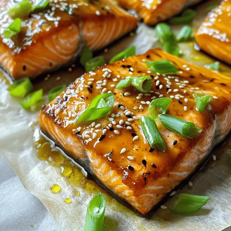- 4 salmon fillets (about 6 oz each) - 3 tablespoons miso paste (white or yellow) - 2 tablespoons honey - 1 tablespoon soy sauce (or tamari for gluten-free) - 1 tablespoon rice vinegar - 1 tablespoon sesame oil - 2 cloves garlic, minced - 1 teaspoon grated ginger - Green onions, thinly sliced - Sesame seeds Choosing fresh salmon is key for this dish. Look for bright and shiny skin. The flesh should be firm and smell clean. If you can, buy wild-caught salmon for the best flavor and health benefits. Now, let’s talk about miso paste. There are different types. White miso is mild and slightly sweet. Yellow miso has a bit more depth. Both work well for this recipe. Using high-quality miso paste makes a big difference in taste. Always check the label for freshness and ingredients. For the full recipe, remember to check out the detailed steps to create this dish. Enjoy your cooking! To make the glaze, you start by whisking together the ingredients. In a bowl, mix: - 3 tablespoons miso paste - 2 tablespoons honey - 1 tablespoon soy sauce - 1 tablespoon rice vinegar - 1 tablespoon sesame oil - 2 cloves garlic, minced - 1 teaspoon grated ginger Whisk until it is smooth and well combined. The glaze should be thick but pourable. If it is too thick, you can add a little water to reach the right consistency. Next, you need to marinate the salmon. Place the salmon fillets in a shallow dish or zip-top bag. Pour the miso glaze over the salmon. Make sure each piece is well coated. For best flavor, let the salmon marinate for at least 30 minutes. If you want a stronger taste, marinate for up to 2 hours. Now, it is time to bake the salmon. Preheat your oven to 400°F (200°C). Line a baking sheet with parchment paper. After marinating, remove the salmon from the marinade and place the fillets skin-side down on the baking sheet. Save the leftover marinade for later. Bake the salmon for 12-15 minutes. It is done when it flakes easily with a fork. To add more flavor, heat the reserved marinade in a saucepan. Bring it to a boil, then let it simmer for about 5 minutes until it thickens. Brush this glaze over the salmon before serving. Enjoy your delicious dish! For the full recipe, check [Full Recipe]. To get the best glaze, start with the right consistency. If the glaze is too thin, you can thicken it. Simply simmer it longer on low heat until it reduces. This will make the glaze stick better to the salmon. Avoid overcooking your salmon. It should be flaky but not dry. Check it after 12 minutes in the oven. Make your plate pretty by serving the salmon on a clean white dish. You can add a side of steamed broccoli or rice for color and balance. For extra flair, drizzle some of the thickened glaze over the salmon. Garnish with green onions and sesame seeds for a pop of color and crunch. Salmon is packed with good nutrients. It is high in protein and omega-3 fatty acids. These fats help your heart and brain. Miso paste is also healthy. It is full of probiotics, which are great for your gut health. Plus, it adds a unique flavor to our dish. Enjoy the taste and health benefits of miso glazed salmon! {{image_2}} You can easily change the flavor of your miso glazed salmon. Adding a bit of chili paste gives it a nice kick. Start with a small amount, then taste and adjust. This step lets you control the spice level. If you want a sweeter taste, try using maple syrup instead of honey. It adds a unique flavor and keeps the dish vibrant. You have choices when it comes to cooking methods. Grilling the salmon gives it a smoky flavor that many love. Just make sure the grill is hot and the salmon is oiled to prevent sticking. If you prefer baking, follow the steps in the Full Recipe. You can also try pan-searing. This method will give you a nice crust on the salmon. Just heat some oil in a pan, place the fillets skin-side down, and cook until golden brown. Making dietary adjustments is simple with this recipe. For a gluten-free option, use tamari instead of soy sauce. This swap maintains the sauce's flavor without gluten. If you want a low-sodium version, reduce or omit the soy sauce. You can also dilute the miso paste with water to cut the salt. These changes let you enjoy miso glazed salmon while sticking to your dietary needs. After you enjoy your miso glazed salmon, store any leftovers in the fridge. Place the salmon in an airtight container. This helps keep it fresh for later. It’s best to eat the leftovers within three days for the best taste. If you want to save it for longer, freezing is a good option. Wrap each fillet in plastic wrap, then place them in a freezer bag. They can last for up to three months in the freezer. When you are ready to eat your leftovers, reheating them is key. The best way to reheat salmon is in the oven. Preheat your oven to 275°F (135°C). Place the salmon on a baking sheet and cover it with foil. Heat for about 15 minutes. This keeps the salmon moist and tender. You can also use the microwave, but be careful. Heat it in short bursts to avoid drying it out. You can keep miso glazed salmon in the fridge for about three days. If you freeze it, it can last up to three months. Always check for signs of spoilage before eating. If the salmon smells off or has a slimy texture, it’s best to toss it. Fresh salmon should have a light smell and firm texture. Always trust your senses! The best salmon for miso glazed salmon is wild-caught salmon. Wild salmon has a rich taste and firm texture. It also has more nutrients than farmed salmon. Farmed salmon is another option. It tends to be milder in flavor and is often more affordable. Popular types include: - Sockeye: Deep red color, rich flavor. - King (Chinook): High in fat, very buttery. - Coho: Milder flavor, good balance of fat. All these types work well with the glaze. Yes, you can use other types of fish. Miso glaze pairs well with mild fish. Here are some great options: - Trout: Similar texture to salmon. - Cod: Firm, flaky, and absorbs flavors well. - Halibut: Mild taste, cooks evenly. Adjust cooking times based on the fish you choose. To check if the salmon is done, use a food thermometer. The internal temperature should reach 145°F (63°C). If you don’t have a thermometer, look for these signs: - The salmon should flake easily with a fork. - The flesh should change from translucent to opaque. Keep an eye on it while baking. Overcooking can dry it out. Yes, you can make the miso glaze ahead of time. Store it in an airtight container. It lasts up to one week in the fridge. For best flavor, marinate the salmon for at least 30 minutes. You can marinate it for up to 2 hours. This allows the flavors to soak in. Miso glazed salmon is quite healthy. Salmon is rich in omega-3 fatty acids, which are good for your heart. It's also a great source of protein. Miso paste adds probiotics, which help your gut health. The glaze uses honey, which is a natural sweetener. Overall, this dish is both tasty and nutritious. For a full recipe, check out the [Full Recipe]. Miso glazed salmon is simple yet delicious. We covered key ingredients, like miso paste and fresh salmon. I shared steps to make the glaze and marinate the fish properly. You learned tips to present and store it well. This dish is not just tasty but also nutritious. I encourage you to try different flavors and cooking methods. With the right approach, you can enjoy a healthy, mouth-watering meal any time. Happy cooking!