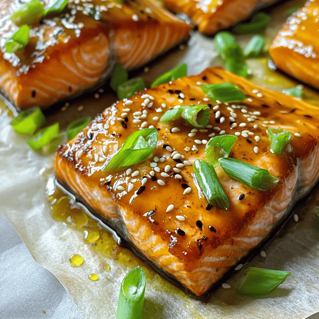 - 4 salmon fillets (about 6 oz each) - 3 tablespoons miso paste (white or yellow) - 2 tablespoons honey - 1 tablespoon soy sauce (or tamari for gluten-free) - 1 tablespoon rice vinegar - 1 tablespoon sesame oil - 2 cloves garlic, minced - 1 teaspoon grated ginger - Green onions, thinly sliced - Sesame seeds Choosing fresh salmon is key for this dish. Look for bright and shiny skin. The flesh should be firm and smell clean. If you can, buy wild-caught salmon for the best flavor and health benefits. Now, let’s talk about miso paste. There are different types. White miso is mild and slightly sweet. Yellow miso has a bit more depth. Both work well for this recipe. Using high-quality miso paste makes a big difference in taste. Always check the label for freshness and ingredients. For the full recipe, remember to check out the detailed steps to create this dish. Enjoy your cooking! To make the glaze, you start by whisking together the ingredients. In a bowl, mix: - 3 tablespoons miso paste - 2 tablespoons honey - 1 tablespoon soy sauce - 1 tablespoon rice vinegar - 1 tablespoon sesame oil - 2 cloves garlic, minced - 1 teaspoon grated ginger Whisk until it is smooth and well combined. The glaze should be thick but pourable. If it is too thick, you can add a little water to reach the right consistency. Next, you need to marinate the salmon. Place the salmon fillets in a shallow dish or zip-top bag. Pour the miso glaze over the salmon. Make sure each piece is well coated. For best flavor, let the salmon marinate for at least 30 minutes. If you want a stronger taste, marinate for up to 2 hours. Now, it is time to bake the salmon. Preheat your oven to 400°F (200°C). Line a baking sheet with parchment paper. After marinating, remove the salmon from the marinade and place the fillets skin-side down on the baking sheet. Save the leftover marinade for later. Bake the salmon for 12-15 minutes. It is done when it flakes easily with a fork. To add more flavor, heat the reserved marinade in a saucepan. Bring it to a boil, then let it simmer for about 5 minutes until it thickens. Brush this glaze over the salmon before serving. Enjoy your delicious dish! For the full recipe, check [Full Recipe]. To get the best glaze, start with the right consistency. If the glaze is too thin, you can thicken it. Simply simmer it longer on low heat until it reduces. This will make the glaze stick better to the salmon. Avoid overcooking your salmon. It should be flaky but not dry. Check it after 12 minutes in the oven. Make your plate pretty by serving the salmon on a clean white dish. You can add a side of steamed broccoli or rice for color and balance. For extra flair, drizzle some of the thickened glaze over the salmon. Garnish with green onions and sesame seeds for a pop of color and crunch. Salmon is packed with good nutrients. It is high in protein and omega-3 fatty acids. These fats help your heart and brain. Miso paste is also healthy. It is full of probiotics, which are great for your gut health. Plus, it adds a unique flavor to our dish. Enjoy the taste and health benefits of miso glazed salmon! {{image_2}} You can easily change the flavor of your miso glazed salmon. Adding a bit of chili paste gives it a nice kick. Start with a small amount, then taste and adjust. This step lets you control the spice level. If you want a sweeter taste, try using maple syrup instead of honey. It adds a unique flavor and keeps the dish vibrant. You have choices when it comes to cooking methods. Grilling the salmon gives it a smoky flavor that many love. Just make sure the grill is hot and the salmon is oiled to prevent sticking. If you prefer baking, follow the steps in the Full Recipe. You can also try pan-searing. This method will give you a nice crust on the salmon. Just heat some oil in a pan, place the fillets skin-side down, and cook until golden brown. Making dietary adjustments is simple with this recipe. For a gluten-free option, use tamari instead of soy sauce. This swap maintains the sauce's flavor without gluten. If you want a low-sodium version, reduce or omit the soy sauce. You can also dilute the miso paste with water to cut the salt. These changes let you enjoy miso glazed salmon while sticking to your dietary needs. After you enjoy your miso glazed salmon, store any leftovers in the fridge. Place the salmon in an airtight container. This helps keep it fresh for later. It’s best to eat the leftovers within three days for the best taste. If you want to save it for longer, freezing is a good option. Wrap each fillet in plastic wrap, then place them in a freezer bag. They can last for up to three months in the freezer. When you are ready to eat your leftovers, reheating them is key. The best way to reheat salmon is in the oven. Preheat your oven to 275°F (135°C). Place the salmon on a baking sheet and cover it with foil. Heat for about 15 minutes. This keeps the salmon moist and tender. You can also use the microwave, but be careful. Heat it in short bursts to avoid drying it out. You can keep miso glazed salmon in the fridge for about three days. If you freeze it, it can last up to three months. Always check for signs of spoilage before eating. If the salmon smells off or has a slimy texture, it’s best to toss it. Fresh salmon should have a light smell and firm texture. Always trust your senses! The best salmon for miso glazed salmon is wild-caught salmon. Wild salmon has a rich taste and firm texture. It also has more nutrients than farmed salmon. Farmed salmon is another option. It tends to be milder in flavor and is often more affordable. Popular types include: - Sockeye: Deep red color, rich flavor. - King (Chinook): High in fat, very buttery. - Coho: Milder flavor, good balance of fat. All these types work well with the glaze. Yes, you can use other types of fish. Miso glaze pairs well with mild fish. Here are some great options: - Trout: Similar texture to salmon. - Cod: Firm, flaky, and absorbs flavors well. - Halibut: Mild taste, cooks evenly. Adjust cooking times based on the fish you choose. To check if the salmon is done, use a food thermometer. The internal temperature should reach 145°F (63°C). If you don’t have a thermometer, look for these signs: - The salmon should flake easily with a fork. - The flesh should change from translucent to opaque. Keep an eye on it while baking. Overcooking can dry it out. Yes, you can make the miso glaze ahead of time. Store it in an airtight container. It lasts up to one week in the fridge. For best flavor, marinate the salmon for at least 30 minutes. You can marinate it for up to 2 hours. This allows the flavors to soak in. Miso glazed salmon is quite healthy. Salmon is rich in omega-3 fatty acids, which are good for your heart. It's also a great source of protein. Miso paste adds probiotics, which help your gut health. The glaze uses honey, which is a natural sweetener. Overall, this dish is both tasty and nutritious. For a full recipe, check out the [Full Recipe]. Miso glazed salmon is simple yet delicious. We covered key ingredients, like miso paste and fresh salmon. I shared steps to make the glaze and marinate the fish properly. You learned tips to present and store it well. This dish is not just tasty but also nutritious. I encourage you to try different flavors and cooking methods. With the right approach, you can enjoy a healthy, mouth-watering meal any time. Happy cooking!