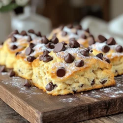 To make these scones, you need the following ingredients: - 2 cups all-purpose flour - 1/3 cup granulated sugar - 1 tablespoon baking powder - 1/2 teaspoon salt - 1/2 cup unsalted butter, cold and cubed - 1/2 cup heavy cream - 1 large egg - 1 teaspoon vanilla extract - 1 cup semi-sweet chocolate chips - 1/4 cup chocolate chips, for topping - Optional: powdered sugar for dusting Make sure to measure each ingredient carefully. Use a dry measuring cup for flour and sugar. Spoon the flour into the cup, then level it off with a knife. For the butter, ensure it is cold. This will help your scones stay flaky. You will need a few tools to make these scones: - A mixing bowl for dry ingredients - A separate bowl for wet ingredients - A pastry cutter or your hands to mix butter with flour - A whisk for mixing wet ingredients - A baking sheet lined with parchment paper - A rolling pin to flatten the dough (optional) - A knife or pastry cutter to slice the dough into wedges Having the right tools makes the process smooth and fun. Enjoy making your chocolate chip scones using this recipe. First, preheat your oven to 400°F (200°C). This ensures your scones bake evenly. Next, line a baking sheet with parchment paper. This helps prevent sticking and makes cleanup easy. In a large bowl, combine the dry ingredients. Use 2 cups of all-purpose flour, 1/3 cup of granulated sugar, 1 tablespoon of baking powder, and 1/2 teaspoon of salt. Whisk them together well. This step helps to mix everything evenly and adds air to your mixture. In another bowl, whisk together the wet ingredients. Use 1/2 cup of heavy cream, 1 large egg, and 1 teaspoon of vanilla extract. Once mixed, pour the wet ingredients into the dry ones. Gently stir until just combined. Be careful not to over-mix. Then, fold in 1 cup of semi-sweet chocolate chips. This adds richness and flavor. Turn the dough onto a lightly floured surface. Knead it gently for just a few turns, about 2-3 times. Pat the dough into a circle that is about 1-inch thick. Cut the circle into 8 wedges and place them on your prepared baking sheet. For an extra touch, sprinkle 1/4 cup of chocolate chips on top of each scone. Now, they’re ready for the oven! For the full recipe, follow the detailed steps above. To get the best texture in your scones, keep your butter cold. Cold butter makes the scones flaky. When you mix in the butter, aim for coarse crumbs. You want small pieces, not melted butter. This step is key to achieving that perfect, tender bite. Mix the dry ingredients well before adding wet ones. This helps to evenly distribute the baking powder and salt. When you add the wet ingredients, mix gently. Over-mixing can make the scones tough. Just mix until you see no dry flour. Folding in the chocolate chips should also be gentle. Store leftover scones in an airtight container. This keeps them fresh longer. You can keep them at room temperature for a day or two. For longer storage, place them in the fridge. To enjoy later, you can reheat them in the oven. This brings back their fresh-baked taste. If you want to freeze them, wrap each scone in plastic. Then put them in a freezer bag. They can last for up to three months. {{image_2}} You can make your chocolate chip scones even more fun by using different types of chips. White chocolate chips bring a creamy sweetness. Milk chocolate chips offer a rich and smooth taste. You can mix and match these chips. Try one type or combine them for a flavor boost. Each option changes the taste and look of your scones. Experiment and see what you like best! Adding new flavors can make your scones unique. Almond extract adds a nice nutty taste. You can also add orange zest for a fresh, citrusy twist. Just replace some of the vanilla extract with these flavors. A little goes a long way! Try these ideas to find what you enjoy. Mixing flavors can open up a world of tasty options. If you need gluten-free scones, it's easy to adapt this recipe. Use a gluten-free flour blend in place of regular flour. Many blends work well for baking. Make sure to check that the blend includes xanthan gum. This helps give your scones the right texture. Follow the same steps in the recipe. You’ll still get delicious, flaky scones! Enjoy your gluten-free treat with full flavor. For the full recipe, follow the steps above. To keep your chocolate chip scones fresh, store them in an airtight container. This helps to lock in moisture and maintain their soft texture. Place a piece of parchment paper between layers if you stack them. It prevents sticking and keeps them nice. You can freeze scones for later enjoyment. First, let the scones cool completely. Then, wrap each scone tightly in plastic wrap. Place them in a freezer-safe bag or container. They will last up to three months in the freezer. When you're ready to enjoy, just thaw them in the fridge overnight. To reheat scones, preheat your oven to 350°F (175°C). Place the scones on a baking sheet. Heat them for about 5 to 10 minutes. This will restore their flaky texture. You can also use a microwave, but be careful; it may make them a bit chewy. For the best results, stick with the oven. Enjoy your fresh and flaky chocolate chip scones! To make your chocolate chip scones fluffier, use cold butter. Cut the butter into small pieces and mix gently. This helps keep the butter from melting too much. Also, do not over-mix the dough. When you mix the wet and dry ingredients, stop when you see no dry flour. This keeps air pockets in the dough, making it rise better. Yes, you can use whole wheat flour. It adds a nutty flavor and more fiber. However, it may make the scones denser. To keep them light, mix half whole wheat flour and half all-purpose flour. This gives you the best of both worlds: health and fluffiness. You can serve chocolate chip scones with many delicious items. Here are some suggestions: - Fresh fruit like berries or sliced bananas - Whipped cream or clotted cream - Cream cheese or flavored spreads - Jam or fruit preserves - A cup of tea or coffee These pairings enhance the scone experience and add nice flavors. For the full recipe, check out the earlier section. You learned how to make chocolate chip scones from scratch. We covered ingredients, measurements, and tools. Then, we went through each step to bake them perfectly. I also shared tips for great texture and storage. You can try fun flavor variations too! Now, you can enjoy baking and sharing these tasty scones. With a few simple changes, make them your own. Happy baking!