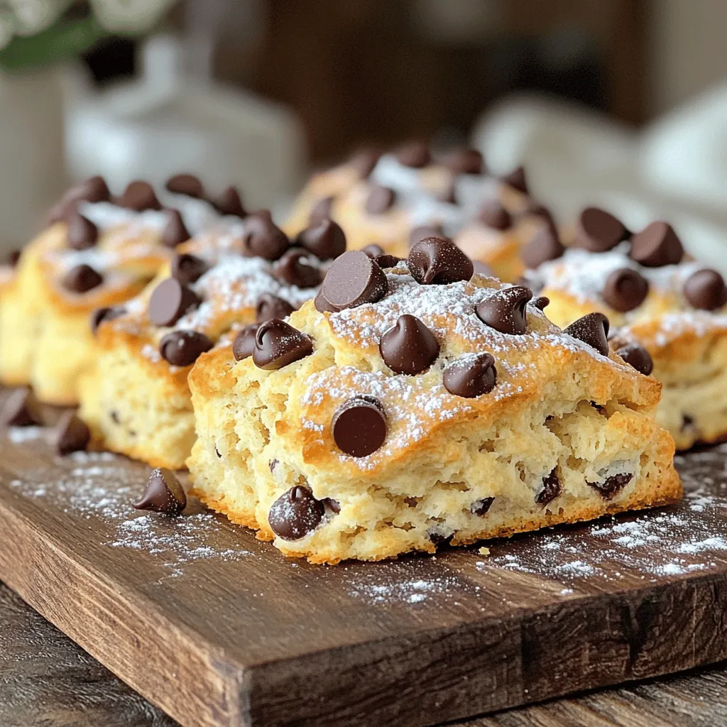 To make these scones, you need the following ingredients: - 2 cups all-purpose flour - 1/3 cup granulated sugar - 1 tablespoon baking powder - 1/2 teaspoon salt - 1/2 cup unsalted butter, cold and cubed - 1/2 cup heavy cream - 1 large egg - 1 teaspoon vanilla extract - 1 cup semi-sweet chocolate chips - 1/4 cup chocolate chips, for topping - Optional: powdered sugar for dusting Make sure to measure each ingredient carefully. Use a dry measuring cup for flour and sugar. Spoon the flour into the cup, then level it off with a knife. For the butter, ensure it is cold. This will help your scones stay flaky. You will need a few tools to make these scones: - A mixing bowl for dry ingredients - A separate bowl for wet ingredients - A pastry cutter or your hands to mix butter with flour - A whisk for mixing wet ingredients - A baking sheet lined with parchment paper - A rolling pin to flatten the dough (optional) - A knife or pastry cutter to slice the dough into wedges Having the right tools makes the process smooth and fun. Enjoy making your chocolate chip scones using this recipe. First, preheat your oven to 400°F (200°C). This ensures your scones bake evenly. Next, line a baking sheet with parchment paper. This helps prevent sticking and makes cleanup easy. In a large bowl, combine the dry ingredients. Use 2 cups of all-purpose flour, 1/3 cup of granulated sugar, 1 tablespoon of baking powder, and 1/2 teaspoon of salt. Whisk them together well. This step helps to mix everything evenly and adds air to your mixture. In another bowl, whisk together the wet ingredients. Use 1/2 cup of heavy cream, 1 large egg, and 1 teaspoon of vanilla extract. Once mixed, pour the wet ingredients into the dry ones. Gently stir until just combined. Be careful not to over-mix. Then, fold in 1 cup of semi-sweet chocolate chips. This adds richness and flavor. Turn the dough onto a lightly floured surface. Knead it gently for just a few turns, about 2-3 times. Pat the dough into a circle that is about 1-inch thick. Cut the circle into 8 wedges and place them on your prepared baking sheet. For an extra touch, sprinkle 1/4 cup of chocolate chips on top of each scone. Now, they’re ready for the oven! For the full recipe, follow the detailed steps above. To get the best texture in your scones, keep your butter cold. Cold butter makes the scones flaky. When you mix in the butter, aim for coarse crumbs. You want small pieces, not melted butter. This step is key to achieving that perfect, tender bite. Mix the dry ingredients well before adding wet ones. This helps to evenly distribute the baking powder and salt. When you add the wet ingredients, mix gently. Over-mixing can make the scones tough. Just mix until you see no dry flour. Folding in the chocolate chips should also be gentle. Store leftover scones in an airtight container. This keeps them fresh longer. You can keep them at room temperature for a day or two. For longer storage, place them in the fridge. To enjoy later, you can reheat them in the oven. This brings back their fresh-baked taste. If you want to freeze them, wrap each scone in plastic. Then put them in a freezer bag. They can last for up to three months. {{image_2}} You can make your chocolate chip scones even more fun by using different types of chips. White chocolate chips bring a creamy sweetness. Milk chocolate chips offer a rich and smooth taste. You can mix and match these chips. Try one type or combine them for a flavor boost. Each option changes the taste and look of your scones. Experiment and see what you like best! Adding new flavors can make your scones unique. Almond extract adds a nice nutty taste. You can also add orange zest for a fresh, citrusy twist. Just replace some of the vanilla extract with these flavors. A little goes a long way! Try these ideas to find what you enjoy. Mixing flavors can open up a world of tasty options. If you need gluten-free scones, it's easy to adapt this recipe. Use a gluten-free flour blend in place of regular flour. Many blends work well for baking. Make sure to check that the blend includes xanthan gum. This helps give your scones the right texture. Follow the same steps in the recipe. You’ll still get delicious, flaky scones! Enjoy your gluten-free treat with full flavor. For the full recipe, follow the steps above. To keep your chocolate chip scones fresh, store them in an airtight container. This helps to lock in moisture and maintain their soft texture. Place a piece of parchment paper between layers if you stack them. It prevents sticking and keeps them nice. You can freeze scones for later enjoyment. First, let the scones cool completely. Then, wrap each scone tightly in plastic wrap. Place them in a freezer-safe bag or container. They will last up to three months in the freezer. When you're ready to enjoy, just thaw them in the fridge overnight. To reheat scones, preheat your oven to 350°F (175°C). Place the scones on a baking sheet. Heat them for about 5 to 10 minutes. This will restore their flaky texture. You can also use a microwave, but be careful; it may make them a bit chewy. For the best results, stick with the oven. Enjoy your fresh and flaky chocolate chip scones! To make your chocolate chip scones fluffier, use cold butter. Cut the butter into small pieces and mix gently. This helps keep the butter from melting too much. Also, do not over-mix the dough. When you mix the wet and dry ingredients, stop when you see no dry flour. This keeps air pockets in the dough, making it rise better. Yes, you can use whole wheat flour. It adds a nutty flavor and more fiber. However, it may make the scones denser. To keep them light, mix half whole wheat flour and half all-purpose flour. This gives you the best of both worlds: health and fluffiness. You can serve chocolate chip scones with many delicious items. Here are some suggestions: - Fresh fruit like berries or sliced bananas - Whipped cream or clotted cream - Cream cheese or flavored spreads - Jam or fruit preserves - A cup of tea or coffee These pairings enhance the scone experience and add nice flavors. For the full recipe, check out the earlier section. You learned how to make chocolate chip scones from scratch. We covered ingredients, measurements, and tools. Then, we went through each step to bake them perfectly. I also shared tips for great texture and storage. You can try fun flavor variations too! Now, you can enjoy baking and sharing these tasty scones. With a few simple changes, make them your own. Happy baking!