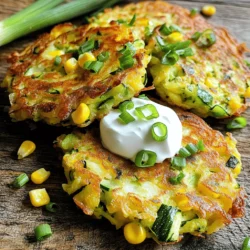 - 2 medium zucchinis, grated - 1 cup corn kernels (fresh or frozen) - 1/2 cup all-purpose flour - 1/4 cup cornmeal - 2 large eggs, beaten - 1/4 cup green onions, finely chopped - 1/2 teaspoon baking powder - 1 teaspoon chili powder - 1/2 teaspoon garlic powder - Salt and pepper to taste - Olive oil for frying - Optional: Sour cream or yogurt for serving For my zucchini corn fritters, I love to use fresh ingredients. The zucchinis add moisture and a nice taste. Corn gives a sweet crunch that makes each bite special. When you prepare the batter, make sure to dry the zucchini well. This step avoids soggy fritters. You want your fritters to be crispy and golden. I often keep the corn kernels fresh, but frozen works too. They both add great flavor. The flour and cornmeal create a perfect base, while the eggs bind it all together. I like to mix in green onions for an extra kick. They add flavor and a pop of color. The spices, like chili and garlic powder, give the fritters a nice warmth. Lastly, I always use good olive oil for frying. It helps achieve that perfect crispiness. If you're feeling fancy, serve them with sour cream or yogurt on the side. This adds a cool touch to the warm fritters. For the complete cooking steps, check out the Full Recipe. To start, you need to prepare the zucchini. Take the grated zucchinis and place them in a clean kitchen towel. Squeeze out excess moisture until the towel feels damp, but not soaked. This step is key. If you skip it, your fritters can turn out too watery. Moisture can ruin the perfect texture you want. Next, let’s mix the batter. In a large bowl, combine your dry ingredients. This includes flour, cornmeal, baking powder, chili powder, garlic powder, salt, and pepper. Whisk these until they blend well. Once mixed, add the prepared zucchini, corn kernels, and finely chopped green onions. Then, pour in the beaten eggs. Stir everything together until it forms a thick, cohesive mixture. It should hold together, but not be too runny. Now, it’s time to cook the fritters. Heat about 1/4 inch of olive oil in a large skillet over medium heat. To check if the oil is ready, drop a small spoonful of batter in. If it sizzles, you’re good to go. Using a spoon or small ice cream scoop, drop heaping tablespoons of the mixture into the hot oil. Flatten them slightly. Fry them in batches, making sure not to overcrowd the pan. Cook for about 3-4 minutes on each side. Wait until they are golden brown and crispy. Once done, transfer them to a plate lined with paper towels. This helps drain any extra oil. For the full recipe, check out the details. To make the best zucchini corn fritters, you must remove excess moisture from the zucchini. Watery fritters can turn soggy and lose their crunchy texture. I always grate the zucchini and then squeeze it tightly in a clean kitchen towel. This step helps keep your fritters firm and delicious. Think about the texture. You want them to be crispy on the outside and tender inside. If you skip moisture removal, your fritters might fall apart in the pan. Trust me; this step is key for success. To achieve perfect crispy fritters, oil temperature is crucial. I recommend heating olive oil in a large skillet over medium heat. You can test the oil by adding a small spoonful of the batter. If it sizzles, the oil is ready. Fry the fritters in batches. Avoid overcrowding the pan. Give each fritter space to crisp up. Cook for about 3-4 minutes on each side. They should turn golden brown and look irresistible. If you prefer a healthier option, you can bake the fritters instead of frying them. Preheat your oven to 400°F (200°C). Line a baking sheet with parchment paper. Spoon the batter onto the sheet, giving each fritter space. Bake for about 20-25 minutes, flipping halfway through. This method will yield a different texture, but they will still taste great. You can find the full recipe above for more details. {{image_2}} You can easily change the flavors of your zucchini corn fritters. Try different cheeses like feta or cheddar. Feta adds a tangy taste, while cheddar gives a rich flavor. You can also add spices to amp up the taste. Paprika, cumin, or even herbs can make your fritters unique. Experimenting with these options makes cooking fun! These fritters are great for any meal. Serve them for breakfast with eggs, or enjoy them for lunch with a fresh salad. They also work well for dinner, paired with grilled meats. Dips or sauces enhance the flavors even more. Try sour cream, yogurt, or a spicy salsa. Each pairing can change your experience! Making these fritters fit your diet is easy. For gluten-free options, swap the all-purpose flour with almond flour or chickpea flour. If you want a vegan dish, use flax eggs instead of regular eggs. Just mix one tablespoon of flaxseed meal with three tablespoons of water. Let it sit for a few minutes to thicken. These swaps still keep your fritters delicious! For the full recipe, check the [Full Recipe]. After cooking, let the fritters cool on a wire rack. This keeps air flowing around them. If you stack them on a plate, they can get soggy. Once cool, place them in an airtight container. Store in the fridge for up to three days. To reheat, use an oven or a skillet. Preheat the oven to 350°F (175°C). Place fritters on a baking sheet for about 10-15 minutes. This method keeps them crispy. If using a skillet, heat a small amount of oil over medium heat. Cook for about 3 minutes on each side until warmed through. To freeze leftover fritters, let them cool completely. Place them in a single layer on a baking sheet. Freeze them for about an hour. Once solid, transfer the fritters to a freezer bag. They can stay fresh for up to three months. For reheating after freezing, thaw in the fridge overnight. Then, use the oven or skillet method mentioned earlier. This way, you keep them crispy and tasty. For the full recipe, check out the detailed instructions above. To make zucchini corn fritters crispy, start by squeezing out excess moisture from the grated zucchini. This step is key. If the zucchini is too wet, the fritters can become soggy. Use a clean kitchen towel to get rid of extra water. Another tip is to use a mix of flour and cornmeal. This blend gives a nice crunch. Also, make sure your oil is hot enough before frying. When the oil sizzles, it's ready for the batter. Cook the fritters in batches to avoid crowding the pan. This helps them fry evenly and get that golden crust. Yes, you can make zucchini corn fritters ahead of time. After cooking, let them cool completely. Place them in an airtight container and store them in the fridge. They will last for about 3 days. For best results, reheat them in a skillet to keep them crispy. You can also freeze the fritters. Just make sure to separate them with parchment paper before putting them in a freezer bag. When ready to eat, thaw them in the fridge and reheat in the oven or skillet. Zucchini corn fritters can be a healthy option. Zucchini is low in calories and high in fiber. This makes them good for digestion. Corn adds some sweetness and provides vitamins. Each fritter has around 100 calories, depending on the size. They are a great way to sneak in veggies, especially for kids. You can make them healthier by using whole wheat flour or reducing the oil when frying. You can serve zucchini corn fritters with many dishes. They pair well with a fresh salad or some salsa. For a creamy touch, add sour cream or yogurt on the side. You can also try them with avocado slices or a spicy dipping sauce. These fritters work great as a snack or a side dish for lunch or dinner. They are versatile and can fit into any meal. Want to get creative? Check the Full Recipe for more serving ideas! Zucchini corn fritters are a tasty treat you can easily make at home. We covered the ingredients, cooking steps, and tips to ensure perfect fritters. You learned about variations and how to store leftovers. Remember, drying your zucchini is key for crispness. Whether you fry or bake, these fritters are versatile for meals. Keep trying new flavors and serving styles. Enjoy this delightful dish with your favorite dips!