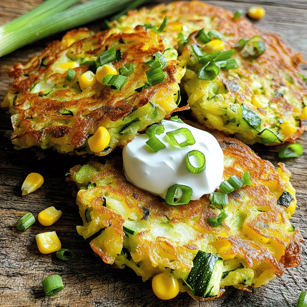 - 2 medium zucchinis, grated - 1 cup corn kernels (fresh or frozen) - 1/2 cup all-purpose flour - 1/4 cup cornmeal - 2 large eggs, beaten - 1/4 cup green onions, finely chopped - 1/2 teaspoon baking powder - 1 teaspoon chili powder - 1/2 teaspoon garlic powder - Salt and pepper to taste - Olive oil for frying - Optional: Sour cream or yogurt for serving For my zucchini corn fritters, I love to use fresh ingredients. The zucchinis add moisture and a nice taste. Corn gives a sweet crunch that makes each bite special. When you prepare the batter, make sure to dry the zucchini well. This step avoids soggy fritters. You want your fritters to be crispy and golden. I often keep the corn kernels fresh, but frozen works too. They both add great flavor. The flour and cornmeal create a perfect base, while the eggs bind it all together. I like to mix in green onions for an extra kick. They add flavor and a pop of color. The spices, like chili and garlic powder, give the fritters a nice warmth. Lastly, I always use good olive oil for frying. It helps achieve that perfect crispiness. If you're feeling fancy, serve them with sour cream or yogurt on the side. This adds a cool touch to the warm fritters. For the complete cooking steps, check out the Full Recipe. To start, you need to prepare the zucchini. Take the grated zucchinis and place them in a clean kitchen towel. Squeeze out excess moisture until the towel feels damp, but not soaked. This step is key. If you skip it, your fritters can turn out too watery. Moisture can ruin the perfect texture you want. Next, let’s mix the batter. In a large bowl, combine your dry ingredients. This includes flour, cornmeal, baking powder, chili powder, garlic powder, salt, and pepper. Whisk these until they blend well. Once mixed, add the prepared zucchini, corn kernels, and finely chopped green onions. Then, pour in the beaten eggs. Stir everything together until it forms a thick, cohesive mixture. It should hold together, but not be too runny. Now, it’s time to cook the fritters. Heat about 1/4 inch of olive oil in a large skillet over medium heat. To check if the oil is ready, drop a small spoonful of batter in. If it sizzles, you’re good to go. Using a spoon or small ice cream scoop, drop heaping tablespoons of the mixture into the hot oil. Flatten them slightly. Fry them in batches, making sure not to overcrowd the pan. Cook for about 3-4 minutes on each side. Wait until they are golden brown and crispy. Once done, transfer them to a plate lined with paper towels. This helps drain any extra oil. For the full recipe, check out the details. To make the best zucchini corn fritters, you must remove excess moisture from the zucchini. Watery fritters can turn soggy and lose their crunchy texture. I always grate the zucchini and then squeeze it tightly in a clean kitchen towel. This step helps keep your fritters firm and delicious. Think about the texture. You want them to be crispy on the outside and tender inside. If you skip moisture removal, your fritters might fall apart in the pan. Trust me; this step is key for success. To achieve perfect crispy fritters, oil temperature is crucial. I recommend heating olive oil in a large skillet over medium heat. You can test the oil by adding a small spoonful of the batter. If it sizzles, the oil is ready. Fry the fritters in batches. Avoid overcrowding the pan. Give each fritter space to crisp up. Cook for about 3-4 minutes on each side. They should turn golden brown and look irresistible. If you prefer a healthier option, you can bake the fritters instead of frying them. Preheat your oven to 400°F (200°C). Line a baking sheet with parchment paper. Spoon the batter onto the sheet, giving each fritter space. Bake for about 20-25 minutes, flipping halfway through. This method will yield a different texture, but they will still taste great. You can find the full recipe above for more details. {{image_2}} You can easily change the flavors of your zucchini corn fritters. Try different cheeses like feta or cheddar. Feta adds a tangy taste, while cheddar gives a rich flavor. You can also add spices to amp up the taste. Paprika, cumin, or even herbs can make your fritters unique. Experimenting with these options makes cooking fun! These fritters are great for any meal. Serve them for breakfast with eggs, or enjoy them for lunch with a fresh salad. They also work well for dinner, paired with grilled meats. Dips or sauces enhance the flavors even more. Try sour cream, yogurt, or a spicy salsa. Each pairing can change your experience! Making these fritters fit your diet is easy. For gluten-free options, swap the all-purpose flour with almond flour or chickpea flour. If you want a vegan dish, use flax eggs instead of regular eggs. Just mix one tablespoon of flaxseed meal with three tablespoons of water. Let it sit for a few minutes to thicken. These swaps still keep your fritters delicious! For the full recipe, check the [Full Recipe]. After cooking, let the fritters cool on a wire rack. This keeps air flowing around them. If you stack them on a plate, they can get soggy. Once cool, place them in an airtight container. Store in the fridge for up to three days. To reheat, use an oven or a skillet. Preheat the oven to 350°F (175°C). Place fritters on a baking sheet for about 10-15 minutes. This method keeps them crispy. If using a skillet, heat a small amount of oil over medium heat. Cook for about 3 minutes on each side until warmed through. To freeze leftover fritters, let them cool completely. Place them in a single layer on a baking sheet. Freeze them for about an hour. Once solid, transfer the fritters to a freezer bag. They can stay fresh for up to three months. For reheating after freezing, thaw in the fridge overnight. Then, use the oven or skillet method mentioned earlier. This way, you keep them crispy and tasty. For the full recipe, check out the detailed instructions above. To make zucchini corn fritters crispy, start by squeezing out excess moisture from the grated zucchini. This step is key. If the zucchini is too wet, the fritters can become soggy. Use a clean kitchen towel to get rid of extra water. Another tip is to use a mix of flour and cornmeal. This blend gives a nice crunch. Also, make sure your oil is hot enough before frying. When the oil sizzles, it's ready for the batter. Cook the fritters in batches to avoid crowding the pan. This helps them fry evenly and get that golden crust. Yes, you can make zucchini corn fritters ahead of time. After cooking, let them cool completely. Place them in an airtight container and store them in the fridge. They will last for about 3 days. For best results, reheat them in a skillet to keep them crispy. You can also freeze the fritters. Just make sure to separate them with parchment paper before putting them in a freezer bag. When ready to eat, thaw them in the fridge and reheat in the oven or skillet. Zucchini corn fritters can be a healthy option. Zucchini is low in calories and high in fiber. This makes them good for digestion. Corn adds some sweetness and provides vitamins. Each fritter has around 100 calories, depending on the size. They are a great way to sneak in veggies, especially for kids. You can make them healthier by using whole wheat flour or reducing the oil when frying. You can serve zucchini corn fritters with many dishes. They pair well with a fresh salad or some salsa. For a creamy touch, add sour cream or yogurt on the side. You can also try them with avocado slices or a spicy dipping sauce. These fritters work great as a snack or a side dish for lunch or dinner. They are versatile and can fit into any meal. Want to get creative? Check the Full Recipe for more serving ideas! Zucchini corn fritters are a tasty treat you can easily make at home. We covered the ingredients, cooking steps, and tips to ensure perfect fritters. You learned about variations and how to store leftovers. Remember, drying your zucchini is key for crispness. Whether you fry or bake, these fritters are versatile for meals. Keep trying new flavors and serving styles. Enjoy this delightful dish with your favorite dips!