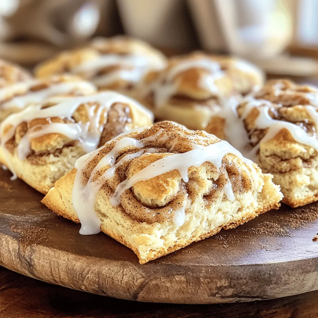 - 2 cups all-purpose flour - 1/4 cup granulated sugar - 1 tablespoon baking powder - 1/2 teaspoon salt - 1/2 teaspoon ground cinnamon - 1/2 cup unsalted butter, cold and cubed - 1/2 cup buttermilk - 1/4 cup brown sugar To make delicious cinnamon roll scones, you'll need some essential ingredients. First, all-purpose flour serves as the base of your dough. Sugar adds sweetness, while baking powder helps the scones rise. Salt and ground cinnamon enhance the flavor. The cold butter creates a flaky texture. Next, buttermilk adds moisture and richness. Lastly, brown sugar brings that sweet cinnamon roll flavor. - 1/2 cup chopped pecans - 1 tablespoon melted butter (for cinnamon swirl) Adding optional ingredients can take your scones to the next level. Chopped pecans add a nice crunch. If you want a gooey cinnamon swirl, use melted butter. This extra step makes your scones even more special. - 1 cup powdered sugar - 2 tablespoons milk Icing is the finishing touch for your cinnamon roll scones. You will need powdered sugar and milk. Mix them together until smooth. Drizzle this icing over warm scones for a sweet, creamy topping. This simple addition makes the scones look and taste amazing. For the full recipe, you can find the complete list and detailed steps to create these delightful treats. 1. Preheat your oven to 400°F (200°C). Line a baking sheet with parchment paper. 2. In a large bowl, whisk together the dry ingredients: - 2 cups all-purpose flour - 1/4 cup granulated sugar - 1 tablespoon baking powder - 1/2 teaspoon salt - 1/2 teaspoon ground cinnamon 3. Add the cold, cubed butter. Mix it into the dry mix using your fingers or a pastry cutter. Aim for coarse crumbs. 4. In another bowl, prepare the buttermilk mixture: - Mix together 1/2 cup buttermilk, - 1 tablespoon melted butter, - 1 tablespoon vanilla extract. 5. Pour this buttermilk mixture into the flour mixture. Stir until just combined. Be careful not to overmix. 6. If you want more crunch, fold in 1/2 cup chopped pecans at this stage. 7. Transfer the dough onto a floured surface. Gently knead it a couple of times until it holds together. 8. Shape the dough into a rectangle, about 1-inch thick. 9. For the cinnamon swirl: - Brush the top with the melted butter, - Sprinkle 1/4 cup brown sugar evenly across the surface. 10. Roll the dough tightly, like a cinnamon roll, then cut it into 8 equal pieces. 11. Place the scones on the prepared baking sheet, cut side up. Bake for 15-20 minutes. Look for a golden brown color. 12. While they bake, prepare the icing by whisking together: - 1 cup powdered sugar, - 2 tablespoons milk. 13. Once the scones cool a bit, drizzle the icing over them while they are warm. For the full recipe, check the details above. To make perfect cinnamon roll scones, start with the right dough consistency. The dough should feel soft but not sticky. If it sticks to your hands, add a bit more flour. This small adjustment helps keep the scones light and fluffy. Using cold butter is key to great scones. Cold butter creates layers in the dough. These layers give the scones their light texture. Cut the butter into small cubes before adding it to the dry ingredients. This way, it stays cold until baking. Preventing overbaking is crucial. Set a timer for 15 minutes, then check on your scones. They should look golden brown but not dark. If they start to brown too fast, cover them with foil for the last few minutes. For a golden brown finish, brush the top with a bit of melted butter before baking. This helps achieve that appealing color and adds flavor. Cinnamon roll scones are best served warm. They make a delightful breakfast or brunch treat. Enjoy them with coffee, tea, or milk. For sides, consider fresh fruit or yogurt for added nutrition. You can also drizzle the icing over the scones just before serving. This makes them look beautiful and adds a sweet touch. For the full recipe, check the earlier section. {{image_2}} You can change up the flavors in cinnamon roll scones. Adding different nuts or dried fruits can make them unique. Try walnuts for a rich taste or cranberries for a tart twist. You can also experiment with spices. Adding nutmeg or cardamom can change the flavor profile. Just a pinch can make a big difference. If you need gluten-free options, use a gluten-free flour blend. It works well in this recipe. Just ensure you follow the same measurements. For vegan adaptations, replace butter with coconut oil. Use plant-based milk in place of buttermilk. These changes make the scones suitable for more diets. Mini scones are great for gatherings. They are easy to grab and share. Cut the dough into smaller pieces before baking. This gives you bite-sized treats. For individual serving ideas, try using a muffin tin. This ensures each scone has a nice shape and is easy to serve. Feel free to check out the Full Recipe for more details! After baking, let the cinnamon roll scones cool on the baking sheet for about 5 minutes. Then, transfer them to a wire rack. This helps air circulate and prevents sogginess. Once they are completely cool, store them in an airtight container. They can sit at room temperature for up to three days. For longer storage, consider wrapping them in plastic wrap before placing them in the container. To enjoy warm scones later, use the oven for reheating. Preheat your oven to 350°F (175°C). Place the scones on a baking sheet and cover them with foil. Heat for about 10 minutes. This method keeps the scones soft and prevents them from getting dry. If you prefer the microwave, heat them for about 15-20 seconds. Be careful not to overheat, or they may get tough. You can freeze cinnamon roll scones for up to three months. First, let them cool completely. Then, wrap each scone tightly in plastic wrap. Place them in a freezer-safe bag or container. When you want to eat them, transfer the scones to the fridge overnight. This helps them thaw slowly. For a quicker option, you can microwave them straight from the freezer for about 30-40 seconds. Cinnamon roll scones are a fun twist on classic scones. They combine the flaky texture of scones with the sweet, warm flavors of cinnamon rolls. You get the best of both worlds! The dough is rich and buttery, with notes of cinnamon and brown sugar. They are often topped with a sweet icing that adds a creamy finish. Each bite is a delightful mix of soft pastry and sweet spice, perfect for breakfast or brunch. Yes, you can make these scones ahead of time. Prepare the dough and shape it into a rectangle. Then roll it up and cut it into pieces. Place the cut scones on a baking sheet, but don’t bake them yet. Cover the tray with plastic wrap and store it in the fridge for up to 24 hours. When you are ready, simply bake them straight from the fridge. This saves time and lets you enjoy fresh scones in the morning. To help your scones rise, keep butter cold before mixing. Cold butter creates steam during baking, making the scones light and fluffy. Avoid overmixing when combining wet and dry ingredients; it can make the dough tough. Also, make sure to bake at the right temperature. Preheating your oven to 400°F (200°C) is key. Lastly, check them often to avoid overbaking. Perfectly baked scones should be golden brown and slightly firm to the touch. Cinnamon roll scones combine the best of both treats. We covered essential ingredients, simple steps, and helpful tips. Each part enhances your baking success. Remember to adjust for personal taste and dietary needs. Store leftovers properly to keep them fresh. With practice, you'll perfect these scones. Enjoy sharing them with friends or family for breakfast or a snack. Happy baking!