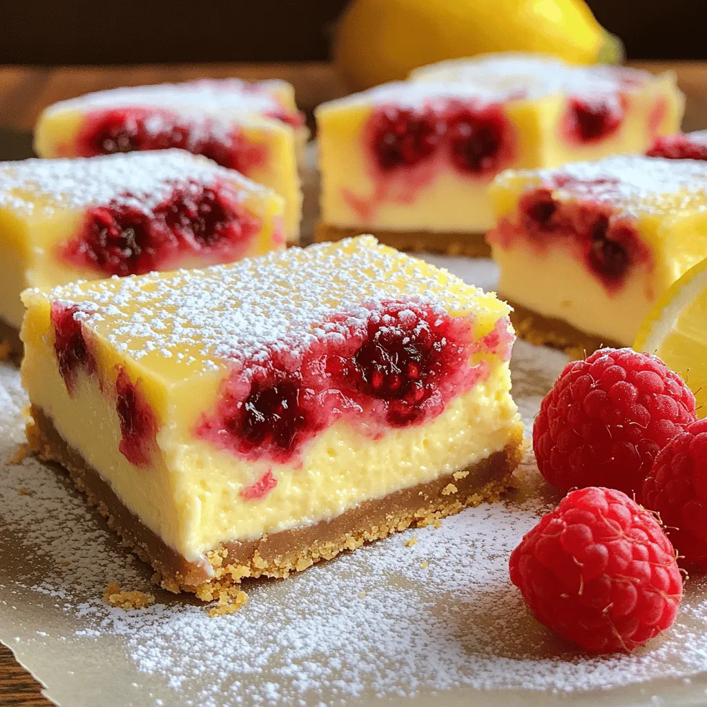 - 1 ½ cups graham cracker crumbs - ½ cup unsalted butter, melted - 2 tablespoons sugar - 16 oz cream cheese, softened - 1 cup sugar - 2 large eggs - 1 teaspoon vanilla extract - 2 tablespoons lemon zest - ½ cup fresh lemon juice - 1 cup fresh raspberries When choosing graham crackers, look for high-quality brands. They give the best flavor and texture. If you can't find cream cheese, try Greek yogurt or a vegan cream cheese. Both options can work well. You can also switch out fresh raspberries for other fruits. Strawberries, blueberries, or even peaches can add a nice twist. Each fruit brings its own taste, making this dessert fun to customize. 1. Preheating & lining the baking dish Preheat your oven to 325°F (160°C). Line a 9x9 inch baking dish with parchment paper. Leave some paper overhanging to help lift the bars later. 2. Preparing the crust In a medium bowl, combine 1 ½ cups of graham cracker crumbs, ½ cup of melted unsalted butter, and 2 tablespoons of sugar. Mix until it looks like wet sand. Press this mixture firmly into the bottom of your lined dish. Bake for about 10 minutes, or until the crust is lightly golden. Let it cool. 1. Beating cream cheese to the right consistency In a large bowl, take 16 oz of softened cream cheese. Beat it with a mixer until it is smooth and creamy. This step is key for a good texture. 2. Mixing in sugar and eggs Gradually add in 1 cup of sugar. Mix until it is fully incorporated. Next, add 2 large eggs, one at a time. Mix well after each addition. Then, add 1 teaspoon of vanilla extract, 2 tablespoons of lemon zest, and ½ cup of fresh lemon juice. Stir until everything is well combined. 1. Pouring and smoothing the cheesecake mixture Gently fold in 1 cup of fresh raspberries. Be careful not to break them. Pour the cheesecake mixture over the cooled crust. Use a spatula to smooth the top. 2. Optimal baking time and indicators Bake the bars for about 25-30 minutes. The center should be set but still jiggle slightly. It should not look liquid. Once done, take it out and let it cool at room temperature. Then, refrigerate for at least 4 hours or overnight for best results. For the full recipe, check out the complete instructions above! To make your Lemon Raspberry Cheesecake Bars perfect, focus on texture. A smooth cheesecake comes from well-mixed cream cheese. Use room-temperature cream cheese. Beat it until creamy and fluffy before adding other ingredients. This step makes blending easier. To avoid cracks, do not overbake. Check for doneness by gently shaking the pan. The center should jiggle slightly, but the edges should be set. Also, allow the bars to cool slowly. Rapid temperature changes can cause cracks. Serve your Lemon Raspberry Cheesecake Bars straight from the fridge. They taste best when chilled. For a beautiful presentation, dust the top with powdered sugar. You can also add fresh raspberries on top. A slice of lemon next to the bars adds a nice touch. Cut the bars with a sharp knife. Wipe the knife clean between cuts for neat edges. Arrange the squares on a colorful plate to make them pop. Want an extra zing? Add more lemon zest to the filling. This boost makes the bars even fresher. You can also mix in a splash of vanilla extract for depth. Balancing sweetness is key. If the bars taste too sweet, a bit more lemon juice helps balance it out. Taste as you go to find the right mix. These small tweaks can elevate your dessert. Check out the Full Recipe for more details! {{image_2}} You can make these bars fit many diets. For a gluten-free option, swap regular graham crackers for gluten-free ones. Just check the package for a safe choice. You can also use almond flour and coconut oil for a tasty crust. If you want a vegan version, use cashew cream instead of cream cheese. Blend soaked cashews with lemon juice, maple syrup, and a bit of coconut cream. This makes a creamy base without any dairy. You can also use a vegan butter substitute for the crust. Feel free to get creative with fruit! While raspberries shine in this recipe, you can try strawberries or blueberries. These fruits add their own sweet twist. You might also mix berries for a colorful treat. For a fun citrus kick, switch to a lemon-lime blend. Key limes can add a zesty flair too. Just keep the lemon juice and zest amounts the same for balance. These bars are perfect for summer parties. Their bright flavors keep everyone refreshed. They also look great on a dessert table, making them a showstopper. For holiday gatherings, they can brighten up any dessert spread. Add some festive decorations, like a dusting of powdered sugar, to make them special. These bars work for birthdays, picnics, and family get-togethers too. To keep your Lemon Raspberry Cheesecake Bars fresh, follow these tips: - Refrigeration: Place the bars in an airtight container. They will stay fresh for up to 5 days in the fridge. Make sure they are completely cool before storing. This helps maintain their texture. - Freezing: If you want to store them longer, freeze the bars. Wrap them tightly in plastic wrap, then place them in a freezer-safe container. They can last up to 3 months in the freezer. When ready to eat, thaw them in the fridge overnight. Leftovers can be just as tasty with the right methods. Here’s how: - Best methods: Enjoy the bars cold right from the fridge. If you like them warm, heat them gently in the microwave. Use low power for about 10-15 seconds. This warms them without melting the cream cheese. - Texture maintenance: When reheating frozen bars, let them thaw in the fridge first. This keeps the creamy texture intact. Avoid reheating directly from the freezer to prevent sogginess. Can I make these bars ahead of time? Yes, you can make these bars a day in advance. This helps the flavors blend well. Just keep them in the fridge. They will taste even better the next day! How do I know when the cheesecake is done baking? Look for a slight jiggle in the center. The edges should be set but the center should still move a bit. If it looks liquidy, it needs more time. What can I use if I don’t have graham cracker crumbs? You can use crushed cookies like Digestive biscuits or vanilla wafers. Oat flour mixed with a bit of sugar also works well. Just make sure to adjust the butter to match. Is it necessary to chill the cheesecake? Yes, chilling is very important. It helps the bars set properly and makes them creamy. Aim for at least 4 hours in the fridge. Can I substitute the fresh raspberries with frozen? You can use frozen raspberries. Just let them thaw and drain some juice. This keeps the bars from getting too wet. What to serve with Lemon Raspberry Cheesecake Bars? These bars pair well with whipped cream or a scoop of vanilla ice cream. You can also add fresh mint for a pop of color. For the full recipe, check out the recipe card above. This blog post covered everything you need for Lemon Raspberry Cheesecake Bars. We explored the key ingredients, including graham crackers, cream cheese, and fresh lemon juice. I shared tips for baking, serving, and customizing your bars. With various options for dietary needs and flavors, there's something for everyone. Remember, these bars are perfect for any occasion. Follow the steps to impress your guests with a delicious treat they won't forget. Enjoy making your own tasty version!