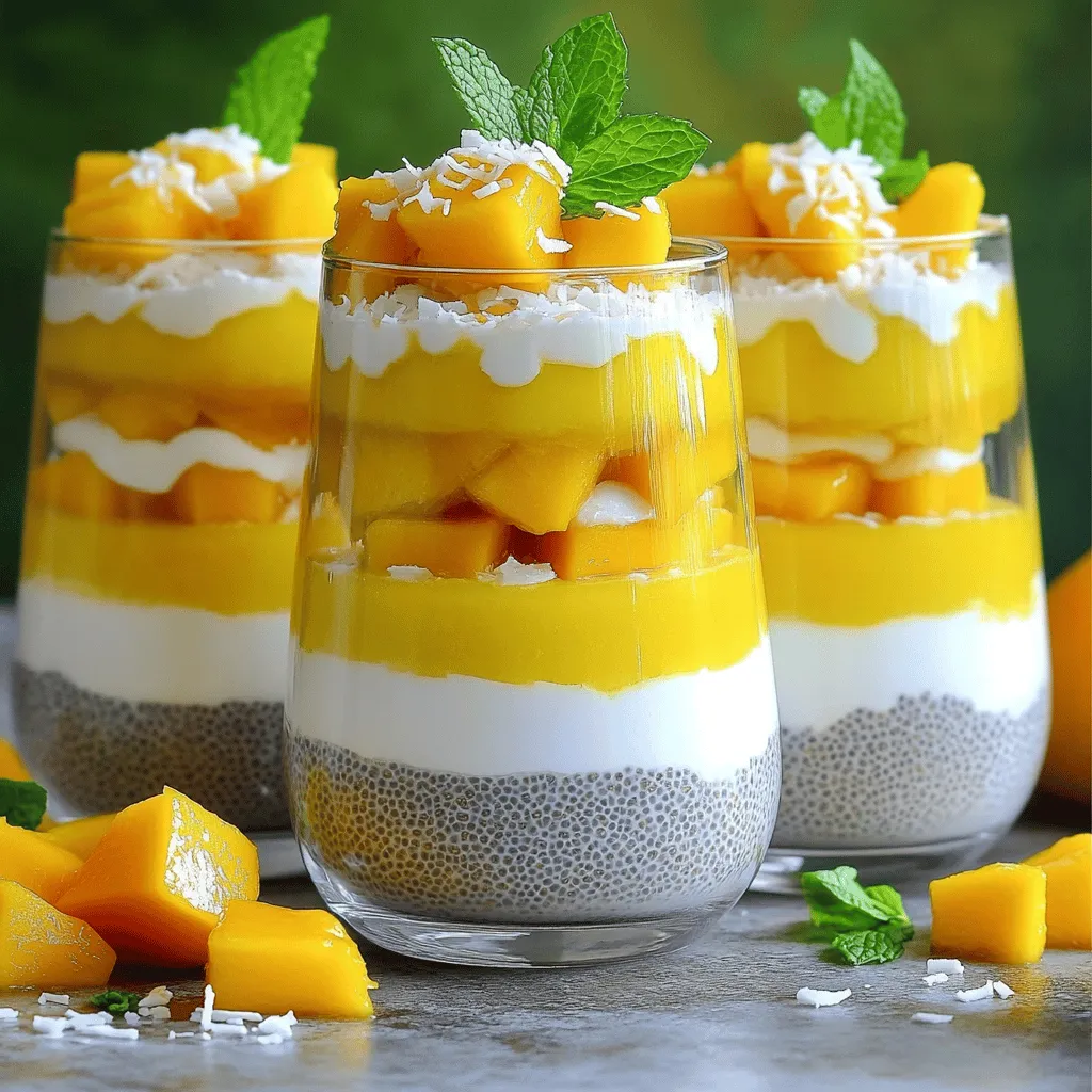 To make Mango Coconut Chia Pudding, gather these simple ingredients: - 1 cup coconut milk - 1/2 cup almond milk - 1/4 cup chia seeds - 2 tablespoons honey or maple syrup (to taste) - 1 teaspoon vanilla extract - 1 large ripe mango, pureed - Fresh mango pieces, for topping - Unsweetened shredded coconut, for garnish - Mint leaves, for garnish Each ingredient adds flavor and texture. Coconut milk gives a creamy base. Almond milk lightens it up. Chia seeds thicken the mix and add nutrition. You can use honey or maple syrup to sweeten. Vanilla extract enhances the flavor. The mango is key; it adds a fruity taste. Fresh mango pieces and shredded coconut make great toppings. Mint leaves add a refreshing touch. When you have all your ingredients, you're ready to create a delicious treat. If you want the full recipe, check it out! First, we mix the base ingredients. In a medium bowl, combine 1 cup of coconut milk, 1/2 cup of almond milk, and 1/4 cup of chia seeds. Add 2 tablespoons of honey or maple syrup for sweetness and 1 teaspoon of vanilla extract for flavor. Stir everything well until it blends smoothly. Next, we move on to the refrigeration process. Cover the bowl tightly with plastic wrap. Place it in the fridge for at least 4 hours or overnight. This chilling time lets the chia seeds soak up the liquid and form a thick pudding texture. Once the pudding has thickened, we need to stir and adjust the consistency. Take the bowl out of the fridge and give it a good stir. If the pudding is too thick for your liking, add a splash of almond milk. Stir again until you reach your desired texture. Now for the fun part: layering the pudding and mango puree. Grab your serving glasses or bowls. Start by adding a layer of the chia pudding. Then, spoon in a layer of pureed mango. Repeat these layers until the glasses are filled to the top. To finish, we add garnishes for that extra touch. Top each serving with fresh mango pieces. Sprinkle some unsweetened shredded coconut on top. Finally, add a few mint leaves for color and freshness. This will make your Mango Coconut Chia Pudding look as good as it tastes. For the full recipe, refer to the earlier section. For the best chia pudding, chilling time is key. I recommend refrigerating the mix for at least four hours. If you can wait overnight, do it! This allows the chia seeds to soak up the liquid. After chilling, check the consistency. It should be thick and creamy, like pudding. If it’s too thick for your liking, add a splash of almond milk. Stir well to combine it. You can easily adjust the sweetness of your pudding. Taste the mixture before you chill it. If you want it sweeter, add more honey or maple syrup. Start with a little, then add more if needed. You can also try other sweeteners. Agave syrup works well, or use stevia for a low-calorie option. Just remember, sweeteners can change the flavor, so taste as you go. For the full recipe, check the ingredients and steps above. {{image_2}} Chia seeds are tiny but mighty. They are rich in omega-3 fatty acids. These healthy fats help your heart. They also support brain health. Chia seeds contain a lot of fiber. This helps keep your digestive system happy. One ounce of chia seeds has about 11 grams of fiber. That’s a lot for such a small seed! They are also high in protein. Just two tablespoons offer 4 grams of protein. This makes chia seeds a great addition to any meal. Coconut milk is creamy and rich. It adds a nice texture to recipes. It is dairy-free and good for lactose-intolerant people. Coconut milk has healthy fats that can boost energy. Mango is delicious and nutritious. It is full of vitamins A and C. These vitamins help keep your skin healthy. Mango also contains fiber, which aids digestion. Eating mango can improve your immune system, too. It’s a tasty way to get important nutrients. This Mango Coconut Chia Pudding not only tastes great but also packs a health punch! For the full recipe, check out the recipe section. You can switch up the fruit in this recipe. Mango shines, but many fruits work well too. Try pureed strawberries, blueberries, or bananas for a new twist. Each fruit adds a unique flavor and color. You can mix and match to find your favorite. Using different types of milk can also change the taste. While coconut and almond milk are great, you can try oat milk or cashew milk. Each milk brings a new creaminess and flavor. Experimenting with these options is fun. If you follow a vegan diet, this recipe fits perfectly. All the ingredients are plant-based. Use maple syrup instead of honey to keep it vegan. For gluten-free eaters, rest easy. Chia seeds, coconut milk, and fruits are all gluten-free. You can enjoy this treat without worry. You can make a low-sugar version too. Simply reduce the honey or maple syrup. You can also skip sweeteners altogether. The natural sweetness of the mango can be enough. For the full recipe, click here to explore all the details. You can store Mango Coconut Chia Pudding in the fridge for up to five days. Make sure to keep it in an airtight container. The chia seeds will keep the pudding fresh and tasty for multiple days. Yes, you can use other sweeteners like agave syrup or stevia. These options can adjust the sweetness level to your taste. Remember, each sweetener has a different flavor, so choose one you like best. Mango is a great choice, but you can also use berries, bananas, or kiwi. These fruits add color and taste to the dish. You can mix and match to create your favorite flavor combinations. Refrigerating chia pudding overnight is best for texture. However, if you're in a hurry, four hours is enough. Just ensure the chia seeds can soak up the liquid to create the pudding-like consistency. For the full recipe, check out the delicious Mango Coconut Chia Pudding. This blog post guides you through making delicious Mango Coconut Chia Pudding. We covered the key ingredients, easy steps to prepare, and great tips for the best results. Chia seeds offer many health benefits, while coconut milk and mango add rich flavors. You can also explore variations to suit your taste and dietary needs. Remember, the right balance of sweetness makes a big difference. Enjoy creating your pudding and share it with others. It’s a tasty, healthy treat everyone will love!