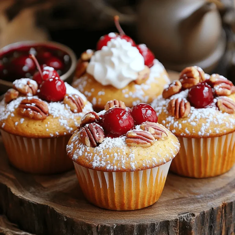 - 1 cup fresh or frozen cherries, pitted and halved - 1/2 cup pecans, roughly chopped - 1 1/2 cups all-purpose flour - 1 cup granulated sugar - 1/2 cup unsalted butter, melted - 2 large eggs - 1/2 cup buttermilk - 1 teaspoon vanilla extract - 1 teaspoon baking powder - 1/2 teaspoon baking soda - 1/4 teaspoon salt I love using fresh or frozen cherries in my muffins. They add a sweet, juicy burst. Pitting and halving them is easy. Just slice them in half and remove the pit. If you use frozen cherries, let them thaw first. This prevents too much moisture in your batter. Pecans give a nice crunch. I always chop them roughly for the best texture. The all-purpose flour is the base. It helps the muffins rise and stay fluffy. The sugar adds sweetness, balancing the tartness of the cherries. Melted unsalted butter keeps the muffins moist. Eggs add richness and help bind everything together. Buttermilk gives a slight tang and makes the muffins tender. Vanilla extract adds a lovely aroma. Baking powder and baking soda are essential for rising. They create air pockets, making your muffins light. Salt enhances all the flavors, making them pop. - Additional spices (e.g., cinnamon or nutmeg) - Chocolate chips - Coconut flakes You can get creative with optional add-ins. A sprinkle of cinnamon or nutmeg can warm your muffins. Chocolate chips add a sweet twist. Coconut flakes bring a tropical flair and chewiness. These options let you customize your muffins to suit your taste, making them even more irresistible. If you're excited to try this recipe, check out the Full Recipe for Cherry Pecan Muffins! - Preheat your oven to 375°F (190°C). - Prepare your muffin tin with paper liners or grease it with cooking spray. - In a medium bowl, combine 1 1/2 cups of all-purpose flour, 1 teaspoon of baking powder, 1/2 teaspoon of baking soda, and 1/4 teaspoon of salt. This blend sets the base for your muffins. - In a large bowl, whisk together 1/2 cup of melted unsalted butter and 1 cup of granulated sugar until smooth. - Add 2 large eggs, one at a time, whisking well after each one. - Next, mix in 1/2 cup of buttermilk and 1 teaspoon of vanilla extract until everything is fully combined. - Gradually fold the dry ingredients into the wet mixture using a spatula or wooden spoon. Be careful not to overmix. - Gently add in 1/2 cup of roughly chopped pecans and 1 cup of fresh or frozen cherries, ensuring you keep the cherries intact. - Divide the batter evenly among the muffin cups, filling each about 2/3 full. - Bake in your preheated oven for 20-25 minutes. Check with a toothpick to see if it's done. - After baking, let the muffins cool in the pan for 5 minutes. - Transfer them to a wire rack to cool completely. For a great look, arrange the muffins on a platter. A dusting of powdered sugar adds a nice touch. You can also serve them warm with whipped cream or cherry compote for extra flavor. Measuring ingredients correctly is very important. Use dry measuring cups for flour and sugar. Use liquid measuring cups for buttermilk and melted butter. This helps keep the right balance in your muffins. Overmixing can make muffins tough. Mix just until the dry and wet ingredients blend. A few lumps are okay! To make moist muffins, use buttermilk. It adds richness and flavor. Also, don’t bake too long. Check them a few minutes early. For sweetness, use ripe cherries. You can also add a bit of almond extract for depth. This makes each bite special. If your muffins are dense, you may have overmixed the batter. Try to mix less next time. If the tops burn, lower the oven temperature by 25°F. This gives the muffins time to bake through without burning. These tips will help you bake perfect cherry pecan muffins every time! For the Full Recipe, check the earlier section. {{image_2}} You can change the flavor of your cherry pecan muffins easily. Try using almond extract instead of vanilla. This change adds a lovely nutty taste that pairs well with cherries. You can also add lemon zest to the batter. This small twist gives a bright, fresh flavor that lifts your muffins. If you need to make dietary changes, I have some great tips. For gluten-free muffins, use a good gluten-free flour blend. Make sure it has a binding agent, like xanthan gum, to help the texture. If you want to go vegan, you can swap the eggs for flax eggs. Mix one tablespoon of ground flaxseed with three tablespoons of water for each egg. For buttermilk, use almond milk with a splash of vinegar. This will give you a dairy-free option. You can also make seasonal twists on this recipe. Add other fruits like blueberries or diced apples for a different flavor. These fruits bring their own sweetness and texture. If you want to change the nuts, try walnuts or hazelnuts. They add a unique crunch and flavor to your muffins. Each of these variations keeps your muffins exciting and fun to bake. For the full recipe, check out the Cherry Pecan Muffins section above. To keep your cherry pecan muffins fresh for a few days, place them in an airtight container. You can store them at room temperature for up to three days. Make sure the muffins cool completely before sealing them. This step prevents moisture from making them soggy. If you want to save muffins for later, freezing them is a great option. Wrap each muffin in plastic wrap, then place them in a freezer bag. They can stay frozen for up to three months. When you’re ready to enjoy, thaw them in the fridge overnight. For a quick reheat, pop them in the microwave for about 20 seconds. Alternatively, you can warm them in the oven at 350°F (175°C) for 10 minutes. For short-term storage, use a container that seals tightly. Glass or plastic containers work well. Avoid containers that let air in, as this can dry out your muffins. Keeping them away from moisture is key. A dry environment helps keep your muffins soft and tasty. To check if your muffins are ready, use the toothpick test. Insert a toothpick into the center of a muffin. If it comes out clean or with a few crumbs, your muffins are done. If the toothpick has wet batter, bake for a few more minutes. This simple test helps ensure perfect texture every time. Yes, you can use frozen cherries! Just remember to thaw them first. Drain any extra juice to avoid soggy muffins. Frozen cherries may not be as firm as fresh ones, but they still taste great. For best results, gently fold them into the batter to keep their shape. There are many ways to boost flavor! You can add spices like cinnamon or nutmeg for warmth. A splash of almond or lemon extract brightens the taste. Experiment with these additions to find your favorite flavor combo. Each option brings a unique twist to your cherry pecan muffins. Serve your muffins warm for the best experience. Pair them with whipped cream or a spoonful of cherry compote for added delight. You can also arrange them on a pretty platter and dust with powdered sugar. These simple touches make your muffins stand out. You can find the full recipe for Cherry Pecan Muffins in the earlier sections of this article. It guides you through each step, making it easy to bake these delicious treats at home. You’ve learned the key ingredients and steps to bake cherry pecan muffins. Remembering to mix dry and wet ingredients carefully will help you achieve the right texture. Feel free to explore different flavor and dietary adjustments to suit your taste. Proper storage will keep your muffins fresh longer. With these tips and tricks, you can bake muffins that impress. Enjoy your delicious creations!