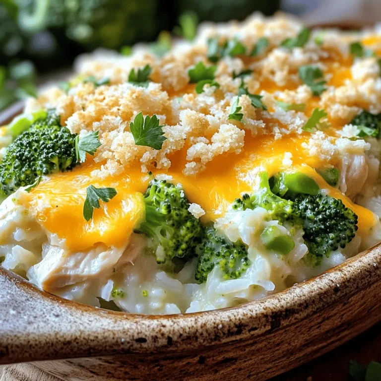 - Chicken: 1 pound boneless, skinless chicken breasts, diced - Rice: 2 cups cooked rice (white or brown) - Vegetables: 2 cups broccoli florets (fresh or frozen) - Cream Soup: 1 can (10.5 oz) cream of mushroom soup - Dairy: 1/2 cup milk, 1 cup shredded cheddar cheese - Seasonings: garlic powder, onion powder, dried thyme, salt, and pepper - Topping: 1/2 cup breadcrumbs (optional, for topping) - Oil: 2 tablespoons olive oil When I make Chicken Broccoli Rice Casserole, I love the blend of flavors. This dish is simple yet satisfying. Each ingredient plays a role in the final result. The chicken provides protein, while the broccoli adds a nice crunch. The rice acts as a hearty base. Using cooked rice makes this dish quick. You can use any rice you like, but I prefer brown rice for its nutty taste and texture. Broccoli is the star here. It can be fresh or frozen, and both work well. The cream of mushroom soup gives the casserole a creamy texture. If you want, you can swap it out for another creamy soup. I find that the cheddar cheese really brings everything together. It melts beautifully and adds a rich flavor. Don’t forget the spices! Garlic powder, onion powder, thyme, salt, and pepper enhance the taste. They create a warm, cozy flavor that makes this dish comforting. If you want a crunchy top, add breadcrumbs. Just a little olive oil helps them brown nicely. This dish is all about balance and comfort. You can find the full recipe [Full Recipe] to try this at home! - Preheat oven to 350°F (175°C). - Cook the chicken: sauté in olive oil with spices. Start by heating olive oil in a large skillet over medium heat. Add diced chicken pieces to the skillet. Season them with garlic powder, onion powder, thyme, salt, and pepper. Cook the chicken until it turns golden and is fully cooked, about 5 to 7 minutes. - Combine rice, broccoli, soup, milk, and cheese. - Add cooked chicken to the mixture. In a big bowl, mix together cooked rice, broccoli florets, cream of mushroom soup, milk, and half of the shredded cheddar cheese. Stir this mixture until it blends well. Then, add the cooked chicken to the rice and broccoli mixture. Make sure everything is evenly combined. - Transfer mixture to a baking dish. - Bake covered and then uncovered for final browning. Next, pour the mixture into a greased 9x13-inch baking dish. Spread the mixture evenly. Sprinkle the remaining cheddar cheese on top. If you like a crunchy topping, add breadcrumbs too. Cover the dish with aluminum foil and bake for 25 minutes. After that, remove the foil and bake for another 10 to 15 minutes until it’s golden and bubbly. Check the casserole to ensure all the cheese melts nicely. For the full cooking instructions, refer to the Full Recipe. Enjoy making this simple and tasty dish! To make your Chicken Broccoli Rice Casserole shine, ensure the chicken is cooked through before mixing. This keeps your dish safe and delicious. For the best texture, use fresh broccoli. It adds a nice crunch and bright color to the casserole. Garnish your casserole with fresh herbs like parsley or chives. This adds a burst of flavor and makes the dish look appealing. Serve it as a main dish with a crisp side salad. The coolness of the salad balances the warm casserole nicely. Choose a 9x13-inch baking dish for this recipe. This size holds all the tasty ingredients well. Make sure to grease the pan before adding the mixture. A greased pan helps you serve the casserole easily without sticking. {{image_2}} You can easily change the main ingredient in this dish. Substitute chicken with turkey for a lighter option. If you want a vegetarian meal, tofu works great too. Both will give a nice flavor. You can also switch the rice. Using jasmine rice or basmati rice adds a unique touch. These rice types have different flavors and aromas that enhance your casserole. Get creative with your spices! Adding paprika brings a mild heat. Oregano adds a lovely herb flavor. You can also mix in other veggies. Carrots add sweetness and color. Bell peppers bring crunch and a burst of flavor. Feel free to experiment and find what you love best. If you need a gluten-free option, you can use gluten-free cream soup. Gluten-free breadcrumbs are also a great choice for topping. For a lower calorie dish, try using less cheese. Skim milk can replace regular milk to cut calories without losing creaminess. These small changes can make a big difference while keeping the dish tasty and satisfying. For the full recipe, check out the Cozy Chicken Broccoli Rice Bake! Cool the casserole completely before storing it. This step helps keep the food fresh. Use airtight containers to store it. This keeps moisture out and flavor in. Place the casserole in the fridge for up to three days. You can freeze the casserole for longer storage. First, let it cool down completely. Then, wrap it tightly in plastic wrap. You can also use a freezer-safe container. It will last for about two months in the freezer. For best texture, thaw it overnight in the fridge before reheating. Reheat the casserole in the oven or microwave. If using the oven, set it to 350°F (175°C). It takes about 20 minutes to heat through. In the microwave, heat in short bursts. Stir often to ensure even heating. Add a splash of milk or broth when reheating. This moisture keeps it creamy and delicious. Enjoy your cozy Chicken Broccoli Rice Casserole! For the full recipe, check out the other sections. Chicken Broccoli Rice Casserole can last for about three to four days in the fridge. To keep it fresh, store it in an airtight container. This helps prevent it from drying out or picking up other odors from the fridge. If you want to enjoy it later, you can freeze it for longer storage. Yes, you can prepare Chicken Broccoli Rice Casserole ahead of time. You can cook the chicken and mix the ingredients earlier in the day. Just store the mixture in the fridge until you’re ready to bake it. You can also prepare the whole casserole and cover it tightly with foil. Bake it when you are ready for a warm meal. This casserole pairs well with many side dishes. You can serve it with a crisp green salad to add freshness. Garlic bread also complements the meal nicely. For a healthy option, steamed carrots or green beans work great. If you want a hearty meal, consider adding a fruit salad for a sweet contrast. I recommend using sharp cheddar cheese for its strong flavor. You can mix in Monterey Jack or mozzarella for a creamier texture. If you want a twist, try using pepper jack for some heat. Feel free to experiment with different cheese blends to find your favorite combo. This Chicken Broccoli Rice Casserole is easy and delicious. We covered key ingredients like chicken, rice, and broccoli. Mixing in cream soup and cheese gives it creaminess. Don’t forget the optional toppings, which add texture. You can adapt this recipe to suit your taste. Try different proteins or vegetables. Store any leftovers properly and enjoy them later. With these tips, you can make a meal that everyone loves. Enjoy cooking and share this recipe with friends!