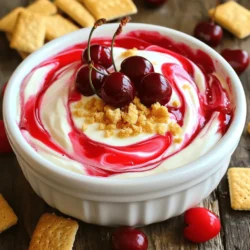 - 8 oz cream cheese, softened - 1 cup powdered sugar - 1 tsp vanilla extract - 1 cup sour cream - 1/2 cup heavy whipping cream - 1 cup cherry pie filling (canned or homemade) - 1/2 cup crushed graham crackers - Fresh cherries for garnish (optional) You can swap cream cheese for ricotta or mascarpone. These will change the flavor but still taste great. For sour cream, use plain yogurt or a non-dairy option like coconut yogurt. This swap keeps the dip creamy without the dairy. If you need gluten-free options for graham crackers, use gluten-free cookies or crushed nuts. These can add a nice crunch to your dip without gluten. You can mix and match these ingredients to fit your needs. The goal is to keep it tasty and fun, so don’t be afraid to get creative! Making Cherry Cheesecake Dip is simple and fun. You will mix soft cream cheese with sugar. Then, you will add whipped cream, cherry pie filling, and graham crackers. Remember, use room temperature cream cheese. This helps you blend it easily into a smooth mix. 1. Start by mixing the softened cream cheese and powdered sugar in a bowl. Use an electric mixer and beat until it’s smooth and creamy. This step is key for a great base. 2. Next, add one teaspoon of vanilla extract and one cup of sour cream. Mix these in well. The sour cream adds a nice tang to balance the sweetness. 3. In another bowl, whip half a cup of heavy cream until stiff peaks form. This will make your dip light and fluffy. 4. Gently fold the whipped cream into the cream cheese mix. Be careful not to deflate the whipped cream. You want to keep that airy texture. 5. Now, spoon in the cherry pie filling. Fold it in gently. You want to see beautiful swirls of cherry in your dip. 6. Transfer your dip to a serving bowl. Top it with half a cup of crushed graham crackers. This adds crunch and a nice finishing touch. 7. Chill your dip in the fridge for at least 30 minutes. This waiting time helps the flavors mix well. 8. Serve the Cherry Cheesecake Dip chilled. It pairs great with graham crackers, vanilla wafers, or fresh fruit for dipping. The total prep and chill time is about 45 minutes. For the best taste, serve it cold. Enjoy the dip with friends and family. For added flair, garnish with fresh cherries and extra crushed graham crackers. Check out the Full Recipe for more tips! To make a great cherry cheesecake dip, whipped cream is key. It adds a light and fluffy touch. Start by whipping the heavy cream until it forms stiff peaks. This step is crucial for that perfect texture. When you fold the whipped cream into the cream cheese mixture, be gentle. Use a spatula and move in a circular motion. This keeps the air in the whipped cream, making your dip light. If you mix too hard, it will lose that fluffiness. For the best experience, pair your dip with various dippers. Graham crackers, vanilla wafers, and fresh fruit work well. You can also use pretzel sticks for a salty twist. For special occasions, arrange your dippers on a colorful platter. Use different shapes and sizes. It makes your dessert look more inviting and fun. Garnishing can take your dip to the next level. Top it with fresh cherries for a pop of color. A sprinkle of crushed graham crackers adds crunch and style. Choose attractive serving bowls, too. A clear bowl lets the cherry swirls shine. An eye-catching dish makes your cherry cheesecake dip stand out at any gathering. For the full recipe, you can check the section above. Enjoy making your cherry cheesecake dip! {{image_2}} You can make Cherry Cheesecake Dip even more fun by adding flavors. Try swirling in some melted chocolate or caramel for a sweet twist. It creates a rich taste that complements the cherries. You can also switch up the fruit. Strawberries or blueberries work great and add fresh flavors. Each fruit brings a new taste and color to the dip. If you're watching your sugar, you can make a low-sugar version. Use sugar substitutes like stevia or erythritol. They keep the sweet flavor without the extra sugar. For a vegan option, swap cream cheese for a nut-based cream cheese. Use coconut cream in place of heavy cream. It keeps the dip creamy and delicious while being dairy-free. Layering flavors adds depth to your dip. Try mixing in different fillings like peanut butter or Nutella. These flavors create a fun surprise with each bite. You can also serve the dip with complementary desserts. Pair it with chocolate cookies or fruit tarts. This mix of flavors will delight your guests and make any gathering special. For the full recipe, check out the Cherry Cheesecake Dip! To keep your cherry cheesecake dip fresh, store it in an airtight container. Make sure to press plastic wrap directly on the dip before sealing. This helps prevent it from drying out. The dip lasts about 3 to 5 days in the fridge. After that, the texture and flavor may change. You can freeze cherry cheesecake dip if you have leftovers. First, place it in a freezer-safe container. Leave some space at the top, as it may expand. To thaw, move it to the fridge overnight. Avoid microwaving, as this can ruin the texture. Once thawed, stir it gently to regain some creaminess. If it seems too soft, add a bit more whipped cream to help it. Cherry Cheesecake Dip can last in the fridge for about three days. Make sure to store it in an airtight container. This keeps the dip fresh and tasty. If you notice any changes in texture or smell, it is best to toss it. Yes, you can make Cherry Cheesecake Dip ahead of time. I often prepare it the day before a party. Just cover it well and store it in the fridge. The flavors will blend nicely if you let it chill overnight. Yes, you can use fresh cherries instead of pie filling. Just chop the cherries and mix them in. This gives the dip a fresh taste. You can also add a little sugar to sweeten them. Fresh cherries add a nice crunch and color, too. In this post, we covered the simple steps to make Cherry Cheesecake Dip, including key ingredients and helpful tips. You learned about ingredient substitutions and variations to fit your needs. Remember, the right balance of cream and cherries makes it special. I hope you feel ready to create your dip with confidence. Enjoy sharing this tasty treat at your next gathering!