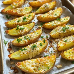 - 4 large russet potatoes, scrubbed and cut into wedges - ¼ cup olive oil - 4 cloves garlic, minced - 1 cup grated Parmesan cheese - 1 tablespoon dried Italian herbs (oregano, thyme, basil) - 1 teaspoon paprika - Salt and black pepper to taste - Fresh parsley, chopped (for garnish) Russet potatoes stand out for this recipe. They have a high starch content, which makes them fluffy inside and crispy outside. Their shape is perfect for cutting into wedges. You can also use Yukon Gold potatoes if you prefer a creamier texture. Olive oil adds healthy fats and flavor. It helps the wedges crisp up nicely in the oven. If you need a substitute, canola oil or avocado oil works well too. Parmesan cheese brings a salty, nutty taste. It melts beautifully on the hot wedges. If you want a dairy-free option, try nutritional yeast for a cheesy flavor without the dairy. Using fresh garlic gives a strong, savory taste. You can swap it with garlic powder if that’s what you have. The dried Italian herbs add layers of flavor. Feel free to experiment with your favorite herbs or spices. Just keep in mind that fresh herbs will taste different, so adjust the amount accordingly. This recipe is easy to customize, making it fun to mix and match flavors. You can stick to the Full Recipe for the best results, but don’t hesitate to get creative! First, set your oven to 425°F (220°C). This temperature is key for crispy potato wedges. Next, grab a large baking sheet. Line it with parchment paper. This will help with easy cleanup later. Make sure it's big enough for all the wedges. You want them to have space to cook evenly. In a large bowl, pour in ¼ cup of olive oil. Add 4 minced garlic cloves to the oil. Then, sprinkle in 1 tablespoon of dried Italian herbs, like oregano, thyme, and basil. Add 1 teaspoon of paprika for a little kick. Season with salt and black pepper to taste. Now, mix all these ingredients well. The goal is to create a tasty garlic herb mixture. Once mixed, add the potato wedges to the bowl. Toss them gently until each wedge is coated with the mixture. This step is important. A good coating means more flavor. Now it’s time to bake! Spread the coated potato wedges on the lined baking sheet. Make sure they are in a single layer. If they touch, they won’t get crispy. Bake them in the oven for 25-30 minutes. Halfway through, flip the wedges for even cooking. You want them golden brown and crispy. When they are done, take them out and sprinkle 1 cup of grated Parmesan cheese on top. This cheese will melt slightly, creating a delicious layer. For extra goodness, return them to the oven for another 5 minutes. You want the cheese to be bubbly and golden. Once done, your crispy garlic Parmesan potato wedges are ready to serve! To get the best crispiness, soak your potato wedges. Place them in cold water for 30 minutes. This removes excess starch. After soaking, dry them well with a towel. You can also use a convection oven. The hot air helps brown the wedges evenly. Want to boost the flavor? Try adding garlic powder. It gives a stronger garlic taste. You can also sprinkle some red pepper flakes for heat. Other great options include smoked paprika or onion powder. Mix and match to find your favorite! These potato wedges shine with dipping sauces. Try ranch or garlic aioli for a creamy touch. Ketchup is a classic choice, too. You can also serve them alongside a fresh salad. This adds color and crunch to your meal. Enjoy these tasty wedges as a snack or side dish. For the full recipe, check the earlier section! {{image_2}} You can make these wedges gluten-free by using gluten-free breadcrumbs. For a dairy-free version, skip the Parmesan or use a dairy-free cheese. These simple swaps keep your wedges tasty and fun for everyone. Want to change things up? Try adding different spices like chili powder or cumin. You can also swap Parmesan for cheddar for a richer flavor. For a zesty kick, mix in some lime zest or fresh herbs like rosemary. If you’re short on time, use an air fryer. It cooks the wedges faster and keeps them crispy. For a deep-fried version, heat oil to 350°F (175°C) and fry until golden. Both methods give you delicious results in less time. For the full recipe, check the section above! To keep your Crispy Garlic Parmesan Potato Wedges fresh, first let them cool. Place them in an airtight container. You can refrigerate them for up to three days. If you want to store them longer, freeze them. Spread the wedges on a baking sheet and freeze until solid. Then, transfer them to a freezer bag. To enjoy crispy wedges again, use the oven or an air fryer. Preheat the oven to 400°F (200°C). Spread the wedges on a baking sheet in a single layer. Heat for about 10-15 minutes. This method helps them stay crispy. If using an air fryer, heat at 350°F (175°C) for 5-7 minutes. In the fridge, your potato wedges last about three days. In the freezer, they can stay good for up to three months. After that, the quality may drop. For the best taste, eat them sooner rather than later. Enjoy your snack by following the Full Recipe! Yes, you can prepare the potato wedges in advance. Cut the potatoes and soak them in water. This keeps them fresh and helps remove some starch. You can store them in the fridge for up to 24 hours before baking. Just dry them well before you season and cook. If you want to skip Parmesan cheese, try using nutritional yeast. It adds a cheesy flavor without dairy. You can also use pecorino cheese for a similar taste. Just remember that any substitute may change the flavor. To add some heat, sprinkle cayenne pepper or red pepper flakes into the seasoning mix. You can adjust the amount based on your taste. For an extra kick, add some hot sauce to the olive oil before mixing. Yes, these potato wedges can be made vegan-friendly! Simply omit the Parmesan cheese or use a vegan cheese alternative. The rest of the ingredients are plant-based and safe for a vegan diet. Cut the potatoes into uniform wedges, about 1 inch thick. This size helps them cook evenly. Use a sharp knife for clean cuts. Make sure each piece is similar in size for the best results. You learned how to make tasty potato wedges. I shared key ingredients and useful tips. You now know how to achieve the perfect crispiness and flavor. Plus, I covered variations for different diets and methods. In the end, these wedges are easy to customize. Experiment with spices and cooking styles for your ideal dish. Enjoy them fresh or as leftovers, and share with friends! Your cooking journey starts here. Have fun creating delicious meals!