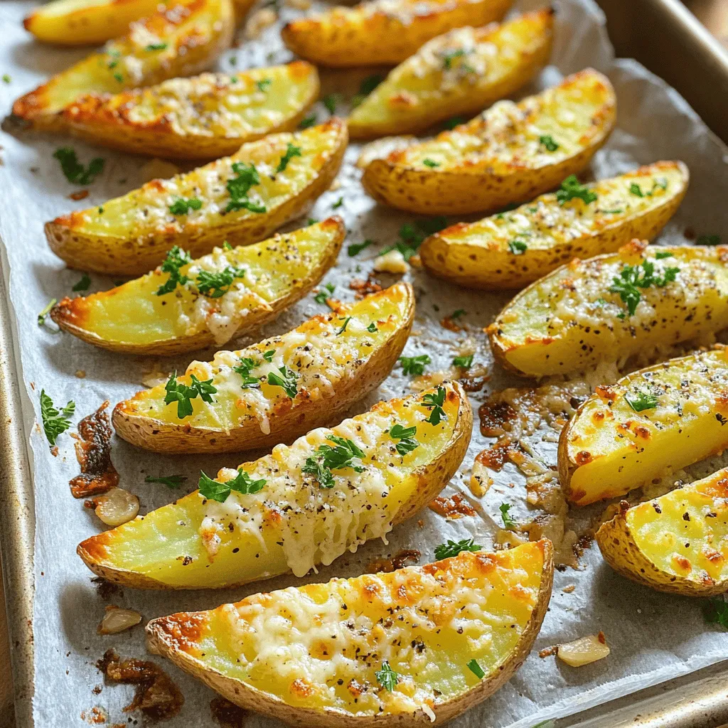 - 4 large russet potatoes, scrubbed and cut into wedges - ¼ cup olive oil - 4 cloves garlic, minced - 1 cup grated Parmesan cheese - 1 tablespoon dried Italian herbs (oregano, thyme, basil) - 1 teaspoon paprika - Salt and black pepper to taste - Fresh parsley, chopped (for garnish) Russet potatoes stand out for this recipe. They have a high starch content, which makes them fluffy inside and crispy outside. Their shape is perfect for cutting into wedges. You can also use Yukon Gold potatoes if you prefer a creamier texture. Olive oil adds healthy fats and flavor. It helps the wedges crisp up nicely in the oven. If you need a substitute, canola oil or avocado oil works well too. Parmesan cheese brings a salty, nutty taste. It melts beautifully on the hot wedges. If you want a dairy-free option, try nutritional yeast for a cheesy flavor without the dairy. Using fresh garlic gives a strong, savory taste. You can swap it with garlic powder if that’s what you have. The dried Italian herbs add layers of flavor. Feel free to experiment with your favorite herbs or spices. Just keep in mind that fresh herbs will taste different, so adjust the amount accordingly. This recipe is easy to customize, making it fun to mix and match flavors. You can stick to the Full Recipe for the best results, but don’t hesitate to get creative! First, set your oven to 425°F (220°C). This temperature is key for crispy potato wedges. Next, grab a large baking sheet. Line it with parchment paper. This will help with easy cleanup later. Make sure it's big enough for all the wedges. You want them to have space to cook evenly. In a large bowl, pour in ¼ cup of olive oil. Add 4 minced garlic cloves to the oil. Then, sprinkle in 1 tablespoon of dried Italian herbs, like oregano, thyme, and basil. Add 1 teaspoon of paprika for a little kick. Season with salt and black pepper to taste. Now, mix all these ingredients well. The goal is to create a tasty garlic herb mixture. Once mixed, add the potato wedges to the bowl. Toss them gently until each wedge is coated with the mixture. This step is important. A good coating means more flavor. Now it’s time to bake! Spread the coated potato wedges on the lined baking sheet. Make sure they are in a single layer. If they touch, they won’t get crispy. Bake them in the oven for 25-30 minutes. Halfway through, flip the wedges for even cooking. You want them golden brown and crispy. When they are done, take them out and sprinkle 1 cup of grated Parmesan cheese on top. This cheese will melt slightly, creating a delicious layer. For extra goodness, return them to the oven for another 5 minutes. You want the cheese to be bubbly and golden. Once done, your crispy garlic Parmesan potato wedges are ready to serve! To get the best crispiness, soak your potato wedges. Place them in cold water for 30 minutes. This removes excess starch. After soaking, dry them well with a towel. You can also use a convection oven. The hot air helps brown the wedges evenly. Want to boost the flavor? Try adding garlic powder. It gives a stronger garlic taste. You can also sprinkle some red pepper flakes for heat. Other great options include smoked paprika or onion powder. Mix and match to find your favorite! These potato wedges shine with dipping sauces. Try ranch or garlic aioli for a creamy touch. Ketchup is a classic choice, too. You can also serve them alongside a fresh salad. This adds color and crunch to your meal. Enjoy these tasty wedges as a snack or side dish. For the full recipe, check the earlier section! {{image_2}} You can make these wedges gluten-free by using gluten-free breadcrumbs. For a dairy-free version, skip the Parmesan or use a dairy-free cheese. These simple swaps keep your wedges tasty and fun for everyone. Want to change things up? Try adding different spices like chili powder or cumin. You can also swap Parmesan for cheddar for a richer flavor. For a zesty kick, mix in some lime zest or fresh herbs like rosemary. If you’re short on time, use an air fryer. It cooks the wedges faster and keeps them crispy. For a deep-fried version, heat oil to 350°F (175°C) and fry until golden. Both methods give you delicious results in less time. For the full recipe, check the section above! To keep your Crispy Garlic Parmesan Potato Wedges fresh, first let them cool. Place them in an airtight container. You can refrigerate them for up to three days. If you want to store them longer, freeze them. Spread the wedges on a baking sheet and freeze until solid. Then, transfer them to a freezer bag. To enjoy crispy wedges again, use the oven or an air fryer. Preheat the oven to 400°F (200°C). Spread the wedges on a baking sheet in a single layer. Heat for about 10-15 minutes. This method helps them stay crispy. If using an air fryer, heat at 350°F (175°C) for 5-7 minutes. In the fridge, your potato wedges last about three days. In the freezer, they can stay good for up to three months. After that, the quality may drop. For the best taste, eat them sooner rather than later. Enjoy your snack by following the Full Recipe! Yes, you can prepare the potato wedges in advance. Cut the potatoes and soak them in water. This keeps them fresh and helps remove some starch. You can store them in the fridge for up to 24 hours before baking. Just dry them well before you season and cook. If you want to skip Parmesan cheese, try using nutritional yeast. It adds a cheesy flavor without dairy. You can also use pecorino cheese for a similar taste. Just remember that any substitute may change the flavor. To add some heat, sprinkle cayenne pepper or red pepper flakes into the seasoning mix. You can adjust the amount based on your taste. For an extra kick, add some hot sauce to the olive oil before mixing. Yes, these potato wedges can be made vegan-friendly! Simply omit the Parmesan cheese or use a vegan cheese alternative. The rest of the ingredients are plant-based and safe for a vegan diet. Cut the potatoes into uniform wedges, about 1 inch thick. This size helps them cook evenly. Use a sharp knife for clean cuts. Make sure each piece is similar in size for the best results. You learned how to make tasty potato wedges. I shared key ingredients and useful tips. You now know how to achieve the perfect crispiness and flavor. Plus, I covered variations for different diets and methods. In the end, these wedges are easy to customize. Experiment with spices and cooking styles for your ideal dish. Enjoy them fresh or as leftovers, and share with friends! Your cooking journey starts here. Have fun creating delicious meals!