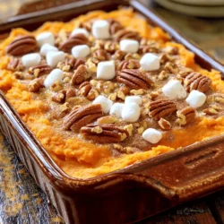 To make a great sweet potato casserole, you need a few main items: - 4 medium sweet potatoes, peeled and cubed - 1/2 cup brown sugar - 1/4 cup unsalted butter, melted These ingredients give the casserole its rich taste and creamy texture. Sweet potatoes are the star, adding natural sweetness and color. Brown sugar brings a warm flavor, while butter adds richness. You can enhance your casserole with these optional items: - 1 cup mini marshmallows - 1/2 cup crushed pecans - 2 eggs, beaten Mini marshmallows create a sweet, gooey topping. Crushed pecans add a nice crunch. Eggs help bind the mixture for a smoother texture. To boost flavor, include these spices: - 1/2 teaspoon cinnamon - 1/4 teaspoon nutmeg - 1/2 teaspoon vanilla extract - 1/4 teaspoon salt Cinnamon and nutmeg give warmth and depth. Vanilla adds sweetness and aroma. Salt balances the flavors and enhances the overall taste. For the full recipe, you can check out the Sweet Potato Delight Casserole. To make the sweet potato casserole, start by prepping the sweet potatoes. - Prepping the sweet potatoes: Peel and cube 4 medium sweet potatoes. This step helps them cook evenly. - Boiling and mashing: Next, boil the cubed sweet potatoes in water for 15-20 minutes. They should be fork-tender. Drain them and let them cool for a few minutes. After cooling, mash them in a large bowl until smooth. - Mixing the ingredients: Now, add the following to the mashed sweet potatoes: 1/2 cup brown sugar, 1/4 cup melted unsalted butter, 1/2 teaspoon cinnamon, 1/4 teaspoon nutmeg, 1/2 teaspoon vanilla extract, and 1/4 teaspoon salt. Stir well. Finally, mix in 2 beaten eggs until everything is combined. Now it’s time to bake the casserole. - Transferring to baking dish: Transfer the sweet potato mixture into a greased 9x13-inch baking dish. Spread it out evenly. - Adding toppings: If you like, sprinkle mini marshmallows on top. Then, in a bowl, mix 1/2 cup crushed pecans with a bit of brown sugar. Sprinkle this mixture over the casserole for added crunch. - Baking time and temperature: Preheat your oven to 350°F (175°C). Bake the casserole for 25-30 minutes. It should be heated through and the top will be golden brown. Once your casserole is done, it’s time to serve. - Portioning the casserole: Cut the casserole into squares for easy serving. - Garnishing tips: For a nice touch, you can add a sprinkle of extra crushed pecans or a drizzle of maple syrup on top. - Ideal pairing options: This dish pairs well with roasted turkey or glazed ham. Serve it alongside green beans or a fresh salad for a balanced meal. For the full recipe and more details, check the [Full Recipe]. To get the best sweet potato casserole, cook the sweet potatoes well. Boil them until they are fork-tender. This usually takes about 15 to 20 minutes. Drain them, and let them cool a bit before mashing. The way you mash the sweet potatoes matters too. Use a potato masher or a fork. Avoid using a blender or food processor. This keeps the texture nice and creamy without making it gummy. You can customize the flavor with spices. Adding cinnamon and nutmeg gives warmth and depth. Start with half a teaspoon of cinnamon and a quarter teaspoon of nutmeg. Taste as you go. This way, you can find the perfect mix for your taste buds. Balancing sweetness is key. Sweet potatoes are naturally sweet, but brown sugar adds a nice touch. Adjust the sugar to your liking. If you want it less sweet, cut back on the brown sugar a bit. Layering your sweet potato casserole can make it look fancy. Spread the sweet potato mix evenly in the dish. If you add mini marshmallows, sprinkle them on top for a nice finish. Choosing the right serving dish helps too. A 9x13-inch baking dish works well. It allows for even cooking and easy serving. Plus, it looks great on the table. For the full recipe, check out the details shared earlier. {{image_2}} You can switch up your sweet potato casserole with different sweeteners. Instead of brown sugar, try maple syrup or honey for a nice twist. These options add a unique flavor while keeping it sweet. If you want a dairy-free version, substitute butter with coconut oil or vegan butter. This change works well and keeps the dish tasty and rich. For toppings, consider using sliced almonds instead of crushed pecans. Almonds add a nice crunch and a hint of nuttiness. You can also add other fruits like cranberries for a pop of color and tartness. This adds a fun layer of flavor to your casserole. If you have dietary needs, you can easily adjust the recipe. For a vegan option, skip the eggs and use flaxseed meal mixed with water. This keeps it plant-based and just as delicious. For gluten-free eaters, ensure all your ingredients are certified gluten-free. If you want a lower sugar option, you can use sugar-free sweeteners like stevia or erythritol. These swaps let everyone enjoy the dish while meeting their dietary goals. For the full recipe, check out the Sweet Potato Delight Casserole. To keep your sweet potato casserole fresh, store it in the fridge. Place it in an airtight container. If you do not have one, cover the dish tightly with plastic wrap. This helps prevent drying out and keeps it tasty. Make sure it cools down before sealing. It will stay fresh for up to four days. When reheating, keep it moist. You can use the oven or microwave. For the oven, set it to 350°F (175°C). Cover the casserole with foil to hold in moisture. Heat for about 15-20 minutes or until warm. In the microwave, use a microwave-safe dish. Heat in short bursts, stirring in between. You can freeze the casserole too. Just wrap it well in plastic wrap and foil. It will last up to three months in the freezer. In the fridge, your sweet potato casserole lasts about four days. If you freeze it, follow the wrapping tips. Thaw it overnight in the fridge before reheating. Avoid refreezing after it has been thawed. This keeps your dish safe and tasty. For the full recipe, check the details above. Can I make this ahead of time? Yes! You can prepare the sweet potato mixture a day before. Store it in the fridge. When ready, transfer it to a baking dish and bake it fresh. What can I use instead of eggs in the recipe? You can use applesauce or mashed bananas. About 1/4 cup replaces one egg. This keeps it moist and adds a bit of sweetness. What if I don’t have brown sugar? You can use white sugar mixed with molasses. For each cup of brown sugar, mix 1 cup of white sugar with 1 tablespoon of molasses for a similar taste. Can I use canned sweet potatoes? Yes, you can! Drain and mash them well. Use about 2 cups for this recipe. This saves time and still tastes great. Why did my casserole turn out watery? This can happen if the sweet potatoes have too much water. Make sure to drain them well after boiling. Also, avoid adding extra liquid. How to tell if the casserole is done baking? Check if the top is golden brown and the edges are bubbling. You can also insert a fork or knife; it should come out clean when it’s done. For a detailed guide, check the Full Recipe for Sweet Potato Delight Casserole. This blog post covered how to make a delicious sweet potato casserole. We explored key ingredients, from sweet potatoes to spices. You learned step-by-step instructions for preparing and baking the dish. I shared tips for texture and flavor, plus fun variations for your recipe. Remember, storage and reheating methods can keep your casserole fresh. With these insights, you can create a delightful meal for any occasion. Enjoy experimenting in the kitchen and making this dish your own!
