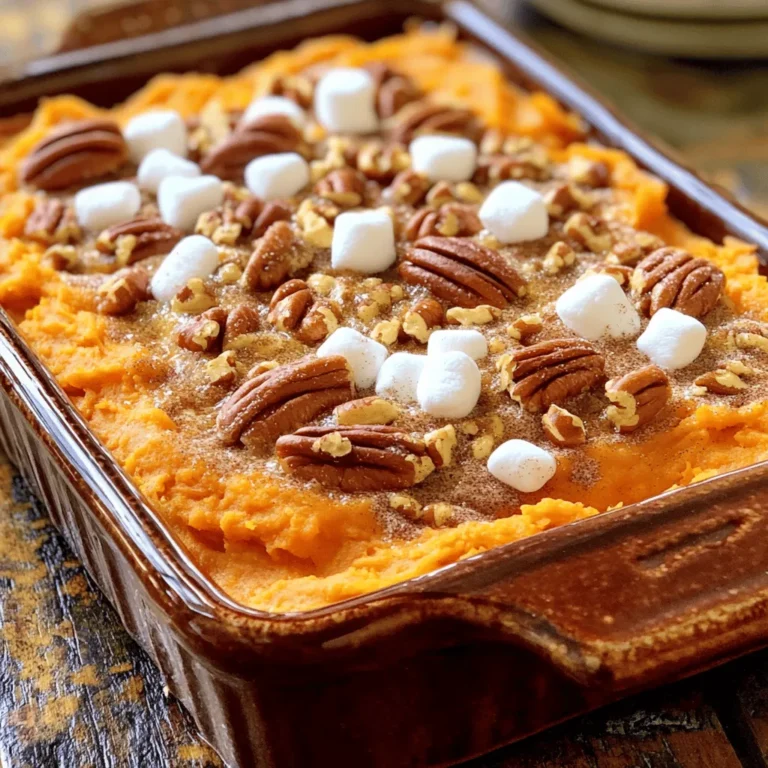 To make a great sweet potato casserole, you need a few main items: - 4 medium sweet potatoes, peeled and cubed - 1/2 cup brown sugar - 1/4 cup unsalted butter, melted These ingredients give the casserole its rich taste and creamy texture. Sweet potatoes are the star, adding natural sweetness and color. Brown sugar brings a warm flavor, while butter adds richness. You can enhance your casserole with these optional items: - 1 cup mini marshmallows - 1/2 cup crushed pecans - 2 eggs, beaten Mini marshmallows create a sweet, gooey topping. Crushed pecans add a nice crunch. Eggs help bind the mixture for a smoother texture. To boost flavor, include these spices: - 1/2 teaspoon cinnamon - 1/4 teaspoon nutmeg - 1/2 teaspoon vanilla extract - 1/4 teaspoon salt Cinnamon and nutmeg give warmth and depth. Vanilla adds sweetness and aroma. Salt balances the flavors and enhances the overall taste. For the full recipe, you can check out the Sweet Potato Delight Casserole. To make the sweet potato casserole, start by prepping the sweet potatoes. - Prepping the sweet potatoes: Peel and cube 4 medium sweet potatoes. This step helps them cook evenly. - Boiling and mashing: Next, boil the cubed sweet potatoes in water for 15-20 minutes. They should be fork-tender. Drain them and let them cool for a few minutes. After cooling, mash them in a large bowl until smooth. - Mixing the ingredients: Now, add the following to the mashed sweet potatoes: 1/2 cup brown sugar, 1/4 cup melted unsalted butter, 1/2 teaspoon cinnamon, 1/4 teaspoon nutmeg, 1/2 teaspoon vanilla extract, and 1/4 teaspoon salt. Stir well. Finally, mix in 2 beaten eggs until everything is combined. Now it’s time to bake the casserole. - Transferring to baking dish: Transfer the sweet potato mixture into a greased 9x13-inch baking dish. Spread it out evenly. - Adding toppings: If you like, sprinkle mini marshmallows on top. Then, in a bowl, mix 1/2 cup crushed pecans with a bit of brown sugar. Sprinkle this mixture over the casserole for added crunch. - Baking time and temperature: Preheat your oven to 350°F (175°C). Bake the casserole for 25-30 minutes. It should be heated through and the top will be golden brown. Once your casserole is done, it’s time to serve. - Portioning the casserole: Cut the casserole into squares for easy serving. - Garnishing tips: For a nice touch, you can add a sprinkle of extra crushed pecans or a drizzle of maple syrup on top. - Ideal pairing options: This dish pairs well with roasted turkey or glazed ham. Serve it alongside green beans or a fresh salad for a balanced meal. For the full recipe and more details, check the [Full Recipe]. To get the best sweet potato casserole, cook the sweet potatoes well. Boil them until they are fork-tender. This usually takes about 15 to 20 minutes. Drain them, and let them cool a bit before mashing. The way you mash the sweet potatoes matters too. Use a potato masher or a fork. Avoid using a blender or food processor. This keeps the texture nice and creamy without making it gummy. You can customize the flavor with spices. Adding cinnamon and nutmeg gives warmth and depth. Start with half a teaspoon of cinnamon and a quarter teaspoon of nutmeg. Taste as you go. This way, you can find the perfect mix for your taste buds. Balancing sweetness is key. Sweet potatoes are naturally sweet, but brown sugar adds a nice touch. Adjust the sugar to your liking. If you want it less sweet, cut back on the brown sugar a bit. Layering your sweet potato casserole can make it look fancy. Spread the sweet potato mix evenly in the dish. If you add mini marshmallows, sprinkle them on top for a nice finish. Choosing the right serving dish helps too. A 9x13-inch baking dish works well. It allows for even cooking and easy serving. Plus, it looks great on the table. For the full recipe, check out the details shared earlier. {{image_2}} You can switch up your sweet potato casserole with different sweeteners. Instead of brown sugar, try maple syrup or honey for a nice twist. These options add a unique flavor while keeping it sweet. If you want a dairy-free version, substitute butter with coconut oil or vegan butter. This change works well and keeps the dish tasty and rich. For toppings, consider using sliced almonds instead of crushed pecans. Almonds add a nice crunch and a hint of nuttiness. You can also add other fruits like cranberries for a pop of color and tartness. This adds a fun layer of flavor to your casserole. If you have dietary needs, you can easily adjust the recipe. For a vegan option, skip the eggs and use flaxseed meal mixed with water. This keeps it plant-based and just as delicious. For gluten-free eaters, ensure all your ingredients are certified gluten-free. If you want a lower sugar option, you can use sugar-free sweeteners like stevia or erythritol. These swaps let everyone enjoy the dish while meeting their dietary goals. For the full recipe, check out the Sweet Potato Delight Casserole. To keep your sweet potato casserole fresh, store it in the fridge. Place it in an airtight container. If you do not have one, cover the dish tightly with plastic wrap. This helps prevent drying out and keeps it tasty. Make sure it cools down before sealing. It will stay fresh for up to four days. When reheating, keep it moist. You can use the oven or microwave. For the oven, set it to 350°F (175°C). Cover the casserole with foil to hold in moisture. Heat for about 15-20 minutes or until warm. In the microwave, use a microwave-safe dish. Heat in short bursts, stirring in between. You can freeze the casserole too. Just wrap it well in plastic wrap and foil. It will last up to three months in the freezer. In the fridge, your sweet potato casserole lasts about four days. If you freeze it, follow the wrapping tips. Thaw it overnight in the fridge before reheating. Avoid refreezing after it has been thawed. This keeps your dish safe and tasty. For the full recipe, check the details above. Can I make this ahead of time? Yes! You can prepare the sweet potato mixture a day before. Store it in the fridge. When ready, transfer it to a baking dish and bake it fresh. What can I use instead of eggs in the recipe? You can use applesauce or mashed bananas. About 1/4 cup replaces one egg. This keeps it moist and adds a bit of sweetness. What if I don’t have brown sugar? You can use white sugar mixed with molasses. For each cup of brown sugar, mix 1 cup of white sugar with 1 tablespoon of molasses for a similar taste. Can I use canned sweet potatoes? Yes, you can! Drain and mash them well. Use about 2 cups for this recipe. This saves time and still tastes great. Why did my casserole turn out watery? This can happen if the sweet potatoes have too much water. Make sure to drain them well after boiling. Also, avoid adding extra liquid. How to tell if the casserole is done baking? Check if the top is golden brown and the edges are bubbling. You can also insert a fork or knife; it should come out clean when it’s done. For a detailed guide, check the Full Recipe for Sweet Potato Delight Casserole. This blog post covered how to make a delicious sweet potato casserole. We explored key ingredients, from sweet potatoes to spices. You learned step-by-step instructions for preparing and baking the dish. I shared tips for texture and flavor, plus fun variations for your recipe. Remember, storage and reheating methods can keep your casserole fresh. With these insights, you can create a delightful meal for any occasion. Enjoy experimenting in the kitchen and making this dish your own!