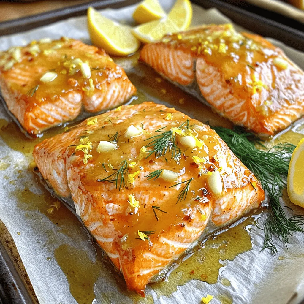 - 4 salmon fillets (6 oz each) - 1/4 cup honey - 2 tablespoons fresh lemon juice - Zest of 1 lemon - 2 tablespoons olive oil - 3 cloves garlic, minced - Salt and pepper to taste - Fresh dill, for garnish (optional) When I prepare honey lemon roasted salmon, I love to gather my ingredients first. The salmon fillets should be fresh and firm to the touch. Honey adds a sweet note, while lemon juice brings a zesty kick. The lemon zest enhances the flavor, making it bright and fresh. Olive oil helps with roasting, and minced garlic adds depth. I always keep salt and pepper on hand to season the fish. Fresh dill, while optional, makes a lovely garnish and adds a pop of color. - Baking sheet - Parchment paper - Mixing bowl - Whisk Using the right tools makes cooking easier. A baking sheet lined with parchment paper prevents sticking and saves cleanup time. A mixing bowl and whisk help combine your honey lemon mixture smoothly. These simple pieces of equipment make the process quick and fun. For the best results, ensure your salmon fillets fit on the baking sheet without overlapping. This allows the heat to circulate and cook them evenly. Grab your gear, and let’s get cooking! - Preheat the oven to 400°F (200°C). - In a small bowl, whisk together honey, lemon juice, lemon zest, olive oil, and minced garlic. Mix until smooth. This blend will add a bright flavor to your salmon. - Season the salmon fillets with salt and pepper on both sides. Place them skin-side down on a parchment-lined baking sheet. This helps with easy cleanup. - Brush the honey lemon mixture generously over the salmon fillets. Ensure each piece is well coated. This glaze gives a sweet and tangy taste. - Roast the salmon in the preheated oven for 12-15 minutes. Check for doneness by gently pressing the fish. It should flake easily with a fork. - Let the salmon rest for a couple of minutes after roasting. This helps the juices settle. - Garnish with fresh dill if you like. Serve with extra lemon wedges on the side. For sides, consider steamed broccoli, quinoa, or a fresh salad. They pair well with the salmon's flavors. For the complete recipe, check out the Full Recipe. To make great honey lemon roasted salmon, choose the best salmon fillets. Look for bright, vibrant colors. The flesh should feel firm and moist. Avoid any fish with a strong fishy smell. Fresh is best! To achieve the perfect roast, follow a few simple steps. First, preheat your oven to 400°F (200°C). This high heat helps create a nice crust. Place the salmon skin-side down on a parchment-lined baking sheet. This helps with easy cleanup and prevents sticking. Brush on the honey lemon glaze generously. This will add flavor and keep the fish moist. You can make your dish even better by adding more herbs and spices. Try fresh thyme or rosemary for a unique twist. A pinch of red pepper flakes adds some heat. Don’t be afraid to experiment! You can also vary the honey lemon glaze. Swap honey with maple syrup for a different sweetness. Add soy sauce for a savory kick. A splash of orange juice can brighten up the flavor too. Each change will give you a new taste! The right baking sheet makes a difference. Use a heavy-duty, rimmed baking sheet. This helps to cook the salmon evenly. If you have a non-stick option, that works well too. Using a meat thermometer is key for precision. Insert it into the thickest part of the salmon. It should read 145°F (63°C) when done. This ensures your salmon is perfectly cooked and safe to eat. {{image_2}} You can change the honey in this recipe. Try using maple syrup or agave instead. Both add a nice sweetness. You can also switch up the fish. Salmon is great, but you can use trout or halibut. These fish also work well with honey and lemon. Mixing different flavors can make this dish even more fun. You can add herbs like rosemary or thyme for a new taste. Citrus fruits are great too. Try oranges or limes instead of lemon. These will give a different but tasty twist to your salmon. If you need gluten-free options, this recipe is perfect. All the ingredients are naturally gluten-free. For those on a low-carb diet, you can enjoy this dish without worrying. The salmon is rich in protein and healthy fats, making it a great choice. You can still enjoy this meal while sticking to your diet. For the full recipe, check out the section above. To store cooked salmon in the refrigerator, let it cool first. Place the salmon in an airtight container. This way, it stays fresh for up to three days. If you want to keep it longer, freezing is a great option. Wrap the salmon tightly in plastic wrap, then place it in a freezer bag. This method helps avoid freezer burn. Frozen salmon can last for up to three months. When reheating roasted salmon, the best method is to use the oven. Preheat it to 350°F (175°C). Place the salmon on a baking sheet and cover it with foil. This keeps it moist. Heat for about 10 minutes or until warm. You can also use a microwave, but be careful. Microwave in short bursts to avoid drying it out. Cooked salmon lasts in the fridge for about three days. After this time, it may not be safe to eat. Signs of spoilage include a sour smell or a slimy texture. If you notice these signs, it's best to discard the salmon. Always trust your senses when it comes to food safety. For the full recipe, check out the Honey Lemon Roasted Salmon section. You should bake salmon fillets for 12 to 15 minutes at 400°F. The time may vary based on the thickness of your fillets. Salmon cooks quickly, so keep an eye on it. You want it to be tender and flaky, not dry. Yes, you can use frozen salmon! Just thaw it first. Place it in the fridge overnight or run it under cold water for a quicker thaw. Once thawed, pat it dry before seasoning. This helps the glaze stick better. Pair your honey lemon roasted salmon with simple sides. Some great options include: - Steamed asparagus - Roasted broccoli - Quinoa or rice - A fresh green salad These sides will balance the rich flavors of the salmon. Yes, this dish is quite healthy! Salmon is rich in omega-3 fatty acids. These fats are good for your heart. Honey adds sweetness without refined sugar. The lemon juice gives a boost of vitamin C and bright flavor. This dish is both nutritious and delicious! You can check if the salmon is done by looking at its color. It should be opaque and flake easily with a fork. If it looks raw or shiny, it needs more time. Another way is to gently press it with a fork. If it separates easily, it's ready! This recipe for honey lemon roasted salmon is simple and delicious. You learned about key ingredients, equipment, and step-by-step instructions. We shared tips for perfecting your dish and variations to explore. You can customize it to fit your taste and dietary needs. Cooking should be enjoyable, and this recipe allows you to create a healthy meal. With the right methods, your salmon can be a hit at any meal. Enjoy experimenting with flavors and make it your own.