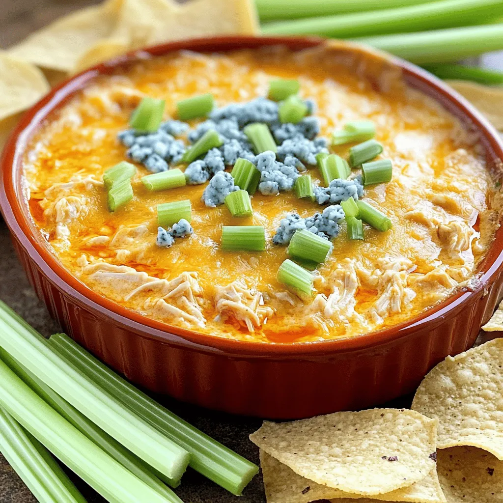 To make Buffalo chicken dip, you need: - 2 cups cooked chicken, shredded - 1 (8 oz) package cream cheese, softened - 1/2 cup buffalo sauce - 1/2 cup ranch dressing - 1 cup shredded cheddar cheese - 1/2 cup crumbled blue cheese (optional) These ingredients blend well to create a rich and creamy dip. Shredded chicken gives the dip its heartiness. Cream cheese adds a smooth texture. Buffalo sauce brings the heat, while ranch dressing balances the flavors. Cheddar and blue cheese add a savory touch. For extra flavor and crunch, add: - 1 green onion, thinly sliced - Tortilla chips or celery sticks for serving The green onion adds freshness and color to the dish. Tortilla chips or celery sticks serve as great vehicles for scooping up the dip. You can modify your dip with these ideas: - Use Greek yogurt instead of cream cheese for a lighter dip. - Try low-calorie ranch dressing to cut calories. - Experiment with different cheese blends, like pepper jack for spice or mozzarella for a milder taste. These substitutions can help you tailor the dip to your taste or dietary needs. You can create a unique twist on this classic recipe. For the full recipe, check the section above. 1. First, preheat your oven to 350°F (175°C). This step warms the oven for baking. 2. Next, grab a large mixing bowl. Combine the shredded chicken, softened cream cheese, buffalo sauce, and ranch dressing. 3. Mix until the mixture is smooth. This helps blend all the flavors together. 4. Gently fold in the shredded cheddar cheese and blue cheese, if you choose to use it. Mix until everything is well combined. 1. Now, transfer the mixture to an oven-safe baking dish. Spread it evenly using a spatula. 2. Place the dish in the preheated oven. Bake for about 20-25 minutes. 3. Look for visual cues: the dip should be bubbly around the edges. It’s important to heat it through for the best taste. 1. Once baked, remove the dish from the oven. Sprinkle sliced green onions on top for a fresh garnish. 2. Let the dip cool slightly before serving. This helps avoid burns and enhances flavor. 3. Serve with crunchy tortilla chips or crisp celery sticks. They pair perfectly with the dip's creamy texture. For the full recipe, check the detailed instructions above. Enjoy! To make your dip creamy and smooth, start with softened cream cheese. Let it sit at room temperature for about 30 minutes. This helps it blend well with the other ingredients. When mixing, use a sturdy fork or a hand mixer. This way, you can break up any lumps. If you want to adjust the spice levels, taste as you go. Start with half the buffalo sauce. Mix it in, then taste. You can always add more if you like it hotter. Remember, everyone's spice tolerance is different! Buffalo chicken dip is best served warm. Pair it with tortilla chips or celery sticks. Both add a crunchy contrast to the creamy dip. For a fun twist, offer sliced bell peppers or pita chips too. For parties, place the dip in a large bowl. Surround it with chips and veggies. This makes it easy for guests to grab what they want. For extra flair, put the dip in a bread bowl! To impress your guests, use a colorful platter. Arrange chips and veggies around the dip. Add a small bowl of extra buffalo sauce for dipping. For garnishing, sprinkle sliced green onions on top. You can also add a few sprigs of parsley for color. If you like, drizzle some ranch dressing on top for a fun touch. This makes your dip look as good as it tastes! For the full recipe, check out the instructions above. {{image_2}} Buffalo chicken dip is fun to make and even more fun to eat! You can change it up in many ways to fit your taste. Let’s explore some great variations. If you love heat, try these spicy ideas: - Adding extra hot sauce: Mix in more buffalo sauce for a fiery kick. Start with one tablespoon and add more to taste. - Incorporating jalapeños: Chop fresh jalapeños and stir them in. They add heat and crunch. You may want a creamier dip without all the fat. Check out these options: - Using Greek yogurt instead of cream cheese: Greek yogurt gives the dip a nice tang and is healthier. Swap it in one-for-one for cream cheese. - Dairy-free options for a healthier version: Use cashew cream or coconut yogurt. Both provide creaminess without dairy. Getting creative can take your dip to new heights: - Adding different cheeses: Try pepper jack for extra spice or gouda for a smoky flavor. Mix and match to find your favorite. - Incorporating other flavor profiles: Stir in BBQ sauce for a sweet twist or ranch seasoning for an herby taste. These variations make Buffalo chicken dip a dish you can enjoy in many ways. Feel free to try the [Full Recipe] and test out these ideas. To keep your Buffalo Chicken Dip fresh, use an airtight container. A glass or plastic container works well. Store it in the fridge for up to three days. Make sure the lid is tight to prevent air from getting in. To reheat the dip, use the oven for the best results. Preheat the oven to 350°F (175°C). Place the dip in an oven-safe dish. Heat for about 15 minutes until warm. The microwave is faster but may dry out the dip. If you use the microwave, heat it in short bursts. Stir after each burst to keep it creamy. You can prepare Buffalo Chicken Dip a day in advance. Just mix all the ingredients and store them in the fridge. When you're ready to serve, just bake it. For long-term storage, freeze the dip before baking. Place it in an airtight container. It can stay in the freezer for up to three months. When ready, thaw it in the fridge overnight and then bake. Enjoy the flavors anytime! For the [Full Recipe], check out the main article. Buffalo chicken dip lasts up to four days in the fridge. Store it in an airtight container. This keeps it fresh and tasty. If you want to enjoy it longer, you can freeze it. Just place it in a freezer-safe dish. It can stay in the freezer for about three months. When you want to eat it, thaw it in the fridge overnight before reheating. Yes, you can make buffalo chicken dip in a slow cooker! Start by mixing the ingredients in the slow cooker. Combine cooked chicken, cream cheese, buffalo sauce, ranch dressing, and cheeses. Stir until well mixed. Set your slow cooker to low and cook for about two hours. Stir occasionally. This method keeps the dip warm and creamy. You can serve buffalo chicken dip with many tasty options. Tortilla chips are a classic choice. They add a nice crunch. You can also use celery sticks for a fresh, crisp bite. Carrot sticks and bell pepper slices work well too. For a fun twist, try serving it with crackers or pita bread. It’s easy to mix and match! Buffalo Chicken Dip is a great choice for gatherings. You learned the key ingredients, like chicken, cream cheese, and buffalo sauce. I shared easy preparation steps and tips to make it perfect. You can also try fun variations and store leftovers properly. Remember to adjust flavors to fit your taste. Enjoy making this dish and impressing your friends with your skills!