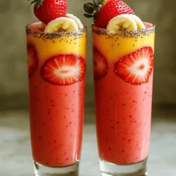 To make the Easy Strawberry Banana Smoothie, gather these simple items: - 1 cup fresh strawberries, hulled and halved - 1 ripe banana, peeled and sliced - 1 cup unsweetened almond milk (or your choice of milk) - 1/2 cup plain Greek yogurt - 1 tablespoon honey (or vegan alternative) - 1/2 teaspoon vanilla extract - 1/2 cup ice cubes These ingredients create a tasty and healthy drink. Fresh strawberries bring flavor and vitamins. Ripe bananas add sweetness and creaminess. Almond milk keeps it light. Greek yogurt gives protein and richness. Honey adds a touch of natural sweetness. Vanilla extract enhances the taste. Ice cubes make it cool and refreshing. You can find the Full Recipe to guide you through the steps. Enjoy this smoothie for breakfast or a snack! First, you need to prep your fruits. Start by hulling and halving the strawberries. This means you remove the green tops and cut them in half. Next, peel and slice the banana into small pieces. This will help it blend easily. Now, let’s blend! In a blender, add the strawberries, banana, almond milk, Greek yogurt, honey, and vanilla extract. These ingredients create a creamy and tasty mix. Then, toss in the ice cubes. They will chill and thicken your smoothie. Blend on high until smooth. Make sure there are no lumps. After blending, it’s time to taste your smoothie. If you want it sweeter, add more honey. If it’s too thick, add a splash of almond milk. Pour the smoothie into two glasses. For a fun touch, garnish with a slice of banana or a whole strawberry on the rim. You can also sprinkle chia seeds on top for a little crunch. Enjoy your delicious drink! For the full recipe, check back to the beginning. - Use ripe bananas for sweetness. Ripe bananas make your smoothie taste sweeter. - Chill ingredients beforehand for a cooler drink. This makes the smoothie refreshing. - Use banana slices or strawberries on the rim. This adds a fun look to your drink. - Add chia seeds for extra nutrition. Chia seeds boost the smoothie's health benefits. When you follow these tips, you create a great experience with your smoothie. You can find the full recipe above to enjoy a tasty drink anytime. {{image_2}} For a vegan twist, swap Greek yogurt for a plant-based yogurt. This keeps it creamy and adds flavor. Instead of honey, use agave syrup. It’s a great sweetener that fits well in this smoothie. If you follow a keto diet, use unsweetened coconut milk. It has healthy fats and keeps the carbs low. Skip the honey and choose a low-carb sweetener. This way, you can enjoy the smoothie without worrying about sugar. Feel free to get creative by adding more fruits. You can toss in spinach or kale for a green smoothie. This boosts nutrients and adds a fun color. You can also mix in other berries. Blueberries or raspberries will give a nice berry blend. This recipe is flexible, so have fun with it! Check out the Full Recipe for more details. You can keep your smoothie in the fridge. Use an airtight container to seal it well. This way, it stays fresh longer. However, the smoothie tastes best within 24 hours. After that, it may lose some flavor and texture. If you want to save some for later, freezing is a great option. Pour the smoothie into small portions and freeze them. This method makes it easy to grab one later. When you're ready to drink it, just thaw it in the fridge. This keeps the flavor intact while making it a quick treat. To make your smoothie thicker, you can add ice cubes or yogurt. Ice gives a nice chill and adds texture. I recommend adding about half a cup of ice. Greek yogurt also adds creaminess and makes it more filling. Just a half cup will do the trick. Blend until everything is smooth and creamy. Yes, you can use frozen fruits! Frozen strawberries and bananas are great for smoothies. They keep the drink cold and thick. Plus, they are often picked at peak ripeness, so they taste sweet. Just remember, if you use frozen fruit, you may need less ice. This smoothie packs a punch of nutrition. Strawberries are high in vitamin C and fiber. They help boost your immune system. Bananas provide potassium and energy for your day. Greek yogurt adds protein and probiotics for gut health. Almond milk is low in calories and great for hydration. Absolutely! This smoothie is family-friendly and kids love it. It is sweet, creamy, and very tasty. You can adjust the sweetness to fit their taste by adding more or less honey. It’s a fun way for kids to enjoy fruits. Plus, it’s a healthy snack or breakfast option. This blog post shared a simple, tasty smoothie recipe. We covered key ingredients, step-by-step instructions, and helpful tips. You learned different options for vegan, keto, and fruit add-ins. Remember to store leftovers properly for the best taste. Enjoy making this smoothie for a nutritious treat or snack. Feel free to mix things up and create your blend. The possibilities are endless! Keep experimenting and enjoy every sip.