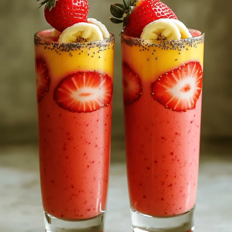 To make the Easy Strawberry Banana Smoothie, gather these simple items: - 1 cup fresh strawberries, hulled and halved - 1 ripe banana, peeled and sliced - 1 cup unsweetened almond milk (or your choice of milk) - 1/2 cup plain Greek yogurt - 1 tablespoon honey (or vegan alternative) - 1/2 teaspoon vanilla extract - 1/2 cup ice cubes These ingredients create a tasty and healthy drink. Fresh strawberries bring flavor and vitamins. Ripe bananas add sweetness and creaminess. Almond milk keeps it light. Greek yogurt gives protein and richness. Honey adds a touch of natural sweetness. Vanilla extract enhances the taste. Ice cubes make it cool and refreshing. You can find the Full Recipe to guide you through the steps. Enjoy this smoothie for breakfast or a snack! First, you need to prep your fruits. Start by hulling and halving the strawberries. This means you remove the green tops and cut them in half. Next, peel and slice the banana into small pieces. This will help it blend easily. Now, let’s blend! In a blender, add the strawberries, banana, almond milk, Greek yogurt, honey, and vanilla extract. These ingredients create a creamy and tasty mix. Then, toss in the ice cubes. They will chill and thicken your smoothie. Blend on high until smooth. Make sure there are no lumps. After blending, it’s time to taste your smoothie. If you want it sweeter, add more honey. If it’s too thick, add a splash of almond milk. Pour the smoothie into two glasses. For a fun touch, garnish with a slice of banana or a whole strawberry on the rim. You can also sprinkle chia seeds on top for a little crunch. Enjoy your delicious drink! For the full recipe, check back to the beginning. - Use ripe bananas for sweetness. Ripe bananas make your smoothie taste sweeter. - Chill ingredients beforehand for a cooler drink. This makes the smoothie refreshing. - Use banana slices or strawberries on the rim. This adds a fun look to your drink. - Add chia seeds for extra nutrition. Chia seeds boost the smoothie's health benefits. When you follow these tips, you create a great experience with your smoothie. You can find the full recipe above to enjoy a tasty drink anytime. {{image_2}} For a vegan twist, swap Greek yogurt for a plant-based yogurt. This keeps it creamy and adds flavor. Instead of honey, use agave syrup. It’s a great sweetener that fits well in this smoothie. If you follow a keto diet, use unsweetened coconut milk. It has healthy fats and keeps the carbs low. Skip the honey and choose a low-carb sweetener. This way, you can enjoy the smoothie without worrying about sugar. Feel free to get creative by adding more fruits. You can toss in spinach or kale for a green smoothie. This boosts nutrients and adds a fun color. You can also mix in other berries. Blueberries or raspberries will give a nice berry blend. This recipe is flexible, so have fun with it! Check out the Full Recipe for more details. You can keep your smoothie in the fridge. Use an airtight container to seal it well. This way, it stays fresh longer. However, the smoothie tastes best within 24 hours. After that, it may lose some flavor and texture. If you want to save some for later, freezing is a great option. Pour the smoothie into small portions and freeze them. This method makes it easy to grab one later. When you're ready to drink it, just thaw it in the fridge. This keeps the flavor intact while making it a quick treat. To make your smoothie thicker, you can add ice cubes or yogurt. Ice gives a nice chill and adds texture. I recommend adding about half a cup of ice. Greek yogurt also adds creaminess and makes it more filling. Just a half cup will do the trick. Blend until everything is smooth and creamy. Yes, you can use frozen fruits! Frozen strawberries and bananas are great for smoothies. They keep the drink cold and thick. Plus, they are often picked at peak ripeness, so they taste sweet. Just remember, if you use frozen fruit, you may need less ice. This smoothie packs a punch of nutrition. Strawberries are high in vitamin C and fiber. They help boost your immune system. Bananas provide potassium and energy for your day. Greek yogurt adds protein and probiotics for gut health. Almond milk is low in calories and great for hydration. Absolutely! This smoothie is family-friendly and kids love it. It is sweet, creamy, and very tasty. You can adjust the sweetness to fit their taste by adding more or less honey. It’s a fun way for kids to enjoy fruits. Plus, it’s a healthy snack or breakfast option. This blog post shared a simple, tasty smoothie recipe. We covered key ingredients, step-by-step instructions, and helpful tips. You learned different options for vegan, keto, and fruit add-ins. Remember to store leftovers properly for the best taste. Enjoy making this smoothie for a nutritious treat or snack. Feel free to mix things up and create your blend. The possibilities are endless! Keep experimenting and enjoy every sip.