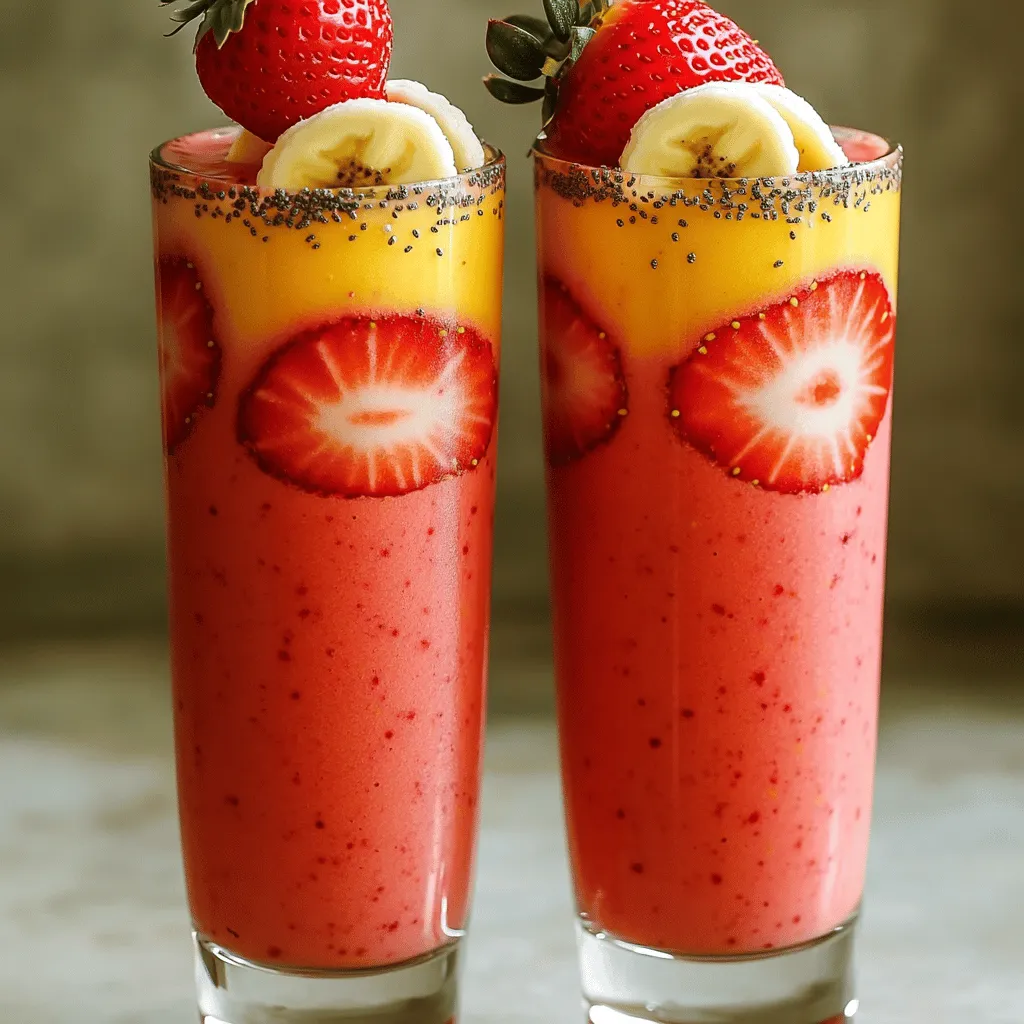 To make the Easy Strawberry Banana Smoothie, gather these simple items: - 1 cup fresh strawberries, hulled and halved - 1 ripe banana, peeled and sliced - 1 cup unsweetened almond milk (or your choice of milk) - 1/2 cup plain Greek yogurt - 1 tablespoon honey (or vegan alternative) - 1/2 teaspoon vanilla extract - 1/2 cup ice cubes These ingredients create a tasty and healthy drink. Fresh strawberries bring flavor and vitamins. Ripe bananas add sweetness and creaminess. Almond milk keeps it light. Greek yogurt gives protein and richness. Honey adds a touch of natural sweetness. Vanilla extract enhances the taste. Ice cubes make it cool and refreshing. You can find the Full Recipe to guide you through the steps. Enjoy this smoothie for breakfast or a snack! First, you need to prep your fruits. Start by hulling and halving the strawberries. This means you remove the green tops and cut them in half. Next, peel and slice the banana into small pieces. This will help it blend easily. Now, let’s blend! In a blender, add the strawberries, banana, almond milk, Greek yogurt, honey, and vanilla extract. These ingredients create a creamy and tasty mix. Then, toss in the ice cubes. They will chill and thicken your smoothie. Blend on high until smooth. Make sure there are no lumps. After blending, it’s time to taste your smoothie. If you want it sweeter, add more honey. If it’s too thick, add a splash of almond milk. Pour the smoothie into two glasses. For a fun touch, garnish with a slice of banana or a whole strawberry on the rim. You can also sprinkle chia seeds on top for a little crunch. Enjoy your delicious drink! For the full recipe, check back to the beginning. - Use ripe bananas for sweetness. Ripe bananas make your smoothie taste sweeter. - Chill ingredients beforehand for a cooler drink. This makes the smoothie refreshing. - Use banana slices or strawberries on the rim. This adds a fun look to your drink. - Add chia seeds for extra nutrition. Chia seeds boost the smoothie's health benefits. When you follow these tips, you create a great experience with your smoothie. You can find the full recipe above to enjoy a tasty drink anytime. {{image_2}} For a vegan twist, swap Greek yogurt for a plant-based yogurt. This keeps it creamy and adds flavor. Instead of honey, use agave syrup. It’s a great sweetener that fits well in this smoothie. If you follow a keto diet, use unsweetened coconut milk. It has healthy fats and keeps the carbs low. Skip the honey and choose a low-carb sweetener. This way, you can enjoy the smoothie without worrying about sugar. Feel free to get creative by adding more fruits. You can toss in spinach or kale for a green smoothie. This boosts nutrients and adds a fun color. You can also mix in other berries. Blueberries or raspberries will give a nice berry blend. This recipe is flexible, so have fun with it! Check out the Full Recipe for more details. You can keep your smoothie in the fridge. Use an airtight container to seal it well. This way, it stays fresh longer. However, the smoothie tastes best within 24 hours. After that, it may lose some flavor and texture. If you want to save some for later, freezing is a great option. Pour the smoothie into small portions and freeze them. This method makes it easy to grab one later. When you're ready to drink it, just thaw it in the fridge. This keeps the flavor intact while making it a quick treat. To make your smoothie thicker, you can add ice cubes or yogurt. Ice gives a nice chill and adds texture. I recommend adding about half a cup of ice. Greek yogurt also adds creaminess and makes it more filling. Just a half cup will do the trick. Blend until everything is smooth and creamy. Yes, you can use frozen fruits! Frozen strawberries and bananas are great for smoothies. They keep the drink cold and thick. Plus, they are often picked at peak ripeness, so they taste sweet. Just remember, if you use frozen fruit, you may need less ice. This smoothie packs a punch of nutrition. Strawberries are high in vitamin C and fiber. They help boost your immune system. Bananas provide potassium and energy for your day. Greek yogurt adds protein and probiotics for gut health. Almond milk is low in calories and great for hydration. Absolutely! This smoothie is family-friendly and kids love it. It is sweet, creamy, and very tasty. You can adjust the sweetness to fit their taste by adding more or less honey. It’s a fun way for kids to enjoy fruits. Plus, it’s a healthy snack or breakfast option. This blog post shared a simple, tasty smoothie recipe. We covered key ingredients, step-by-step instructions, and helpful tips. You learned different options for vegan, keto, and fruit add-ins. Remember to store leftovers properly for the best taste. Enjoy making this smoothie for a nutritious treat or snack. Feel free to mix things up and create your blend. The possibilities are endless! Keep experimenting and enjoy every sip.