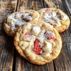 To make these tasty cookies, gather these ingredients: - 1 cup unsalted butter, softened - 1 cup cream cheese, softened - 1 cup granulated sugar - 1 cup brown sugar, packed - 2 large eggs - 1 teaspoon vanilla extract - 3 cups all-purpose flour - 1 teaspoon baking powder - 1/2 teaspoon baking soda - 1/2 teaspoon salt - 1 cup fresh strawberries, diced - 1/2 cup white chocolate chips (optional) - 1/4 cup powdered sugar (for dusting) Choose ripe strawberries for the best flavor. Look for bright red berries without green spots. The berries should feel firm and not mushy. Fresh strawberries will have a sweet smell. If possible, pick organic strawberries to avoid pesticides. Always wash them gently under cool water before using. This keeps them fresh and clean. Softening butter and cream cheese is essential for creamy cookies. Take them out of the fridge about an hour before you start. Cut the butter into small pieces so it softens faster. You can also microwave the butter for about 10 seconds, but watch closely to avoid melting it. Cream cheese should feel soft and spreadable. Mix them together for a smooth texture in your cookie dough. First, preheat your oven to 350°F (175°C). This step is key for even baking. Next, line a baking sheet with parchment paper. The parchment keeps cookies from sticking and helps them bake evenly. In a large bowl, add softened butter and cream cheese. Use a mixer to beat them together until fluffy. Then, add granulated and brown sugars. Mix well until it looks light and creamy. Now, crack in two large eggs, adding one at a time. Mix after each egg. Finally, stir in one teaspoon of vanilla extract. This adds great flavor to your cookies. In a separate bowl, whisk together three cups of all-purpose flour, one teaspoon of baking powder, 1/2 teaspoon of baking soda, and 1/2 teaspoon of salt. This step helps mix the dry ingredients evenly. Gradually add this mixture to the wet ingredients. Mix until just combined. Don’t overmix; you want soft dough. Now it's time for the fun part! Gently fold in one cup of diced fresh strawberries. If you like white chocolate, add 1/2 cup of white chocolate chips too. Be careful not to squish the strawberries too much. You want pieces of strawberry in every bite. Use a cookie scoop or a tablespoon to drop balls of dough onto the prepared baking sheet. Leave enough space between each dough ball. This allows them to spread while baking. Bake in the preheated oven for 12 to 15 minutes. The edges should be golden, and the centers will look soft. Let them cool for 5 minutes on the sheet, then transfer to a wire rack to cool completely. Dust with powdered sugar for a lovely finish. Enjoy your delicious treats! For perfect cookies, you need the right mix. Start with room temperature butter and cream cheese. This step helps create a smooth batter. When you beat them together, aim for a light and fluffy mixture. If your dough feels too sticky, add a bit more flour. This adjustment helps you get the right balance. Chewy cookies are all about timing. When you bake them, pull them out when the edges are golden brown. The centers may look soft, but that’s just right. Allow them to cool on the baking sheet for a few minutes. This resting time lets the cookies firm up while keeping that delightful chewiness. Many home bakers make simple mistakes. One common error is overmixing the dough. This can lead to tough cookies, which we want to avoid. Another mistake is not measuring ingredients correctly. Use proper measuring cups for flour and sugar. Finally, remember to leave enough space between the cookie dough balls on the baking sheet. They need room to spread. For the full recipe of these delicious cookies, check out the detailed steps above. {{image_2}} You can have fun with strawberry cheesecake cookies by changing some flavors. Here are a few ideas. Try adding different flavors to your cookies. You can mix in: - Lemon zest for a bright twist. - Almond extract for a nutty touch. - Chopped nuts like pecans or walnuts for crunch. These add-ins can enhance the flavor and make your cookies unique. To make these cookies gluten-free, swap the all-purpose flour. Use a gluten-free flour blend instead. Make sure it has xanthan gum, which helps with texture. The cookies will still be tasty and chewy. For a vegan version, replace the butter and cream cheese. Use coconut oil and a plant-based cream cheese. You can also use flax eggs instead of regular eggs. Just mix one tablespoon of ground flaxseed with three tablespoons of water. Let it sit for five minutes until it thickens. This keeps the cookies moist and delicious. Explore these variations to suit your taste. You can find the full recipe above to get started! To keep your Viral Strawberry Cheesecake Cookies fresh, store them in an airtight container. You can use a plastic or glass container. Place parchment paper between layers to avoid sticking. This helps maintain their soft texture. Keep the container in a cool, dry place away from sunlight. Freezing cookies is easy and a great way to save some for later. Start by letting the cookies cool completely. Once cooled, place them in a single layer on a baking sheet. Freeze them for about an hour. After that, transfer the cookies to a freezer bag or container. Be sure to remove as much air as possible. Label the bag with the date. They will stay tasty for up to three months. When stored properly, these cookies can last up to a week at room temperature. They stay soft and delicious during this time. If you freeze them, they can last much longer, up to three months. Just remember to let them thaw at room temperature before enjoying them again. For the full recipe, refer to the earlier section. Yes, you can use frozen strawberries. Just make sure to thaw and drain them well. This step helps prevent excess moisture in your cookies. Frozen strawberries can work, but fresh ones often taste better. The cookies are done when the edges turn slightly golden. The centers might look soft, but that’s okay! They will continue to firm up as they cool. Keep an eye on them after 12 minutes. If you want to replace cream cheese, try using mascarpone cheese. It has a similar texture and flavor. You can also use Greek yogurt for a lighter option. Just know this will change the taste a bit. To stop cookies from spreading, chill the dough for about 30 minutes before baking. Using cold butter instead of softened butter can also help. Ensure you space the cookies well on the baking sheet. For toppings, you can sprinkle powdered sugar for a sweet touch. Drizzle melted chocolate or white chocolate for extra flavor. Fresh strawberry slices also make a lovely and tasty addition. Enjoy customizing your cookies! Making Viral Strawberry Cheesecake Cookies is easy and fun. We covered the best ingredients, tips for picking ripe strawberries, and how to prep your baking supplies. I shared step-by-step instructions that guide you through mixing, shaping, and baking. You also learned how to avoid common mistakes and explore tasty adaptations. Finally, I gave tips for storage and answered common questions. With these insights, you can create the perfect cookies and impress everyone. Enjoy baking and eating your delicious creations!