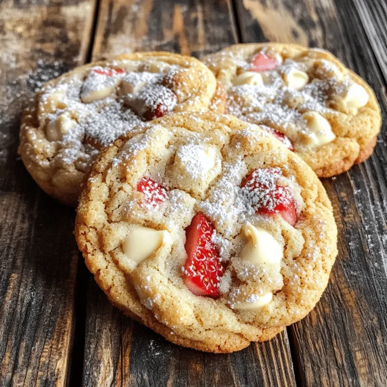 To make these tasty cookies, gather these ingredients: - 1 cup unsalted butter, softened - 1 cup cream cheese, softened - 1 cup granulated sugar - 1 cup brown sugar, packed - 2 large eggs - 1 teaspoon vanilla extract - 3 cups all-purpose flour - 1 teaspoon baking powder - 1/2 teaspoon baking soda - 1/2 teaspoon salt - 1 cup fresh strawberries, diced - 1/2 cup white chocolate chips (optional) - 1/4 cup powdered sugar (for dusting) Choose ripe strawberries for the best flavor. Look for bright red berries without green spots. The berries should feel firm and not mushy. Fresh strawberries will have a sweet smell. If possible, pick organic strawberries to avoid pesticides. Always wash them gently under cool water before using. This keeps them fresh and clean. Softening butter and cream cheese is essential for creamy cookies. Take them out of the fridge about an hour before you start. Cut the butter into small pieces so it softens faster. You can also microwave the butter for about 10 seconds, but watch closely to avoid melting it. Cream cheese should feel soft and spreadable. Mix them together for a smooth texture in your cookie dough. First, preheat your oven to 350°F (175°C). This step is key for even baking. Next, line a baking sheet with parchment paper. The parchment keeps cookies from sticking and helps them bake evenly. In a large bowl, add softened butter and cream cheese. Use a mixer to beat them together until fluffy. Then, add granulated and brown sugars. Mix well until it looks light and creamy. Now, crack in two large eggs, adding one at a time. Mix after each egg. Finally, stir in one teaspoon of vanilla extract. This adds great flavor to your cookies. In a separate bowl, whisk together three cups of all-purpose flour, one teaspoon of baking powder, 1/2 teaspoon of baking soda, and 1/2 teaspoon of salt. This step helps mix the dry ingredients evenly. Gradually add this mixture to the wet ingredients. Mix until just combined. Don’t overmix; you want soft dough. Now it's time for the fun part! Gently fold in one cup of diced fresh strawberries. If you like white chocolate, add 1/2 cup of white chocolate chips too. Be careful not to squish the strawberries too much. You want pieces of strawberry in every bite. Use a cookie scoop or a tablespoon to drop balls of dough onto the prepared baking sheet. Leave enough space between each dough ball. This allows them to spread while baking. Bake in the preheated oven for 12 to 15 minutes. The edges should be golden, and the centers will look soft. Let them cool for 5 minutes on the sheet, then transfer to a wire rack to cool completely. Dust with powdered sugar for a lovely finish. Enjoy your delicious treats! For perfect cookies, you need the right mix. Start with room temperature butter and cream cheese. This step helps create a smooth batter. When you beat them together, aim for a light and fluffy mixture. If your dough feels too sticky, add a bit more flour. This adjustment helps you get the right balance. Chewy cookies are all about timing. When you bake them, pull them out when the edges are golden brown. The centers may look soft, but that’s just right. Allow them to cool on the baking sheet for a few minutes. This resting time lets the cookies firm up while keeping that delightful chewiness. Many home bakers make simple mistakes. One common error is overmixing the dough. This can lead to tough cookies, which we want to avoid. Another mistake is not measuring ingredients correctly. Use proper measuring cups for flour and sugar. Finally, remember to leave enough space between the cookie dough balls on the baking sheet. They need room to spread. For the full recipe of these delicious cookies, check out the detailed steps above. {{image_2}} You can have fun with strawberry cheesecake cookies by changing some flavors. Here are a few ideas. Try adding different flavors to your cookies. You can mix in: - Lemon zest for a bright twist. - Almond extract for a nutty touch. - Chopped nuts like pecans or walnuts for crunch. These add-ins can enhance the flavor and make your cookies unique. To make these cookies gluten-free, swap the all-purpose flour. Use a gluten-free flour blend instead. Make sure it has xanthan gum, which helps with texture. The cookies will still be tasty and chewy. For a vegan version, replace the butter and cream cheese. Use coconut oil and a plant-based cream cheese. You can also use flax eggs instead of regular eggs. Just mix one tablespoon of ground flaxseed with three tablespoons of water. Let it sit for five minutes until it thickens. This keeps the cookies moist and delicious. Explore these variations to suit your taste. You can find the full recipe above to get started! To keep your Viral Strawberry Cheesecake Cookies fresh, store them in an airtight container. You can use a plastic or glass container. Place parchment paper between layers to avoid sticking. This helps maintain their soft texture. Keep the container in a cool, dry place away from sunlight. Freezing cookies is easy and a great way to save some for later. Start by letting the cookies cool completely. Once cooled, place them in a single layer on a baking sheet. Freeze them for about an hour. After that, transfer the cookies to a freezer bag or container. Be sure to remove as much air as possible. Label the bag with the date. They will stay tasty for up to three months. When stored properly, these cookies can last up to a week at room temperature. They stay soft and delicious during this time. If you freeze them, they can last much longer, up to three months. Just remember to let them thaw at room temperature before enjoying them again. For the full recipe, refer to the earlier section. Yes, you can use frozen strawberries. Just make sure to thaw and drain them well. This step helps prevent excess moisture in your cookies. Frozen strawberries can work, but fresh ones often taste better. The cookies are done when the edges turn slightly golden. The centers might look soft, but that’s okay! They will continue to firm up as they cool. Keep an eye on them after 12 minutes. If you want to replace cream cheese, try using mascarpone cheese. It has a similar texture and flavor. You can also use Greek yogurt for a lighter option. Just know this will change the taste a bit. To stop cookies from spreading, chill the dough for about 30 minutes before baking. Using cold butter instead of softened butter can also help. Ensure you space the cookies well on the baking sheet. For toppings, you can sprinkle powdered sugar for a sweet touch. Drizzle melted chocolate or white chocolate for extra flavor. Fresh strawberry slices also make a lovely and tasty addition. Enjoy customizing your cookies! Making Viral Strawberry Cheesecake Cookies is easy and fun. We covered the best ingredients, tips for picking ripe strawberries, and how to prep your baking supplies. I shared step-by-step instructions that guide you through mixing, shaping, and baking. You also learned how to avoid common mistakes and explore tasty adaptations. Finally, I gave tips for storage and answered common questions. With these insights, you can create the perfect cookies and impress everyone. Enjoy baking and eating your delicious creations!
