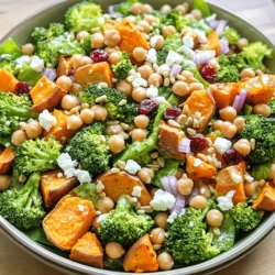 - 2 medium sweet potatoes, peeled and diced - 4 cups fresh broccoli florets - 1 cup canned chickpeas, drained and rinsed - 1/2 red onion, finely chopped - 1/2 cup dried cranberries - 1/4 cup feta cheese, crumbled (optional) - 1/4 cup sunflower seeds The main ingredients in this salad are colorful and healthy. Sweet potatoes add a touch of sweetness and lots of nutrients. Fresh broccoli gives a nice crunch and bright green color. Chickpeas pack in protein and fiber to keep you full. Red onion adds a sharp bite, while cranberries bring a hint of tartness. If you choose to add feta cheese, it gives a creamy texture. Sunflower seeds provide a nutty flavor and extra crunch. - 3 tablespoons olive oil - 2 tablespoons apple cider vinegar - 1 tablespoon maple syrup - 1 teaspoon Dijon mustard - Salt and pepper to taste The dressing for this salad is simple yet flavorful. Olive oil provides healthy fats, while apple cider vinegar adds tang. Maple syrup gives a touch of sweetness that balances the flavors. Dijon mustard adds depth and a slight kick. Seasoning with salt and pepper enhances the taste. You can adjust these amounts to suit your taste. For the full recipe, check out the details provided above. - Preheat the oven to 400°F (200°C). - Toss diced sweet potatoes with olive oil, salt, and pepper. Roast for 25-30 minutes. To start, you want your oven hot. Preheating it to 400°F makes sure your sweet potatoes roast well. Next, dice your sweet potatoes into small cubes. Toss them in a bowl with some olive oil, salt, and pepper. This mix gives them flavor. Spread them out on a baking sheet. Make sure they have space to roast evenly. Bake them for about 25 to 30 minutes until they are tender and golden brown. Flip them halfway through for even cooking. - Boil water and blanch the broccoli florets for 2-3 minutes. - Plunge broccoli into ice water to stop cooking, then drain. While the sweet potatoes roast, get a pot of water boiling. Add your fresh broccoli florets to the boiling water. Blanch them for just 2 to 3 minutes. This keeps the bright green color and crisp texture. After that, quickly transfer the broccoli to a bowl of ice water. This stops the cooking process. Once cooled, drain the broccoli and set it aside. - In a large bowl, combine roasted sweet potatoes, blanched broccoli, chickpeas, onions, cranberries, and sunflower seeds. - Whisk together dressing ingredients and pour over the salad. Toss gently to combine. Now, grab a large bowl. In it, combine your roasted sweet potatoes, blanched broccoli, chickpeas, chopped red onion, dried cranberries, and sunflower seeds. Each of these adds a unique flavor and texture. Next, make your dressing in a small bowl. Whisk together olive oil, apple cider vinegar, maple syrup, Dijon mustard, salt, and pepper. Once mixed well, pour the dressing over the salad. Toss gently to combine everything. If you like, you can add feta cheese on top for extra creaminess. For the full recipe, check the details above. To get sweet potatoes perfectly caramelized, cut them into even cubes. This helps them cook evenly. Toss them in a tablespoon of olive oil, salt, and pepper. Spread them in a single layer on a baking sheet. Roast at 400°F (200°C) for 25-30 minutes. Flip them halfway through for even browning. They should be tender on the inside and crispy on the outside. Keep broccoli bright and crisp by blanching it. Boil water in a pot, then add the broccoli florets for 2-3 minutes. This quick cooking keeps the broccoli vibrant. After blanching, plunge it into ice water immediately. This stops the cooking and helps the color stay bright. Drain well before adding to the salad. Adjust the time for softer broccoli if you prefer. You can customize the dressing to fit your taste. Try adding garlic or herbs for a fresh twist. If you want a vegan option, replace the honey with maple syrup. For gluten-free, check that the Dijon mustard is gluten-free. Feel free to adjust the oil and vinegar ratios for more tang or richness. For the full recipe, check the details above. {{image_2}} You can make your sweet potato broccoli salad even better with fun add-ins. Try adding proteins like grilled chicken or tofu for extra heartiness. Both options blend well with the flavors in the salad. If you want more crunch, consider adding bell peppers or carrots. Fruits like apples or pears can also add a nice sweet touch. They pair well with the sweet potatoes and cranberries. The dressing can change the taste of your salad. Try a tahini dressing for a nutty flavor. Lemon vinaigrette is another great choice that gives a zesty kick. If you prefer creamy, mix in some yogurt or avocado. These options can make your salad richer and more filling. Just remember to taste as you go to find the right balance. You can keep your salad fresh by using seasonal ingredients. In the spring, add fresh peas or asparagus for a bright touch. Summer can bring in cherry tomatoes or cucumbers. In the fall, think about adding roasted butternut squash. Winter can call for kale or brussels sprouts. Adjust your ingredients based on what you find at the market. This way, your salad will always have a new twist throughout the year. To keep your Sweet Potato Broccoli Salad fresh, store it in an airtight container. Place it in the refrigerator. It stays good for about 3 to 5 days. Keep the dressing separate until you are ready to eat. This keeps the salad crisp and tasty. - Airtight container: Helps prevent air and moisture from spoiling your salad. - Dress separately: Mixing dressing too soon makes the salad soggy. - Use within 5 days: For the best flavor, enjoy your salad before this time. You can freeze Sweet Potato Broccoli Salad, but it may change texture. Freezing is best for the sweet potatoes and chickpeas. Here’s how to freeze and thaw it properly: 1. Prepare the salad: Leave out the dressing and any fresh items like cranberries or sunflower seeds. 2. Use a freezer-safe container: Store the salad in a container that seals well. 3. Label and date: Write the date on the container so you remember when to use it. To thaw, place the container in the fridge overnight. This will help the salad regain its texture. For the best taste, serve your salad chilled or at room temperature. This salad is perfect for lunch or dinner. It works well as a side for grilled meats or as a main dish for a light meal. - Garnish: Add extra sunflower seeds or cranberries for color and crunch. - Pair with protein: Try it with grilled chicken, shrimp, or tofu for a filling meal. - Occasions: Great for picnics, potlucks, or family gatherings. For a full recipe of this delicious dish, check the [Full Recipe]. Yes, you can prepare this salad ahead of time. It’s best to roast the sweet potatoes and blanch the broccoli the day before. Store the salad in the fridge in an airtight container. Keep the dressing separate until you are ready to eat. This way, the salad stays fresh and crunchy. You can use other legumes or proteins instead of chickpeas. Great options include black beans, kidney beans, or lentils. If you prefer meat, grilled chicken or turkey works well too. Choose what you like best! Yes, this salad is gluten-free. All the ingredients, like sweet potatoes, broccoli, and chickpeas, do not contain gluten. Always double-check labels on any packaged items, like dressings, to ensure they are gluten-free. You can store leftovers in the fridge for up to three days. Make sure to keep the salad in an airtight container. If the salad contains dressing, it might get soggy over time. Enjoy the leftovers within a few days for the best taste. Yes, you can make this salad vegan easily. Omit the feta cheese to keep it vegan. The salad will still be tasty and full of flavor. You can add extra sunflower seeds or nuts for more texture. In this post, I shared a simple recipe for Sweet Potato Broccoli Salad. You learned about the main ingredients, like sweet potatoes, chickpeas, and broccoli. I also provided tips on roasting, blanching, and dressing. You can modify the recipe with add-ins and seasonal flavors. Remember to store leftovers properly for the best taste. This salad is fresh, nutritious, and fun to make. Enjoy your cooking, and feel free to customize it to fit your taste!