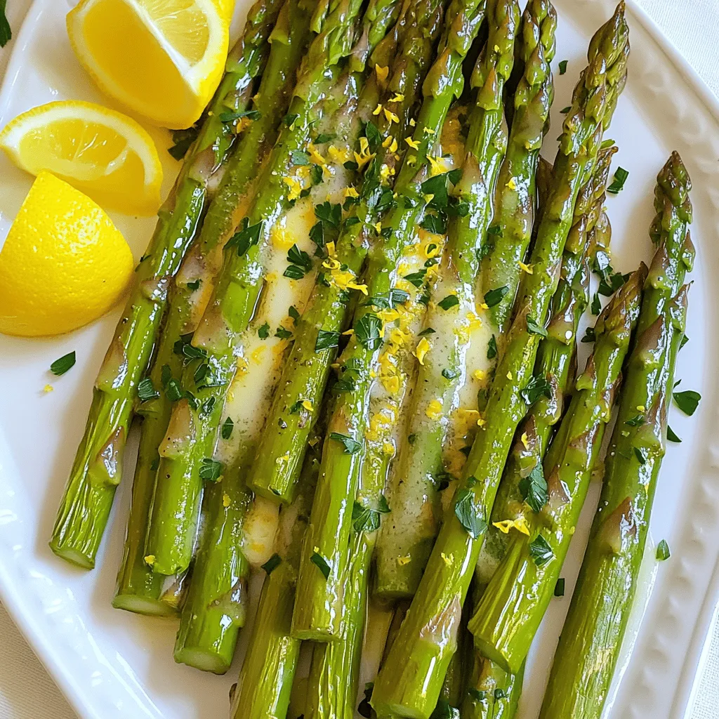 When choosing asparagus, look for firm, bright green stalks. They should feel crisp and snap easily when bent. Avoid any that are limp or have dark spots. The thinner stalks tend to be more tender, while thicker ones can be chewier. You want fresh asparagus for the best flavor and texture. To create the lemon butter sauce, you will need: - 1 pound fresh asparagus, trimmed - 3 tablespoons unsalted butter - 2 tablespoons fresh lemon juice - Zest of 1 lemon - 2 cloves garlic, minced - Salt and pepper to taste These ingredients blend well to make a rich, zesty sauce that enhances the asparagus' natural flavor. You can add a few extra touches to elevate your dish. Consider these optional ingredients: - 1 tablespoon freshly chopped parsley (for garnish) - A sprinkle of red pepper flakes for heat - A drizzle of olive oil before serving These garnishes not only add flavor but also make your dish look stunning. For the Full Recipe, refer to the top of the article. Start by washing the asparagus. This step is crucial to remove dirt and grit. After washing, trim the ends. You can snap them off or cut about 1-2 inches from the bottom. This helps the asparagus cook evenly and taste fresh. In a large skillet, melt the butter over medium heat. Wait until it gets foamy. Then, add the minced garlic. Cook it for about 30 seconds. You want it to smell great, but don’t let it brown. This is key to keeping the garlic mild and sweet. Now it’s time to add the asparagus to the skillet. Toss it in the butter and garlic mix. Cook the asparagus for about 4-6 minutes. You want it tender, but still crisp. Once done, drizzle fresh lemon juice over the top. Sprinkle the lemon zest too. Season with salt and pepper to taste. Toss everything together so it’s all well coated. Remove from heat and transfer to a serving dish. Garnish with chopped parsley for a pop of color. Enjoy your quick and tasty side dish! For the complete recipe, check out the Full Recipe section. To get the best texture, start with fresh asparagus. Choose stalks that are bright green and firm. When cooking, aim for tenderness but keep some crunch. This balance makes each bite delightful. Cook for 4-6 minutes. Check for doneness by piercing a stalk with a fork. If it goes in easily, it’s done! You can boost the flavor of this dish with a few simple tweaks. Add a pinch of red pepper flakes for heat. A dash of soy sauce can give it a savory touch. For a nutty flavor, sprinkle some toasted sesame seeds on top. You can also use herbs like thyme or dill for a fresh twist. If you like softer asparagus, cook it a bit longer. Just be careful not to overdo it! For a charred flavor, try grilling the asparagus instead. This adds a smoky taste. You can also roast it in the oven at 400°F for about 15 minutes. This will give you a nice crispiness while keeping it tender. For the complete recipe, check out the Full Recipe section. {{image_2}} You can add a delicious twist to your lemon butter asparagus. Grate some fresh Parmesan cheese over the asparagus just before serving. The cheese melts slightly and adds a rich flavor. This combination of lemon, butter, and cheese creates a mouthwatering dish. It pairs well with many main courses. Need more protein? You can easily add shrimp or chicken to this dish. For shrimp, sauté them in the same skillet after the garlic. Cook them until they turn pink. If you prefer chicken, use cooked, shredded chicken. Toss it in at the end to warm it up. Both options make the dish heartier and great for a full meal. If you’re looking for a vegan option, you can swap the butter for olive oil or vegan butter. Keep the lemon juice and zest to maintain that bright flavor. This change makes the dish plant-based but still tasty. The lemon and garlic will shine through, giving you a fresh side that everyone will enjoy. Explore the Full Recipe for a detailed guide on making this dish. To store leftover lemon butter asparagus, first let it cool down. Place it in an airtight container. This keeps it fresh and tasty. Try to eat it within three days for the best flavor. When reheating, use a skillet for the best taste. Heat the skillet on low heat. Add a tiny bit of butter or oil to keep it moist. Stir gently until warmed through. You can also microwave it. But be sure to cover it to avoid drying out. You can keep lemon butter asparagus in the fridge for up to three days. After that, the texture may change. It might become mushy and lose flavor. For the best taste, try to enjoy it fresh. Find the full recipe for more tips on making this dish. Yes, you can use frozen asparagus. However, fresh asparagus tastes better. Frozen asparagus may lose some crunch. If you choose frozen, cook it a bit longer to ensure it's tender. Lemon Butter Asparagus pairs well with many dishes. Here are some ideas: - Grilled chicken for a light meal - Baked salmon for a healthy option - Quinoa or rice for a filling side - Pasta for a tasty veggie boost These options make your meal feel complete and balanced. To meal prep Lemon Butter Asparagus, follow these steps: 1. Cook the asparagus as in the Full Recipe. 2. Let it cool completely before storing. 3. Place it in an airtight container. 4. Keep it in the fridge for 3-4 days. Reheat it in the microwave or on the stove when ready to eat. This makes healthy eating easy throughout the week! In this post, I shared how to make delicious Lemon Butter Asparagus. We covered choosing fresh asparagus and making a tasty lemon butter sauce. I also provided tips for cooking, enhancing flavors, and various ingredient options. Remember, you can mix in Parmesan or even protein like shrimp. Store leftovers right and enjoy them later. With all these steps and tips, you can create a wonderful dish every time. Enjoy cooking and savoring this delightful recipe!