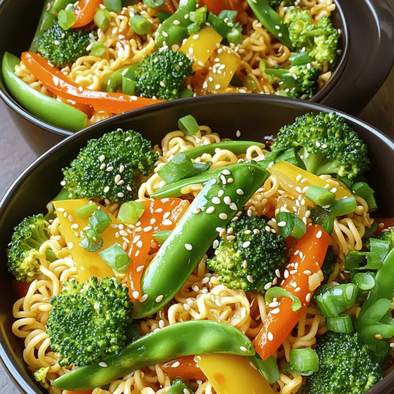 - Instant ramen noodles - Vegetable oil - Fresh vegetables (onion, bell peppers, broccoli, carrot, snap peas) - Aromatics (garlic, ginger) - Sauces and seasonings (soy sauce, sriracha, sesame oil) - Garnishes (green onions, sesame seeds) To make Spicy Ramen Noodle Stir Fry, you need a few key ingredients. First, grab two packs of instant ramen noodles. Discard the flavor packets; we won't need them for this dish. Next, choose a good vegetable oil like canola or olive oil for cooking. Fresh vegetables add color and crunch. I like using onions, bell peppers, broccoli, carrots, and snap peas. You can pick any mix you love. Aromatics like garlic and ginger will boost the flavor. For sauces, soy sauce gives a salty kick, while sriracha adds heat. A drizzle of sesame oil adds a nutty taste. Finally, don’t forget the garnishes! Chopped green onions and sesame seeds make it look pretty and taste great. You can find the full recipe later in this article. To start, boil a pot of water. Add the instant ramen noodles to the boiling water. Cook them according to the package instructions. Once they are done, drain the noodles. Set them aside in a bowl while you cook the veggies. In a large frying pan or wok, heat 2 tablespoons of vegetable oil over medium-high heat. Add the thinly sliced onion and sauté for about 2 minutes. The onion should turn translucent. Next, stir in 3 cloves of minced garlic and 1 teaspoon of grated ginger. Add 1 cup of julienned bell peppers. Cook for another 2-3 minutes. Then, toss in 1 cup of broccoli florets, 1 medium carrot (julienned), and 1 cup of snap peas. Stir-fry these veggies for 3-4 minutes. They should look bright and slightly tender. Now, lower the heat to medium. Add the cooked ramen noodles to the pan. Drizzle 2 tablespoons of soy sauce, 1 tablespoon of sriracha, and 1 tablespoon of sesame oil over everything. Toss the noodles and veggies together for about 2 minutes. Season with salt and pepper to taste. Toss again to mix all the flavors. Once everything is heated through, remove from the heat. Garnish with chopped green onions and sesame seeds. For more details, check the Full Recipe. - Heat management is key. Start with medium-high heat to get the oil hot. This helps the veggies cook quickly and keeps them crisp. If the heat is too low, the vegetables will become soggy. - Fresh veggies matter. Use bright, fresh vegetables. They add color, crunch, and flavor. Look for firm bell peppers and vibrant broccoli. Freshness makes your dish pop. - Adjust sriracha to taste. Start with one tablespoon, then taste. Add more if you like it hotter. - Consider other spice options. Try adding chili flakes or fresh sliced jalapeños. For a smoky touch, add a dash of smoked paprika. Each spice gives a unique flavor. - Serve beautifully. Use deep bowls for a nice look. Arrange the veggies and noodles in a way that shows off the colors. - Additional garnish ideas. Sprinkle sesame seeds on top and add chopped green onions. You can also use cilantro for a fresh twist. A wedge of lime adds a nice touch as well. For more details, check the Full Recipe. {{image_2}} You can add protein to your stir fry for a heartier meal. Tofu and chicken are great choices. - For tofu, use firm or extra-firm. Cut it into cubes. - Cook the tofu until golden and crispy. This takes about 5-7 minutes. - For chicken, slice breast or thigh into thin strips. - Cook the chicken until it’s no longer pink, about 6-8 minutes. Adding protein not only boosts flavor but also makes your dish more filling. Feel free to get creative with your veggies. If you can’t find a specific vegetable, swap it out for something else. - Use spinach or kale instead of broccoli. - Zucchini or mushrooms can replace bell peppers. - Add corn or bok choy for extra crunch and flavor. These swaps keep your dish fresh and fun. While ramen noodles are key, you can try other types for variety. - Udon or rice noodles work well in this dish. - If you're gluten-free, use rice noodles or gluten-free ramen. Experimenting with different noodles can change the whole meal! For the full recipe, check the earlier section. To store leftovers, let the ramen cool first. Place it in an airtight container. This helps keep the noodles from getting mushy. You can store it in the fridge for up to three days. For best results, eat it within two days. To maintain freshness, avoid adding extra sauce before storing. This way, the noodles stay firm and tasty. For reheating, use the microwave or a skillet. If using a microwave, heat it in short bursts of one minute. Stir between heating to keep it even. If using a skillet, add a splash of water to prevent drying out. Heat over medium heat until warm. This keeps the noodles and veggies from losing their great texture and flavor. A splash of soy sauce can add extra taste too. Enjoy your Spicy Ramen Noodle Stir Fry again! The total time is about 30 minutes. You need 10 minutes to prep, and 20 minutes to cook. This quick dish fits well into any busy schedule. Yes, you can use fresh ramen! Just note that fresh ramen cooks faster than instant. Boil it for 2-3 minutes, then follow the same steps in the recipe. I love pairing this stir fry with a simple side salad or some edamame. You can also serve it with steamed dumplings for a fun meal. Consider a light miso soup for a warm touch. For drinks, try green tea or a refreshing soda. In this blog post, we covered how to make a delicious Spicy Ramen Noodle Stir Fry. You learned about essential ingredients, from fresh vegetables to the right sauces. I outlined step-by-step instructions for cooking and combining flavors. I also shared tips for making your dish extra spicy and attractive. Cooking is fun and creative. With this recipe, you can enjoy great meals easily. Explore variations to make the dish your own. Enjoy your cooking journey!