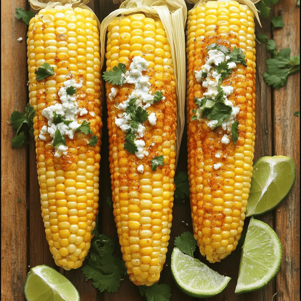 To make the best chili lime grilled corn, gather these simple ingredients: - 4 ears of fresh corn, husked - 1/4 cup mayonnaise - 1 teaspoon chili powder - 1 teaspoon smoked paprika - 1 lime, juiced and zested - 1/4 cup cotija cheese, crumbled (or feta cheese) - 1 tablespoon fresh cilantro, chopped - Salt and pepper to taste - Lime wedges for serving These ingredients bring bright flavors to your corn. The lime adds zest, while the chili powder gives a kick. Cotija cheese adds creaminess and a salty touch. You can boost your chili lime grilled corn with a few extras: - Add a sprinkle of cayenne pepper for more heat. - Use garlic powder in the mayo mix for depth. - Drizzle with hot sauce for an extra punch. - Swap fresh cilantro for fresh parsley if you prefer. These enhancements can make your dish even more exciting and flavorful. To create this tasty dish, you need a few key tools: - Grill or grill pan - Brush for spreading sauce - Mixing bowl for the mayo mixture - Tongs for turning the corn Having the right tools makes grilling easier and more fun. You’ll be ready to enjoy every bite of your chili lime grilled corn. Check out the Full Recipe for specific instructions and tips. First, grab four ears of fresh corn. Husk each ear to take off the outer leaves. Make sure to remove all the silk from the corn. Rinse the corn under cold water, then pat it dry. This helps the chili lime mixture stick better. In a small bowl, mix together the mayonnaise, chili powder, smoked paprika, lime juice, and lime zest. Stir well until it forms a smooth, zesty sauce. This mixture will give your corn a bold flavor. You can adjust the spice level by adding more chili powder if you like it hot. Now, preheat your grill to medium-high heat. Once hot, brush each ear of corn with the chili lime mixture. Make sure to coat them evenly for the best taste. Place the corn directly on the grill. Grill for about 10-15 minutes, turning occasionally. Look for tender kernels and nice grill marks. When done, take the corn off the grill. Sprinkle salt and pepper while it’s still warm. Then, top it with crumbled cotija cheese and fresh cilantro. Serve with lime wedges for an extra burst of flavor. For the full recipe, check the details above. Grilling corn can be simple and fun. Here are some best practices to keep in mind: - Choose Fresh Corn: Look for ears with bright green husks and plump kernels. Fresh corn tastes sweeter and juicier. - Husk and Clean: Remove the husks and silk completely. Rinse the corn to keep it clean for grilling. - Preheat the Grill: Heat your grill to medium-high. This helps cook the corn evenly and gives nice grill marks. To make your chili lime grilled corn burst with flavor, try these tips: - Use a Zesty Sauce: Mix mayonnaise, lime juice, and spices for a tasty coating. This sauce adds creaminess and zing. - Grill with Care: Turn the corn every few minutes. This helps it cook evenly and develop a rich, smoky flavor. - Top It Off: After grilling, sprinkle cotija cheese and cilantro. These toppings add texture and freshness to each bite. Even the best cooks face issues. Here are some common mistakes and how to fix them: - Burnt Corn: If the corn burns, lower the grill heat. Move the corn to a cooler part of the grill. - Soggy Kernels: If corn is soggy, it may need less time on the grill. Keep a close eye on it while cooking. - Lack of Flavor: If the corn tastes bland, add more seasoning. Mix extra lime juice or salt to enhance the taste. For a complete guide, check the Full Recipe for chili lime grilled corn. {{image_2}} If you love heat, add more chili powder or cayenne pepper. This gives the corn a nice kick. You can also use hot sauce in the mayo mix. Just a dash can make a big difference. Adjust to your taste for the perfect spice level. You can swap cotija cheese for other cheeses to change the flavor. Try feta or goat cheese for a creamy taste. For a dairy-free option, use a vegan cheese substitute. The cheese adds a rich taste that complements the lime and chili. Get creative with your toppings! Try diced avocado for a creamy texture. You can also add chopped jalapeños for more heat. For a fresh twist, mix in some diced tomatoes or red onion. These toppings can change the whole dish and wow your guests. For the complete recipe, check out the Full Recipe. After your meal, let the corn cool down. Wrap each ear in plastic wrap or foil. Store them in the fridge. They can last up to three days. I love using them in salads or as a quick snack. To reheat grilled corn, you have a few options. You can use the microwave, grill, or oven. For the microwave, place the corn on a plate and cover it with a damp paper towel. Heat for one to two minutes. If using the grill, warm it over medium heat for a few minutes. This keeps the flavor fresh. For the oven, wrap the corn in foil and heat at 350°F for about ten minutes. You can freeze grilled corn for later. First, let it cool completely. Then, cut the kernels off the cob. Place them in a freezer bag, pressing out the air. Label the bag with the date. Frozen corn can stay good for up to six months. You can add it to soups, stews, or even tacos. This way, you enjoy the taste of summer all year long! For the full recipe, check the link above. The best corn for grilling is sweet corn. Look for fresh ears with bright green husks. This corn has plump kernels and a juicy taste. I prefer using bi-color corn for a mix of sweetness and flavor. Always choose corn that feels firm when you squeeze it. Yes, you can prepare chili lime grilled corn ahead of time. You can husk and soak the corn in water for 30 minutes before grilling. This keeps the corn moist while grilling. Make the chili lime sauce and store it in the fridge. Just remember to grill the corn right before serving for the best taste. You can easily adjust the spice level in this chili lime grilled corn recipe. To make it milder, use less chili powder. If you want it spicier, add more chili powder or even some cayenne pepper. Adding hot sauce to the mayonnaise mixture works well too. Taste as you go to find your perfect heat! Chili lime grilled corn is a fun and tasty treat. We discussed key ingredients, from corn to chili lime mix. You learned essential tools for grilling and how to prep the corn. I shared tips for the best flavor and ways to fix common mistakes. Plus, we explored tasty variations and storage tips. Enjoy grilling this summer and impress your friends with your new skills.