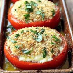 - 4 large ripe tomatoes - 1 cup grated Parmesan cheese - 1/2 cup breadcrumbs (preferably panko) - 3 cloves garlic, minced - 2 tablespoons fresh basil (or 1 tablespoon dried) - 1 teaspoon dried oregano - 1/4 teaspoon red pepper flakes (optional) - 2 tablespoons olive oil - Salt and pepper to taste When I make Baked Parmesan Tomatoes, I always start with the freshest ingredients. You want ripe tomatoes that are firm yet juicy. They should be bright in color and free from blemishes. The Parmesan cheese gives the dish its rich, savory flavor. I prefer using freshly grated cheese for the best taste. Breadcrumbs, especially panko, add a delightful crunch to the topping. For optional ingredients, I often add garlic for its wonderful aroma. Fresh basil brightens the dish with its herbal notes. Dried oregano adds a hint of earthiness. If you like a bit of heat, consider red pepper flakes. They elevate the overall flavor without overwhelming the dish. Finally, olive oil is a must. It not only helps with browning but also adds a smooth richness. Don't forget to season with salt and pepper. This will bring out all the flavors in your tomatoes. For the full recipe, you can check out the details earlier in the article. - Preheat your oven to 375°F (190°C). - Slice the tops off the tomatoes and scoop out seeds and pulp. To start, you want those tomatoes ready for stuffing. Preheating your oven sets the stage for a perfect bake. When cutting the tops, make sure to keep the sides intact. This way, they hold their shape. After slicing, gently scoop out the seeds and pulp. I like to use a spoon for this. Save the insides for another dish or toss them. - Combine Parmesan cheese, breadcrumbs, garlic, basil, oregano, and seasonings in a bowl. - Mix until well combined for perfect consistency. Next, grab a bowl and mix the magic! Combine grated Parmesan cheese, breadcrumbs, minced garlic, and chopped basil. Add oregano, salt, and pepper as well. If you like a kick, toss in red pepper flakes. I always mix until it's smooth and well blended. This ensures every bite is packed with flavor. - Fill each hollow tomato with the cheese mixture. - Bake for 25-30 minutes or until the tops are golden. Now it’s time to fill those tomatoes! Use a spoon to pack the cheese mixture into each hollow tomato. Press down gently to fit it all in. Place them in a baking dish, making sure they stand upright. Bake in your preheated oven for 25-30 minutes. The tops should turn a nice golden brown, and the tomatoes will feel tender. For the full recipe, check the section above. Enjoy this savory treat! - Bake in a single layer for even cooking. This helps the heat move around each tomato. - Avoid overfilling to prevent spillage. The cheese and bread mix should stay inside the tomato. - Allow tomatoes to sit in salt for a few minutes before filling. This helps draw out moisture and enhances the taste. - Experiment with different herbs and spices for unique variations. Try thyme, parsley, or even a hint of cumin for a twist. - Pair with a side salad or garlic bread for a complete meal. This adds freshness and texture. - Serve as an appetizer or side dish. They are great for gatherings or cozy dinners. Follow the Full Recipe for detailed steps and enjoy this savory delight! {{image_2}} You can switch up the cheese for a new taste. Try mozzarella for a creamy melt. Feta adds a tangy twist that pairs well with tomatoes. Fresh herbs also change the flavor. Use thyme for a woodsy note or parsley for brightness. If you love heat, add more red pepper flakes. This will make your dish zesty. You can also layer in jalapeños for extra spice. They bring a nice kick to each bite. For those who crave meat, add cooked bacon bits to the filling. Sausage also works well for a savory bite. For a heartier meal, use ground turkey or beef. This turns your baked tomatoes into a filling dish. To explore the full experience, check out the Full Recipe! To keep your Baked Parmesan Tomatoes fresh, cool them completely first. This step is key to avoid steam build-up. Once cooled, place them in airtight containers. This helps keep the flavors and texture intact. For quick meals, you can freeze the tomatoes before baking. Just prepare them as usual, but do not bake. Wrap them tightly and place them in the freezer. When you're ready to eat, reheat them in the oven. This will keep the cheese nice and melty. If stored in the fridge, eat the leftovers within 3 days. This ensures you enjoy the best taste and texture. If you freeze them, they can last up to 3 months. Just remember to label your containers to track the dates. Yes, you can prepare and refrigerate them, then bake on serving day. This makes meal prep easy. Just follow the recipe steps until filling the tomatoes. Cover them tightly with plastic wrap. When you're ready to bake, take them out of the fridge and pop them in the oven. They will still taste fresh and delicious. They pair well with salads, meats, or bread. A crisp green salad adds a nice touch. You can also serve them with grilled chicken or fish for a hearty meal. Garlic bread is great for soaking up any leftover juices. These tomatoes make a perfect side dish or appetizer. They should be tender and the tops golden brown. You can check them with a fork. If the fork goes in easily, they are ready. The cheese topping should look crispy and inviting. Trust your eyes and nose; the aroma will also tell you when they are done. Absolutely! Experiment with different cheeses for varied flavors. Mozzarella adds a nice stretch, while feta gives a tangy kick. You might also try goat cheese for a creamy texture. Feel free to mix cheeses for more depth. The key is to find what you enjoy the most. In this post, we covered how to make baked Parmesan tomatoes. You learned about essential ingredients like ripe tomatoes, Parmesan cheese, and breadcrumbs. I shared tips on preparing the filling, baking, and serving ideas. You can even try different flavors with optional spices or other cheeses. Baked Parmesan tomatoes are not only tasty but also easy to customize. They make a great dish for any meal. Enjoy the cooking process and share your results!