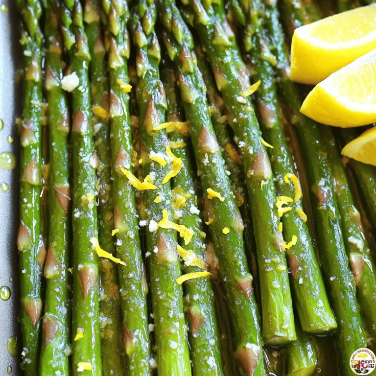 - Fresh asparagus: 1 pound - Olive oil: 3 tablespoons - Garlic: 4 cloves, minced - Lemon zest: from 1 lemon - Fresh lemon juice: 2 tablespoons - Red pepper flakes: 1 teaspoon (optional) - Salt and pepper: to taste - Parmesan cheese: 2 tablespoons, freshly grated (optional) - Lemon wedges: for serving When you gather your ingredients, focus on freshness. Look for bright green asparagus. You want firm stalks with tight tips. The olive oil should be high quality, as it adds great flavor. Fresh garlic packs a punch, enhancing the dish. I love using fresh lemon zest. It brightens the flavors and gives zestiness. The juice adds that tangy kick, making each bite refreshing. If you like a bit of heat, consider the red pepper flakes. They are optional but add a nice touch. Salt and pepper are key to balancing flavors. You may add Parmesan cheese for richness. It melts beautifully over warm asparagus. Finally, serve with lemon wedges. They offer a fresh squeeze when you are ready to eat. For the full recipe, check out the details above. - Step 1: Preheat the oven to 425°F (220°C). This high heat helps the asparagus roast well. - Step 2: Prepare asparagus and combine with olive oil. Trim the woody ends off the asparagus. In a large bowl, add 1 pound of asparagus and 3 tablespoons of olive oil. Toss until each spear is coated. - Step 3: Add remaining ingredients and toss. Next, add 4 cloves of minced garlic, the zest of 1 lemon, 2 tablespoons of fresh lemon juice, and 1 teaspoon of red pepper flakes if you want some heat. Season with salt and pepper. Toss everything together until well mixed. - Step 4: Arrange asparagus on a baking sheet. Spread the seasoned asparagus in a single layer on the baking sheet. This helps them cook evenly. - Step 5: Roast asparagus for 12-15 minutes. Place the baking sheet in the preheated oven. Roast until the asparagus is tender and slightly crispy at the tips. - Step 6: Sprinkle with Parmesan cheese (if using). After removing the asparagus from the oven, add 2 tablespoons of freshly grated Parmesan cheese on top if you like. Serve warm with lemon wedges on the side for extra flavor. For the complete recipe, check out the [Full Recipe]. To make your lemon garlic asparagus shine, use high-quality olive oil. This oil adds depth and richness. It also helps the garlic and lemon flavors pop. You can also experiment with different herbs. Try adding fresh thyme or rosemary for a new twist. These herbs bring a lovely aroma and taste. When roasting, avoid overcrowding the baking sheet. If the asparagus spears touch, they steam instead of roast. This makes them soft, not crisp. Adjust the roasting time based on asparagus thickness. Thicker spears need a bit more time. Keep an eye on them to ensure they turn out just right. Pair your lemon garlic asparagus with grilled meats. It complements chicken, fish, or steak perfectly. You can also serve it alongside a fresh salad. This adds a light and crisp touch to your meal. For the full recipe, check the details above. {{image_2}} To give your Lemon Garlic Asparagus new flavors, try these options. - Lemon Herb Variation: Add thyme or rosemary for a fresh taste. - Spicy Kick: Increase red pepper flakes or add chili powder for heat. These simple changes can elevate your dish and cater to different palates. You can also change how you cook your asparagus. - Sautéing on the stovetop: This method gives a quick cook. Just heat olive oil in a pan and add the seasoned asparagus. Cook for about 5-7 minutes. - Grilling for smoky flavor: Grill asparagus for about 8-10 minutes. The char adds depth and a wonderful taste. Both methods keep the asparagus crisp while adding unique flavors. Make this dish fit the season. - Spring: Add in seasonal vegetables like peas or radishes. They add color and flavor. - Summer: Serve it chilled as a salad. Just let the roasted asparagus cool, then toss with a light dressing. These variations keep your meals fresh and exciting all year round. For the full recipe, check out the recipe section above! Store any leftovers in an airtight container. This keeps the asparagus fresh. It is best eaten within 2-3 days. After that, the flavor and texture may change. To reheat, use the oven or a skillet. This method keeps the texture nice and crisp. Avoid using the microwave because it can make the asparagus soggy. If you want to freeze asparagus, start by blanching it. Blanching means boiling it briefly, then cooling it in ice water. This keeps the bright color and flavor. You can store frozen asparagus for up to 3 months. After that, it may lose its taste and texture. To trim asparagus, hold a spear in each hand. Bend the asparagus until it snaps. This break will remove the tough, woody end. You can also cut off about an inch from the bottom with a knife. This method helps keep the tender part of the asparagus. Yes, you can prepare Lemon Garlic Asparagus ahead of time. Wash and trim the asparagus, then mix with olive oil and spices. Store it in the fridge for up to two days. When you're ready to cook, just roast it in the oven. This saves time on busy days and keeps it fresh. Asparagus is done when it turns bright green and is tender. You can poke it with a fork to check. The tips should be slightly crispy, while the stalks remain firm. If it feels soft and mushy, it may be overcooked. A perfect cook keeps the asparagus bright and vibrant. You now know how to make delicious lemon garlic asparagus. I covered the ingredients, cooking steps, and helpful tips. Remember, you can switch things up with flavors and cooking methods. Keep your leftovers fresh and tasty with proper storage. This dish is easy to enjoy any time. So, gather your ingredients and try it out. You might just find a new favorite!