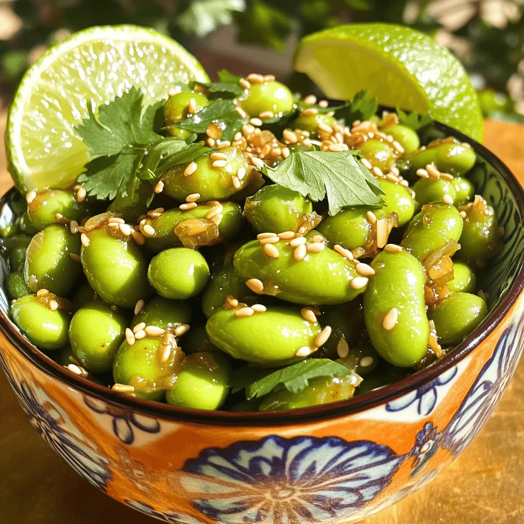 To make Spicy Garlic Edamame, gather these simple ingredients: - 2 cups edamame in pods (fresh or frozen) - 4 cloves garlic, minced - 2 tablespoons sesame oil - 1 tablespoon chili garlic sauce (adjust to taste) - 1 teaspoon soy sauce - 1 tablespoon lime juice - 1 teaspoon sesame seeds (for garnish) - Fresh cilantro leaves (for garnish) - Salt to taste This snack is not only tasty but also good for you. A serving of spicy garlic edamame has about: - Calories: 150 - Protein: 12g - Fat: 8g - Carbohydrates: 14g - Fiber: 6g Edamame is packed with nutrients. Here are some health benefits: - Rich in Protein: Great for muscle repair and growth. - High in Fiber: Supports digestion and helps you feel full. - Contains Antioxidants: May reduce inflammation in the body. - Low in Calories: A smart choice for a healthy snack. - Heart-healthy: May help lower cholesterol levels. Enjoy this snack knowing you are fueling your body with the good stuff! For the complete cooking process, check the Full Recipe above. Start by preparing your edamame. If you use frozen edamame, cook them as the package says. This usually takes about 5 minutes. If you choose fresh edamame, boil them in salted water for 3 to 5 minutes. You want them tender but not mushy. Once cooked, drain the edamame and set them aside. They should look bright green and vibrant. Now, let’s make the garlic sauce. Take a large skillet and heat the sesame oil over medium heat. Once the oil is hot, add the minced garlic. Sauté it for 1 to 2 minutes. You want the garlic to become fragrant and golden. Be careful not to burn it, as burnt garlic can taste bitter. After the garlic looks good, stir in the chili garlic sauce and soy sauce. Cook for another minute to mix the flavors well. After the sauce is ready, add the cooked edamame to the skillet. Toss them in the garlic sauce so they coat evenly. This step makes sure every bite is packed with flavor. Squeeze lime juice over the edamame and sprinkle salt to taste. Adjust the salt as needed for your preference. Once everything is mixed, remove the skillet from the heat. Transfer the edamame to a serving bowl. Finally, garnish with sesame seeds and fresh cilantro leaves. Now, your spicy garlic edamame is ready to enjoy! Check the [Full Recipe] for more details. When you pick edamame, fresh is often best. Look for bright green pods. They should feel firm and not mushy. If fresh is not available, frozen is a great choice. Frozen edamame is usually picked at peak ripeness. This means it still has great flavor. Just cook it according to package instructions. This will save you time and effort. Want more heat? Add more chili garlic sauce. For less spice, cut back on it. You can also balance heat with lime juice. Lime adds a nice zest and can tone down spice. Tasting as you cook helps you find the right level for your palate. You can always add more later, but it’s hard to take it out. Garlic can burn quickly. To keep garlic golden and fragrant, cook it on medium heat. Don’t leave it unattended. Stir it often to keep it moving. If you smell burnt garlic, it’s too late. If it does burn, start over. Using fresh garlic will give you the best flavor. Adjust the heat if needed to avoid burning in the future. {{image_2}} You can boost the flavor of your spicy garlic edamame with a few twists. Try adding a splash of rice vinegar for tang. A dash of smoked paprika can give it a nice depth. If you love heat, mix in some red pepper flakes. This will add even more spice! You can also drizzle a bit of honey for a sweet touch. Each addition will change the flavor, keeping it fun and fresh. Garnishes can make your dish pop. Instead of sesame seeds, try using crushed peanuts for crunch. You can also add green onions, chopped finely for a burst of color and flavor. A sprinkle of furikake adds umami and a bit of surprise. Fresh herbs like mint or basil can offer a unique twist. These options will keep your edamame exciting every time you serve it. Spicy garlic edamame is great on its own, but you can pair it with many dishes. Serve it as a side with grilled chicken or fish. You can also enjoy it with sushi or rice bowls. It makes a great appetizer for gatherings. For a fun twist, serve it in a taco or wrap. This snack is versatile and will fit well with many meals. After enjoying your spicy garlic edamame, store any leftovers in an airtight container. Keep them in the fridge. They will stay tasty for up to three days. Make sure the edamame cools down before sealing the container. This helps keep them fresh and prevents sogginess. To reheat the leftovers, use a skillet on medium heat. Add a tiny bit of sesame oil to the pan. Toss in the edamame and stir for about 3-4 minutes. This method keeps them flavorful. You can also use a microwave. Heat them in short bursts of 30 seconds. Stir in between to avoid hot spots. If you want to save them for later, freezing is a great option. Place the cooled edamame in a freezer bag. Squeeze out as much air as possible before sealing. They can last up to three months in the freezer. When you're ready to eat, thaw them overnight in the fridge before reheating. This keeps the texture and flavor intact. For the full recipe, check out the instructions above. To make Spicy Garlic Edamame vegan, you can simply skip the soy sauce. Instead, use a vegan soy sauce or tamari, which is gluten-free. This way, you keep all the bold flavors but ensure it fits a vegan diet. The rest of the recipe remains the same, so you still get that spicy garlic kick. Yes, you can use other types of beans if you like. Some good options include black beans or chickpeas. Keep in mind that cooking times may change. You want to ensure they are tender and absorb the flavors well. The spicy garlic sauce will still work great with these beans. Spicy Garlic Edamame pairs well with many dishes. Try serving it with sushi or rice bowls. It also goes nicely with grilled meats or tofu. The bright flavors balance richer dishes and add a healthy crunch. For a fun snack, serve it with cocktails or your favorite drinks. Don't forget to check out the Full Recipe for more ideas! This blog post covered how to make spicy garlic edamame, from ingredients to storage. We looked at the benefits of edamame and how to prepare it with a tasty garlic sauce. I shared tips on selecting fresh beans and adjusting spices to match your taste. You can explore various flavor options and learn how to store leftovers properly. With these insights, you can enjoy this snack in many ways. Remember, cooking is all about fun and creativity. Enjoy your spicy garlic edamame journey!