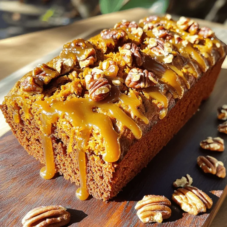 The base of this Caramel Pecan Pumpkin Bread is pumpkin puree. It adds moisture and flavor. Butter gives richness, while sugars bring sweetness. Eggs help bind the bread together. Milk keeps it moist. You’ll need all-purpose flour for structure. Baking soda and baking powder help the bread rise. Spices like cinnamon and nutmeg create that warm fall taste. Salt balances the sweetness. Chopped pecans add crunch. Last, the caramel sauce gives a sweet, gooey finish. Here are the key measurements for the ingredients: - 1 cup pumpkin puree - 1/2 cup unsalted butter, melted - 1 cup brown sugar - 1/2 cup granulated sugar - 2 large eggs - 1/4 cup whole milk - 1 teaspoon vanilla extract - 2 cups all-purpose flour - 1 teaspoon baking soda - 1 teaspoon baking powder - 1 teaspoon ground cinnamon - 1/2 teaspoon ground nutmeg - 1/2 teaspoon salt - 1 cup chopped pecans - 1/2 cup caramel sauce If you need to make substitutions, unsweetened applesauce can replace some butter. For a dairy-free option, use almond milk. You can also swap pecans for walnuts or omit nuts entirely if you prefer. Using quality ingredients makes a big difference. Choose pure pumpkin puree, not pumpkin pie filling. Select unsalted butter for the best control over salt. For sugars, look for organic brown sugar; it adds depth to the flavor. When selecting flour, choose a high-quality all-purpose brand. Fresh spices will give the best aroma and taste. If possible, make your caramel sauce at home for the richest flavor. Trust me, it’s worth the extra effort. 1. Preheat the Oven: Start by preheating your oven to 350°F (175°C). Greasing and flouring a 9x5-inch loaf pan is key. This helps the bread release easily after baking. 2. Mix Wet Ingredients: In a large bowl, combine 1 cup of pumpkin puree, 1/2 cup of melted unsalted butter, 1 cup of brown sugar, and 1/2 cup of granulated sugar. Stir until the mix is smooth. 3. Incorporate Eggs and Milk: Add 2 large eggs, 1/4 cup of whole milk, and 1 teaspoon of vanilla extract. Beat them in until everything is well mixed. 4. Combine Dry Ingredients: In another bowl, whisk together 2 cups of all-purpose flour, 1 teaspoon of baking soda, 1 teaspoon of baking powder, 1 teaspoon of ground cinnamon, 1/2 teaspoon of ground nutmeg, and 1/2 teaspoon of salt. 5. Combine Mixtures: Slowly add the dry mixture into the pumpkin mix. Fold it gently. Do not overmix, as this can make the bread tough. 6. Add Pecans: Fold in 1 cup of chopped pecans. They add a nice crunch to the bread. 7. Drizzle with Caramel: Pour half the batter into the prepared loaf pan. Drizzle 1/4 cup of caramel sauce over it. Pour the rest of the batter on top, then drizzle the remaining caramel sauce. Use a knife to swirl it through the batter. 8. Bake: Place the loaf pan in the oven. Bake for 55-65 minutes. Check if it’s done by inserting a toothpick in the center. If it comes out clean, it’s ready. 9. Cool: After baking, let the bread cool in the pan for 10 minutes. Then, transfer it to a wire rack to cool completely. 10. Serve: Slice the bread and serve it warm. For a treat, add a drizzle of extra caramel sauce on top. You can also enjoy it with vanilla ice cream or whipped cream. It makes a delightful fall dessert! For the full recipe, check out [Full Recipe]. When making caramel pecan pumpkin bread, avoid overmixing the batter. Overmixing can make your bread tough. Mix just until you see the flour disappear. Another mistake is not measuring ingredients correctly. Use measuring cups for dry and wet ingredients. This keeps your bread light and fluffy. Lastly, do not skip the caramel drizzle. It adds a sweet touch that makes the bread special. To get the best flavor, use fresh spices instead of old ones. Fresh ground cinnamon and nutmeg really enhance the taste. Also, consider toasting your pecans before adding them. Toasting brings out their natural oils and gives a deeper flavor. Using high-quality caramel sauce makes a big difference too. A rich caramel balance with the pumpkin is key for a delightful bite. To keep your bread moist, use pumpkin puree, not pumpkin pie filling. Puree has no added sugars or preservatives. Adding an extra egg can also improve texture. If you want a fluffier bread, beat the eggs well before adding them. Lastly, do not skip the milk. Milk adds moisture, leading to a soft, tender crumb. For extra richness, try using buttermilk instead. With these tips, your caramel pecan pumpkin bread will shine! For the full recipe, check out the details above. {{image_2}} You can make this bread gluten-free easily. Use a gluten-free flour blend instead of all-purpose flour. Look for blends that include xanthan gum. This helps the bread hold together and rise well. To make a vegan version, replace the eggs with flax eggs. Mix 1 tablespoon of ground flaxseed with 2.5 tablespoons of water. Let it sit for five minutes until it thickens. Swap the butter for coconut oil or a vegan butter option. Use almond milk or soy milk instead of whole milk. You can get creative with flavors! Try adding chocolate chips for a sweet twist. Dried cranberries or raisins add a nice chew. You can even stir in a bit of orange zest. This will give your bread a fresh taste. For a spiced kick, add a pinch of ground ginger or cloves. Just remember, balance is key. Each added flavor should enhance the bread, not overpower it. For the full recipe, check out the details above. To keep your caramel pecan pumpkin bread fresh, wrap it tightly in plastic wrap. You can also place it in an airtight container. This helps keep moisture in and prevents it from drying out. Store it at room temperature for up to three days. If you want it to last longer, the fridge is a good option. If you want to save some for later, freezing is great! First, let the bread cool completely. Then, wrap it in plastic wrap and place it in a freezer bag. Remove as much air as you can. You can freeze it for up to three months. When you're ready to eat it, just thaw it in the fridge overnight. Caramel pecan pumpkin bread lasts well when stored properly. At room temperature, it stays fresh for about three days. In the fridge, it can last up to a week. When frozen, it stays good for three months. Enjoy your delicious bread at any time! For the full recipe, check the earlier section. You can make this bread without eggs by using substitutes. Use 1/4 cup of unsweetened applesauce per egg. This keeps the bread moist and adds natural sweetness. Another option is to use 1 tablespoon of ground flaxseed mixed with 2.5 tablespoons of water. Let it sit for a few minutes to thicken. Both methods work well and keep the bread delicious. Yes, fresh pumpkin works great! Start with a small pumpkin, usually called a sugar pumpkin. Roast it until soft, then scoop out the flesh. Puree it until smooth. You may need to drain some excess water, as fresh pumpkin can be wetter than canned. Use the same amount as the recipe calls for. This bread is tasty on its own, but you can enhance it further. Serve it warm with a scoop of vanilla ice cream. Whipped cream also pairs well. For a crunch, sprinkle extra chopped pecans on top. You can drizzle more caramel sauce for added sweetness. Each option makes for a delightful treat! In this post, we explored how to make Caramel Pecan Pumpkin Bread, from ingredients to serving tips. We discussed key ingredients, accurate measurements, and quality choices. You learned step-by-step preparation and baking advice for great results. I shared tips to avoid common mistakes and enhance flavor. Finally, we covered variations, storage, and answers to your most common questions. Caramel Pecan Pumpkin Bread is easy and fun to make. Enjoy baking!