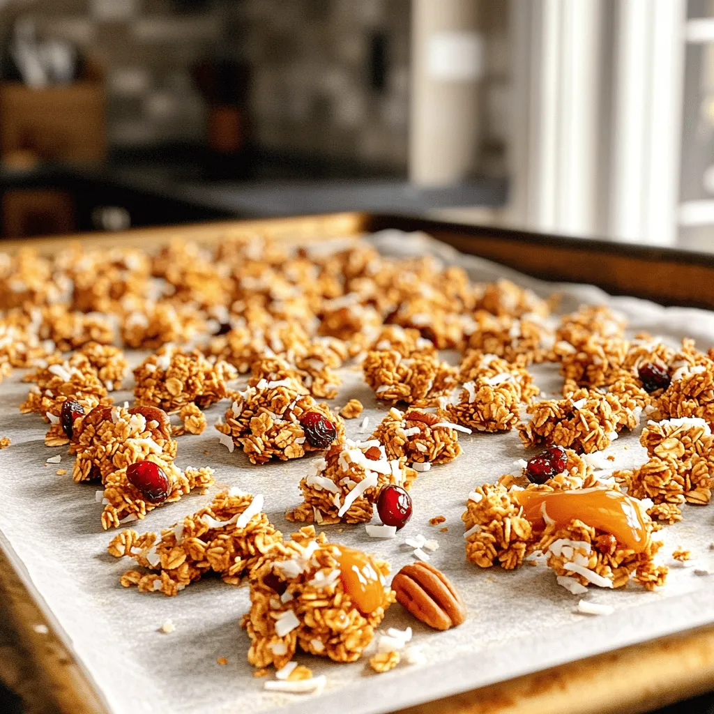 - 2 cups rolled oats - 1 cup pecans, chopped - ½ cup unsweetened shredded coconut - ½ cup almond butter - ½ cup pure maple syrup - 1 teaspoon vanilla extract - ½ teaspoon cinnamon - ½ teaspoon sea salt - ½ cup dried cranberries (or your favorite dried fruit) The key to great maple pecan granola clusters lies in the choice of ingredients. Each item plays a crucial role in flavor and texture. Health benefits of pecans Pecans are rich in healthy fats and antioxidants. They help lower bad cholesterol. They also provide protein and fiber. This makes them a great addition to any snack. Advantages of using maple syrup Maple syrup is a natural sweetener. It has fewer calories than white sugar. It contains minerals like zinc and manganese. This makes it a healthier choice for sweetening your granola. When you combine these ingredients, you create a tasty treat. I love how they all come together in the full recipe. 1. Preheat your oven. Set it to 350°F (175°C). This step is key for even baking. 2. Prepare your baking sheet. Line it with parchment paper. This keeps the granola from sticking. 3. Mix dry ingredients. In a large bowl, add 2 cups of rolled oats, 1 cup of chopped pecans, and ½ cup of shredded coconut. Stir well to combine. 4. Combine wet ingredients. In a smaller microwave-safe bowl, mix ½ cup of almond butter, ½ cup of pure maple syrup, 1 teaspoon of vanilla, ½ teaspoon of cinnamon, and ½ teaspoon of sea salt. 5. Heat the mixture. Microwave for about 30 seconds. This makes mixing easier. Stir until smooth and well combined. 1. Pour wet ingredients over dry. Add the almond butter mixture to the dry ingredients. Stir until everything is evenly coated. 2. Add dried fruit. Gently fold in ½ cup of dried cranberries or your favorite fruit. This adds sweetness and texture. 3. Form clusters. Scoop out handfuls and press them together. Place them on the prepared baking sheet. Make sure they hold their shape. 4. Bake the granola. Put the baking sheet in the preheated oven. Bake for 15-20 minutes or until golden brown. Stir halfway through for even browning. 1. Cool the granola. Once baked, remove it from the oven. Allow the clusters to cool completely on the sheet. They harden as they cool. 2. Break apart if needed. After cooling, you may need to break them into smaller pieces. 3. Store properly. Keep the granola in an airtight container. This helps maintain freshness. Enjoy it as a snack or with yogurt! For the full recipe, check out the details in the earlier section. To make the best maple pecan granola clusters, focus on cluster consistency. You want them chewy yet crunchy. To achieve this, press the mixture firmly into clusters on the baking sheet. This helps them stick together while baking. For flavor variations, think outside the box! You can add spices like nutmeg or ginger for warmth. Try mixing in other nuts like almonds or walnuts for a twist. You can also use honey instead of maple syrup for a different sweetness. One common mistake is overbaking or underbaking the granola. Overbaking can make it too hard, while underbaking leaves it soft. Bake until golden brown, stirring halfway through for even cooking. Another mistake is incorrect ingredient ratios. If you add too many oats, your clusters may fall apart. Stick to the recipe for the best results. Using the proper amounts will help you make perfect clusters every time. For more details, check the full recipe. {{image_2}} You can make Maple Pecan Granola Clusters even more fun. Try adding different nuts or seeds. Walnuts, almonds, or sunflower seeds work great. Each nut brings its own flavor and crunch. You can also mix nuts. This gives you a unique taste every time. Swapping almond butter for other nut butters is another fun twist. Peanut butter or cashew butter can change the flavor. Each nut butter has a different taste and texture. Choose your favorite for a personal touch. Spices can make your granola special. Adding nutmeg or ginger gives warmth and depth. These spices can remind you of cozy fall days. You just need a pinch to make a big difference. Incorporating additional dried fruits adds sweetness. Try diced apricots, raisins, or figs. Each fruit adds its own unique flavor. Mixing fruits can create a colorful and tasty granola. To keep your maple pecan granola clusters fresh, store them in air-tight containers. This helps keep moisture out and preserves their crunch. Choose a cool, dry place like a pantry or cupboard. Avoid direct sunlight, as it can cause the clusters to become stale. These granola clusters can last up to two weeks when stored properly. Check for signs of spoilage. If they smell off or feel soft, it’s time to toss them. Keeping an eye on your snack helps you enjoy it at its best. For the complete recipe, refer to the Full Recipe. To make Maple Pecan Granola Clusters, follow these key steps: 1. Preheat the oven to 350°F (175°C) and prepare a baking sheet with parchment paper. 2. Mix dry ingredients in a large bowl. Combine rolled oats, chopped pecans, and shredded coconut. 3. Prepare wet ingredients in a smaller bowl. Blend almond butter, maple syrup, vanilla extract, cinnamon, and sea salt. Microwave for 30 seconds to soften the almond butter. 4. Combine the wet mixture with the dry ingredients. Stir until everything is coated. 5. Add dried fruit like cranberries. Gently fold them in. 6. Form clusters on the baking sheet, pressing them together. 7. Bake for 15-20 minutes, stirring halfway to ensure even browning. 8. Cool completely on the baking sheet before storing. This simple process yields tasty clusters that are great for snacking or topping yogurt. For the full recipe, check the details above. Yes, you can customize the recipe easily! Here are some ingredient substitutions: - Nuts: Swap pecans for almonds or walnuts based on your taste. - Nut butter: Use peanut butter or cashew butter instead of almond butter. - Sweetener: Replace maple syrup with honey or agave syrup if needed. - Dried fruit: Try raisins, apricots, or any other dried fruit you like. Feel free to experiment with these options to make the recipe your own! You can find Maple Pecan Granola Clusters in many grocery stores. Look for these options: - Health food stores: They often carry homemade or artisanal versions. - Online retailers: Websites like Amazon or specialty food sites may offer various brands. - Supermarkets: Check the cereal aisle or snack section for store brands. Always read the labels to ensure you choose a product that fits your taste and health needs. Here’s the nutritional breakdown per serving (about ¼ cup): - Calories: Approximately 200 - Fat: 10g (mostly from nuts and nut butter) - Carbohydrates: 24g - Fiber: 3g - Sugar: 6g (from maple syrup and dried fruit) - Protein: 4g These clusters provide a good mix of healthy fats, fiber, and protein, making them a great snack choice. Making Maple Pecan Granola Clusters is easy and fun. You’ve learned how to gather ingredients, mix flavors, and bake them into delicious clusters. The health benefits of pecans and maple syrup add great value to your snack. Remember to cool your granola for the best texture and store it properly. Experiment with different nuts and spices to find your perfect flavor. Customize the recipe to fit your taste and enjoy every crunchy bite. These clusters are tasty and nutritious, making them a great treat for any time of day.