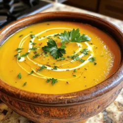 This creamy roasted butternut squash soup starts with simple, fresh ingredients. Here’s what you need: - 1 medium butternut squash (about 2 pounds), peeled and diced - 2 tablespoons olive oil - 1 medium onion, chopped - 3 cloves garlic, minced - 2 cups vegetable broth - 1 cup coconut milk - 1 teaspoon ground nutmeg - 1 teaspoon ground cinnamon - Salt and pepper to taste These ingredients blend together to create a rich, smooth soup that warms the soul. Garnishes can make your soup look even better. Here are a few ideas: - Fresh parsley, chopped - Fresh thyme, leaves only - A drizzle of extra coconut milk - Roasted pumpkin seeds These garnishes add color and flavor to your dish, making it even more appealing. If you want to switch things up, here are some easy substitutions: - Use sweet potato instead of butternut squash for a different taste. - Swap coconut milk for heavy cream for a richer flavor. - Try chicken broth if you prefer a non-vegetarian option. These changes keep your soup fresh and exciting, allowing you to explore new flavors while cooking. For the full recipe, check out the details above. First, we need to get our butternut squash ready. Start by peeling the squash with a sharp knife. Then, cut it in half and scoop out the seeds. Dice the squash into small cubes. This helps it roast evenly. Place the diced squash in a large bowl. Add 1 tablespoon of olive oil, salt, and pepper. Toss it all together so each piece gets coated. Next, it’s time to roast the squash. Preheat your oven to 400°F (200°C). Spread the seasoned squash on a baking sheet in one layer. This allows for even cooking. Roast the squash for 25 to 30 minutes. Halfway through, turn the pieces for nice browning. The squash should be tender and caramelized when done. While the squash roasts, let’s make the soup base. Heat 1 tablespoon of olive oil in a large pot over medium heat. Chop the onion and add it to the pot. Sauté the onion for about 5 minutes until it’s soft and clear. Then, mince the garlic and stir it in. Cook the garlic for just 1 minute until it smells good. Once the squash is roasted, add it to the pot with the onion and garlic. Pour in 2 cups of vegetable broth and stir everything well. Bring this mixture to a boil. Then, lower the heat and let it simmer for 10 minutes. After simmering, take the pot off the heat. Blend the soup until it’s smooth. You can use an immersion blender or a regular blender in batches. Return your smooth soup to the pot. Pour in 1 cup of coconut milk. Add 1 teaspoon of ground nutmeg and 1 teaspoon of ground cinnamon. Stir to mix it all together. Taste the soup and add more salt and pepper if you need it. Heat gently on low until warm. Serve hot with fresh parsley or thyme on top for a nice touch. Enjoy your creamy delight! Check the Full Recipe for more details. When picking a butternut squash, look for one that feels heavy. The skin should be a dull beige color, not shiny. Avoid squashes with soft spots or blemishes. A good squash will have a firm skin and a long neck. This neck part has more flesh, which is what you want for your soup. Store your butternut squash in a cool, dry place. It can last for weeks this way. Once you cut it, wrap it tightly and keep it in the fridge. Use it within a week for the best taste. For reheating, warm your soup on the stove over low heat. Stir it often to keep it from sticking. You can also use a microwave for quick reheating. One mistake is not roasting the squash long enough. Roasting brings out the sweet flavor. Make sure it gets tender and caramelized. Another mistake is adding too much liquid too soon. Let the roasted squash shine before blending. Finally, don’t skip seasoning. A pinch of salt and pepper can change the soup from bland to tasty. For more tips, check the Full Recipe. {{image_2}} You can easily make this soup vegan. Swap coconut milk with almond milk or cashew cream. Both give a nice, creamy texture. You can also use vegetable broth for a rich flavor. Want to spice it up? Add a pinch of cayenne pepper for heat. You can also mix in fresh herbs like basil or rosemary. These add a nice twist and enhance the soup's flavor. Feel free to mix in other veggies. Carrots, sweet potatoes, or even parsnips work well. Just roast them with the butternut squash. This adds more taste and nutrition to your soup. For the full recipe, check the details above and enjoy your cooking! After making this delicious soup, let it cool down. Pour it into airtight containers. This keeps the soup fresh and tasty. Store it in the fridge for up to five days. When you want some soup, just heat it in a pot or the microwave. You can freeze this soup for later. First, let it cool completely. Then, place it in freezer-safe containers. Leave some space at the top for expansion. It can last for about three months in the freezer. When you are ready to eat it, thaw it overnight in the fridge. Heat it up before serving. The shelf life of Roasted Butternut Squash Soup is important. In the fridge, it stays good for five days. In the freezer, it can last for three months. Always check for signs of spoilage before eating. If it smells off or looks strange, it's best to throw it away. Enjoy your soup safely! Yes, you can make this soup ahead of time. It keeps well in the fridge for about three days. Just store it in an airtight container. When you’re ready to eat, reheat it gently on the stove. You may need to add a splash of broth or coconut milk to thin it out. You can use canned butternut squash for this recipe. Canned squash is already cooked, so it cuts down on prep time. Use about two cups of canned squash. Skip the roasting step and add it directly to the pot with the onion and garlic. You will still get a tasty soup. To make the soup thicker, add more butternut squash or reduce the broth. If you want it thinner, add extra broth or coconut milk. Just stir in a little at a time until you reach your desired consistency. This soup pairs well with crusty bread or a fresh salad. You can serve it with a sprinkle of pumpkin seeds for crunch. A dollop of sour cream or yogurt adds creaminess and tang. For a fun twist, try it with grilled cheese sandwiches. Enjoy exploring these combinations! For the full recipe, check out the detailed sections above. In this post, we explored how to make Roasted Butternut Squash Soup. We covered the key ingredients and optional garnishes to enhance your dish. The step-by-step instructions make it easy to follow along. I shared tips to pick the best squash and avoid common errors. We also discussed variations, storage info, and answered frequent questions. Making this soup is fun and rewarding. Enjoy each bowl, and share it with loved ones.