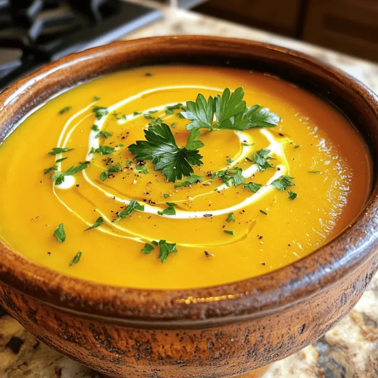 This creamy roasted butternut squash soup starts with simple, fresh ingredients. Here’s what you need: - 1 medium butternut squash (about 2 pounds), peeled and diced - 2 tablespoons olive oil - 1 medium onion, chopped - 3 cloves garlic, minced - 2 cups vegetable broth - 1 cup coconut milk - 1 teaspoon ground nutmeg - 1 teaspoon ground cinnamon - Salt and pepper to taste These ingredients blend together to create a rich, smooth soup that warms the soul. Garnishes can make your soup look even better. Here are a few ideas: - Fresh parsley, chopped - Fresh thyme, leaves only - A drizzle of extra coconut milk - Roasted pumpkin seeds These garnishes add color and flavor to your dish, making it even more appealing. If you want to switch things up, here are some easy substitutions: - Use sweet potato instead of butternut squash for a different taste. - Swap coconut milk for heavy cream for a richer flavor. - Try chicken broth if you prefer a non-vegetarian option. These changes keep your soup fresh and exciting, allowing you to explore new flavors while cooking. For the full recipe, check out the details above. First, we need to get our butternut squash ready. Start by peeling the squash with a sharp knife. Then, cut it in half and scoop out the seeds. Dice the squash into small cubes. This helps it roast evenly. Place the diced squash in a large bowl. Add 1 tablespoon of olive oil, salt, and pepper. Toss it all together so each piece gets coated. Next, it’s time to roast the squash. Preheat your oven to 400°F (200°C). Spread the seasoned squash on a baking sheet in one layer. This allows for even cooking. Roast the squash for 25 to 30 minutes. Halfway through, turn the pieces for nice browning. The squash should be tender and caramelized when done. While the squash roasts, let’s make the soup base. Heat 1 tablespoon of olive oil in a large pot over medium heat. Chop the onion and add it to the pot. Sauté the onion for about 5 minutes until it’s soft and clear. Then, mince the garlic and stir it in. Cook the garlic for just 1 minute until it smells good. Once the squash is roasted, add it to the pot with the onion and garlic. Pour in 2 cups of vegetable broth and stir everything well. Bring this mixture to a boil. Then, lower the heat and let it simmer for 10 minutes. After simmering, take the pot off the heat. Blend the soup until it’s smooth. You can use an immersion blender or a regular blender in batches. Return your smooth soup to the pot. Pour in 1 cup of coconut milk. Add 1 teaspoon of ground nutmeg and 1 teaspoon of ground cinnamon. Stir to mix it all together. Taste the soup and add more salt and pepper if you need it. Heat gently on low until warm. Serve hot with fresh parsley or thyme on top for a nice touch. Enjoy your creamy delight! Check the Full Recipe for more details. When picking a butternut squash, look for one that feels heavy. The skin should be a dull beige color, not shiny. Avoid squashes with soft spots or blemishes. A good squash will have a firm skin and a long neck. This neck part has more flesh, which is what you want for your soup. Store your butternut squash in a cool, dry place. It can last for weeks this way. Once you cut it, wrap it tightly and keep it in the fridge. Use it within a week for the best taste. For reheating, warm your soup on the stove over low heat. Stir it often to keep it from sticking. You can also use a microwave for quick reheating. One mistake is not roasting the squash long enough. Roasting brings out the sweet flavor. Make sure it gets tender and caramelized. Another mistake is adding too much liquid too soon. Let the roasted squash shine before blending. Finally, don’t skip seasoning. A pinch of salt and pepper can change the soup from bland to tasty. For more tips, check the Full Recipe. {{image_2}} You can easily make this soup vegan. Swap coconut milk with almond milk or cashew cream. Both give a nice, creamy texture. You can also use vegetable broth for a rich flavor. Want to spice it up? Add a pinch of cayenne pepper for heat. You can also mix in fresh herbs like basil or rosemary. These add a nice twist and enhance the soup's flavor. Feel free to mix in other veggies. Carrots, sweet potatoes, or even parsnips work well. Just roast them with the butternut squash. This adds more taste and nutrition to your soup. For the full recipe, check the details above and enjoy your cooking! After making this delicious soup, let it cool down. Pour it into airtight containers. This keeps the soup fresh and tasty. Store it in the fridge for up to five days. When you want some soup, just heat it in a pot or the microwave. You can freeze this soup for later. First, let it cool completely. Then, place it in freezer-safe containers. Leave some space at the top for expansion. It can last for about three months in the freezer. When you are ready to eat it, thaw it overnight in the fridge. Heat it up before serving. The shelf life of Roasted Butternut Squash Soup is important. In the fridge, it stays good for five days. In the freezer, it can last for three months. Always check for signs of spoilage before eating. If it smells off or looks strange, it's best to throw it away. Enjoy your soup safely! Yes, you can make this soup ahead of time. It keeps well in the fridge for about three days. Just store it in an airtight container. When you’re ready to eat, reheat it gently on the stove. You may need to add a splash of broth or coconut milk to thin it out. You can use canned butternut squash for this recipe. Canned squash is already cooked, so it cuts down on prep time. Use about two cups of canned squash. Skip the roasting step and add it directly to the pot with the onion and garlic. You will still get a tasty soup. To make the soup thicker, add more butternut squash or reduce the broth. If you want it thinner, add extra broth or coconut milk. Just stir in a little at a time until you reach your desired consistency. This soup pairs well with crusty bread or a fresh salad. You can serve it with a sprinkle of pumpkin seeds for crunch. A dollop of sour cream or yogurt adds creaminess and tang. For a fun twist, try it with grilled cheese sandwiches. Enjoy exploring these combinations! For the full recipe, check out the detailed sections above. In this post, we explored how to make Roasted Butternut Squash Soup. We covered the key ingredients and optional garnishes to enhance your dish. The step-by-step instructions make it easy to follow along. I shared tips to pick the best squash and avoid common errors. We also discussed variations, storage info, and answered frequent questions. Making this soup is fun and rewarding. Enjoy each bowl, and share it with loved ones.