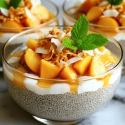 To make this tasty treat, you need a few key ingredients. Here’s what you’ll need: - 1 cup coconut milk (canned) - 1/2 cup almond milk (or any plant-based milk) - 1/4 cup chia seeds - 2 tablespoons maple syrup (adjust based on sweetness preference) - 1 teaspoon vanilla extract - 1 large ripe peach, diced - 2 tablespoons toasted coconut flakes (for topping) - Fresh mint leaves (for garnish) These simple ingredients come together to create a creamy and flavorful pudding. You can add even more flavor and fun with toppings. Here are a few ideas to try: - Sliced almonds for crunch - Fresh berries for a burst of color - A drizzle of honey for extra sweetness - A sprinkle of cinnamon for warmth Feel free to mix and match these toppings based on what you like. If you don’t have some ingredients, don’t worry! You can make easy swaps: - Use coconut cream instead of coconut milk for a richer taste. - Swap almond milk with oat or soy milk if you prefer. - Try honey or agave syrup instead of maple syrup for sweetness. - Use any stone fruit if peaches are not in season. These substitutions maintain the dish's flavor while catering to your pantry. Check out the Full Recipe for all the details! To start, gather your ingredients. You will need coconut milk, almond milk, chia seeds, maple syrup, and vanilla extract. In a bowl, mix the coconut milk and almond milk first. Then, stir in the chia seeds. Add the maple syrup and vanilla extract next. Mix until smooth. This step is key for a great base. Let the mixture sit for 5 to 10 minutes. Then, stir again to stop clumping. After mixing, cover the bowl and place it in the fridge. Chilling is important! Let it sit for at least 4 hours. For the best results, leave it overnight. This allows the chia seeds to expand. When ready, check the consistency. If it seems too thick, add a splash of almond milk. Stir well to blend. Now comes the fun part—serving! Take your pudding out of the fridge. Stir it one last time before serving. Divide the pudding into bowls or glasses. Top each one with diced peach. Then, sprinkle toasted coconut flakes on top. For a pop of color and flavor, add fresh mint leaves. Enjoy this tasty treat! For the full recipe, check out the details above. To get the right texture for your chia pudding, use the right ratio of liquid to chia seeds. I recommend mixing 1/4 cup of chia seeds with 1.5 cups of liquid. Stir the mixture well. Let it sit for 5-10 minutes, then stir again. This step helps prevent clumping. Refrigerate it for at least 4 hours to allow the seeds to swell. If it feels too thick after chilling, add more almond milk. Sweetness can vary based on personal taste. I use 2 tablespoons of maple syrup. You can start with this and taste it. If you like it sweeter, add more syrup little by little. Honey or agave can work too. Always remember, you can adjust until it feels just right for you. Chia pudding is great for meal prep. You can make it the night before. Just follow the instructions from the Full Recipe. It keeps well in the fridge for up to 5 days. Divide it into jars for easy grab-and-go options. Top them with fresh fruit right before serving to keep them fresh and tasty. {{image_2}} You can change the fruit in this pudding to match the season. In summer, use fresh strawberries or blueberries for a bright twist. In fall, try diced apples or pears. Each fruit adds its own flavor and sweetness. This keeps the recipe fun and fresh all year. This recipe is already dairy-free and vegan, which makes it great for everyone. Use coconut milk and almond milk to keep it rich and creamy. You can try oat milk or soy milk if you want a different taste. This way, you can enjoy a tasty treat that fits your diet. You can add more flavors to make this pudding special. Try mixing in a pinch of cinnamon or nutmeg for warmth. You can also add a splash of fresh orange or lemon juice for a zesty kick. For a more tropical vibe, toss in some pineapple or mango chunks. These small changes can lead to big flavor surprises! For the full recipe, check the section above. Store your peach and coconut chia pudding in airtight containers. This keeps it fresh and prevents odors from other foods. Always use clean utensils to scoop out portions. This avoids any bacteria from spoiling the pudding. Keep it in the fridge for best results. You can also layer it in jars for a pretty look. Peach and coconut chia pudding lasts about 5 days in the fridge. The chia seeds will keep it thick and creamy. However, the fruit may lose its fresh look after a couple of days. To keep it tasty, eat it within the first few days. If the pudding smells off or changes color, it's best to toss it. You don’t need to reheat chia pudding. It tastes great cold. If it's too thick, just add a splash of almond milk. Stir well to combine. Serve it in your favorite bowl or glass. Top it with more peaches or coconut flakes for a fresh touch. Enjoy it as a quick snack or a light dessert. For the full recipe, check out the Peach Paradise Coconut Chia Pudding section. Chia pudding is a simple dish made with chia seeds, milk, and sweeteners. Chia seeds are tiny but mighty. They are packed with fiber, protein, and omega-3 fatty acids. Eating chia pudding can help you feel full longer. It also aids digestion and may boost heart health. This creamy treat is also low in calories. You can enjoy it guilt-free! Chia pudding is ready when it thickens and forms a gel-like texture. After mixing your ingredients, let it sit for at least 4 hours. For best results, chill it overnight. If you stir it and it holds its shape, it’s good to go! If it seems too thick, just add a splash of almond milk to loosen it. Yes, you can use many fruits in chia pudding! Berries, bananas, and mangoes all work well. Try using seasonal fruits for the best flavor. Just dice them small and add them on top or mix them in. Get creative with your favorite fruits and make this pudding your own! Peach and coconut chia pudding is easy and fun to make. I shared key ingredients, preparation steps, and tips for the best texture. You can also customize it with different fruits or toppings. Storing it correctly helps keep it fresh for longer. Try this recipe to enjoy a tasty, healthy snack or dessert. It’s simple and quick! Embrace your creativity as you prepare it. You’ll love the flavors and health benefits. Enjoy every bite of this delightful treat.