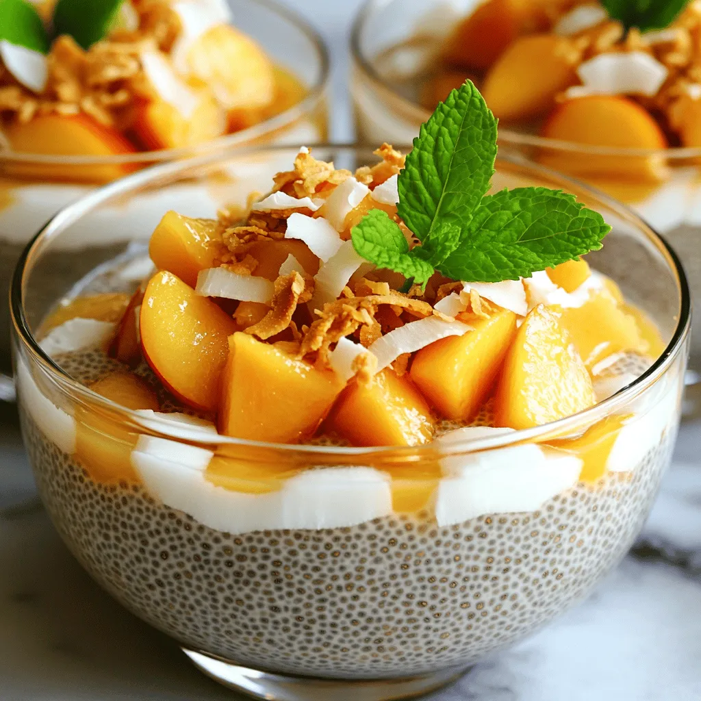 To make this tasty treat, you need a few key ingredients. Here’s what you’ll need: - 1 cup coconut milk (canned) - 1/2 cup almond milk (or any plant-based milk) - 1/4 cup chia seeds - 2 tablespoons maple syrup (adjust based on sweetness preference) - 1 teaspoon vanilla extract - 1 large ripe peach, diced - 2 tablespoons toasted coconut flakes (for topping) - Fresh mint leaves (for garnish) These simple ingredients come together to create a creamy and flavorful pudding. You can add even more flavor and fun with toppings. Here are a few ideas to try: - Sliced almonds for crunch - Fresh berries for a burst of color - A drizzle of honey for extra sweetness - A sprinkle of cinnamon for warmth Feel free to mix and match these toppings based on what you like. If you don’t have some ingredients, don’t worry! You can make easy swaps: - Use coconut cream instead of coconut milk for a richer taste. - Swap almond milk with oat or soy milk if you prefer. - Try honey or agave syrup instead of maple syrup for sweetness. - Use any stone fruit if peaches are not in season. These substitutions maintain the dish's flavor while catering to your pantry. Check out the Full Recipe for all the details! To start, gather your ingredients. You will need coconut milk, almond milk, chia seeds, maple syrup, and vanilla extract. In a bowl, mix the coconut milk and almond milk first. Then, stir in the chia seeds. Add the maple syrup and vanilla extract next. Mix until smooth. This step is key for a great base. Let the mixture sit for 5 to 10 minutes. Then, stir again to stop clumping. After mixing, cover the bowl and place it in the fridge. Chilling is important! Let it sit for at least 4 hours. For the best results, leave it overnight. This allows the chia seeds to expand. When ready, check the consistency. If it seems too thick, add a splash of almond milk. Stir well to blend. Now comes the fun part—serving! Take your pudding out of the fridge. Stir it one last time before serving. Divide the pudding into bowls or glasses. Top each one with diced peach. Then, sprinkle toasted coconut flakes on top. For a pop of color and flavor, add fresh mint leaves. Enjoy this tasty treat! For the full recipe, check out the details above. To get the right texture for your chia pudding, use the right ratio of liquid to chia seeds. I recommend mixing 1/4 cup of chia seeds with 1.5 cups of liquid. Stir the mixture well. Let it sit for 5-10 minutes, then stir again. This step helps prevent clumping. Refrigerate it for at least 4 hours to allow the seeds to swell. If it feels too thick after chilling, add more almond milk. Sweetness can vary based on personal taste. I use 2 tablespoons of maple syrup. You can start with this and taste it. If you like it sweeter, add more syrup little by little. Honey or agave can work too. Always remember, you can adjust until it feels just right for you. Chia pudding is great for meal prep. You can make it the night before. Just follow the instructions from the Full Recipe. It keeps well in the fridge for up to 5 days. Divide it into jars for easy grab-and-go options. Top them with fresh fruit right before serving to keep them fresh and tasty. {{image_2}} You can change the fruit in this pudding to match the season. In summer, use fresh strawberries or blueberries for a bright twist. In fall, try diced apples or pears. Each fruit adds its own flavor and sweetness. This keeps the recipe fun and fresh all year. This recipe is already dairy-free and vegan, which makes it great for everyone. Use coconut milk and almond milk to keep it rich and creamy. You can try oat milk or soy milk if you want a different taste. This way, you can enjoy a tasty treat that fits your diet. You can add more flavors to make this pudding special. Try mixing in a pinch of cinnamon or nutmeg for warmth. You can also add a splash of fresh orange or lemon juice for a zesty kick. For a more tropical vibe, toss in some pineapple or mango chunks. These small changes can lead to big flavor surprises! For the full recipe, check the section above. Store your peach and coconut chia pudding in airtight containers. This keeps it fresh and prevents odors from other foods. Always use clean utensils to scoop out portions. This avoids any bacteria from spoiling the pudding. Keep it in the fridge for best results. You can also layer it in jars for a pretty look. Peach and coconut chia pudding lasts about 5 days in the fridge. The chia seeds will keep it thick and creamy. However, the fruit may lose its fresh look after a couple of days. To keep it tasty, eat it within the first few days. If the pudding smells off or changes color, it's best to toss it. You don’t need to reheat chia pudding. It tastes great cold. If it's too thick, just add a splash of almond milk. Stir well to combine. Serve it in your favorite bowl or glass. Top it with more peaches or coconut flakes for a fresh touch. Enjoy it as a quick snack or a light dessert. For the full recipe, check out the Peach Paradise Coconut Chia Pudding section. Chia pudding is a simple dish made with chia seeds, milk, and sweeteners. Chia seeds are tiny but mighty. They are packed with fiber, protein, and omega-3 fatty acids. Eating chia pudding can help you feel full longer. It also aids digestion and may boost heart health. This creamy treat is also low in calories. You can enjoy it guilt-free! Chia pudding is ready when it thickens and forms a gel-like texture. After mixing your ingredients, let it sit for at least 4 hours. For best results, chill it overnight. If you stir it and it holds its shape, it’s good to go! If it seems too thick, just add a splash of almond milk to loosen it. Yes, you can use many fruits in chia pudding! Berries, bananas, and mangoes all work well. Try using seasonal fruits for the best flavor. Just dice them small and add them on top or mix them in. Get creative with your favorite fruits and make this pudding your own! Peach and coconut chia pudding is easy and fun to make. I shared key ingredients, preparation steps, and tips for the best texture. You can also customize it with different fruits or toppings. Storing it correctly helps keep it fresh for longer. Try this recipe to enjoy a tasty, healthy snack or dessert. It’s simple and quick! Embrace your creativity as you prepare it. You’ll love the flavors and health benefits. Enjoy every bite of this delightful treat.