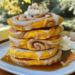 - 1 cup all-purpose flour - 2 tablespoons brown sugar - 1 teaspoon baking powder - 1 teaspoon baking soda - 1 teaspoon ground cinnamon - 1/2 teaspoon ground nutmeg - 1/2 teaspoon ground ginger - 1/4 teaspoon salt - 1/2 cup canned pumpkin puree - 1 cup buttermilk (or milk with a splash of vinegar) - 1 large egg - 2 tablespoons melted butter - For the cinnamon swirl: - 2 tablespoons softened butter - 1/4 cup brown sugar - 1 tablespoon ground cinnamon - For the cream cheese glaze: - 4 oz cream cheese, softened - 1/2 cup powdered sugar - 2 tablespoons milk - 1/2 teaspoon vanilla extract These ingredients come together to create the perfect fall breakfast. The blend of spices gives these pancakes their signature warmth. The pumpkin puree adds moisture and a gentle sweetness. For the cinnamon swirl, mix butter, brown sugar, and cinnamon until smooth. This will add a delightful ribbon of flavor in each pancake. Finally, the cream cheese glaze brings it all together, making your pancakes extra special. You can find the full recipe in the cooking section. Enjoy the process of creating these tasty treats! Start by mixing your dry ingredients. In a large bowl, whisk together: - 1 cup all-purpose flour - 2 tablespoons brown sugar - 1 teaspoon baking powder - 1 teaspoon baking soda - 1 teaspoon ground cinnamon - 1/2 teaspoon ground nutmeg - 1/2 teaspoon ground ginger - 1/4 teaspoon salt This mix brings together flavors that make these pancakes special. In another bowl, combine your wet ingredients: - 1/2 cup canned pumpkin puree - 1 cup buttermilk (or milk with a splash of vinegar) - 1 large egg - 2 tablespoons melted butter Blend these well. Now, pour the wet mix into the dry mix. Stir gently until just combined. You want a few lumps here. Overmixing will make your pancakes tough. For the cinnamon swirl, mix together in a small bowl: - 2 tablespoons softened butter - 1/4 cup brown sugar - 1 tablespoon ground cinnamon Stir until you have a smooth paste. This is what makes your pancakes look and taste amazing. Preheat your non-stick skillet or griddle over medium heat. Lightly grease it with butter or cooking spray. For each pancake, pour about 1/4 cup of batter onto the skillet. Quickly add a teaspoon of the cinnamon swirl mixture in a spiral on top. Use a toothpick or knife to swirl it slightly into the batter. Aim for a marbled look. Cook until bubbles form on the surface of the pancake and the edges look set, about 2-3 minutes. Flip and cook for another 2-3 minutes until golden brown and fully cooked. Repeat this with the rest of the batter and cinnamon swirl mixture. Enjoy warm pancakes drizzled with cream cheese glaze from the full recipe! To make great pancakes, avoid some common mistakes. One mistake is using too much flour. This can make your pancakes dense. Always measure flour correctly. Use a spoon to fill your measuring cup, then level it off. Another mistake is not letting your batter rest. Letting it sit for a few minutes helps the pancakes rise better. This leads to a fluffy texture. If your batter is too thick, add a little milk. A perfect batter is slightly lumpy, not smooth. Presentation is key for these pumpkin spice cinnamon roll pancakes. Stack them high on a plate for a fun look. Drizzle the cream cheese glaze over the top for a sweet touch. A sprinkle of cinnamon adds a nice finish. Pair these pancakes with maple syrup for added sweetness. You can also serve them with whipped cream. This makes every bite feel like a treat. If your pancakes are dense, check your baking powder. Old baking powder may not rise well. Use fresh baking powder to fix this issue. For dietary needs, you can make swaps. Use gluten-free flour for a gluten-free option. If you need a vegan version, replace eggs with flax eggs. You can also use almond milk instead of buttermilk. Check out the full recipe for more ideas on modifying these tasty pancakes. {{image_2}} You can make these pancakes even more fun! Try adding nuts or chocolate chips. Chopped walnuts or pecans add crunch and taste. Dark chocolate chips give a sweet, rich twist. Just fold them into the batter before cooking. You can also play with spices. If you love warmth, add more cinnamon or nutmeg. A bit of cardamom can bring a unique flavor. Just remember to balance the spices so they enhance, not overpower. If you or someone you know needs gluten-free options, swap the all-purpose flour for a gluten-free blend. Many blends work well for pancakes and keep the texture light. For vegan substitutes, you can replace the egg with a flax egg. Mix one tablespoon of flaxseed meal with two and a half tablespoons of water. Let it sit for five minutes until it thickens. For the buttermilk, use almond milk or soy milk with a splash of vinegar. These simple swaps maintain the taste and joy of the recipe. For the full recipe, check out the ingredients above. Enjoy making these pancakes your own! To keep your pumpkin spice cinnamon roll pancakes fresh, place them in an airtight container. Let them cool first, then stack them with parchment paper in between to avoid sticking. Store the container in the fridge. They will stay good for about 3 to 4 days. If you want to keep them longer, consider freezing them. Frozen pancakes can last up to 2 months. Reheating pancakes is easy and keeps them tasty. You can use a microwave for quick reheating. Just place a pancake on a plate, cover it with a damp paper towel, and heat for about 20-30 seconds. For a crispier texture, try using a skillet. Heat it on medium-low, add a little butter, and warm each pancake for about 1-2 minutes on each side. This way, you keep that delicious cinnamon swirl intact! Yes, you can make these pancakes ahead of time. Cook them and let them cool. Stack them with parchment paper in between. Store them in an airtight container. They can last in the fridge for up to three days. When you want to eat, heat them in the microwave or on a skillet. If you don’t have buttermilk, you can make your own. Mix 1 cup of milk with 1 tablespoon of vinegar or lemon juice. Let it sit for five minutes. This will give you a similar taste and acidity as buttermilk. You can also use plain yogurt or sour cream thinned with a little water. To boost the pumpkin flavor, add more pumpkin puree. Try 3/4 cup instead of 1/2 cup. You can also add a touch of pumpkin pie spice for extra warmth. Mixing in a bit of vanilla extract can enhance the overall flavor too. Yes, these pancakes freeze well! Once they are cool, place them in a single layer on a baking sheet. After a few hours, transfer them to a freezer-safe bag or container. They can be frozen for up to a month. To eat, thaw them overnight in the fridge and reheat in the microwave. Enjoy them warm! These pancakes combine simple ingredients for a tasty breakfast. By mixing dry and wet components carefully, you create a fluffy texture. The cinnamon swirl and cream cheese glaze add a delightful twist. We’ve shared tips to avoid mistakes and suggested tasty pairings. You can even customize these pancakes to fit your diet. Remember, leftovers can be stored and reheated easily, keeping your meal enjoyable. Experiment with flavors and enjoy your pumpkin pancakes any time!