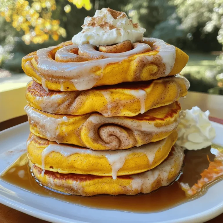 - 1 cup all-purpose flour - 2 tablespoons brown sugar - 1 teaspoon baking powder - 1 teaspoon baking soda - 1 teaspoon ground cinnamon - 1/2 teaspoon ground nutmeg - 1/2 teaspoon ground ginger - 1/4 teaspoon salt - 1/2 cup canned pumpkin puree - 1 cup buttermilk (or milk with a splash of vinegar) - 1 large egg - 2 tablespoons melted butter - For the cinnamon swirl: - 2 tablespoons softened butter - 1/4 cup brown sugar - 1 tablespoon ground cinnamon - For the cream cheese glaze: - 4 oz cream cheese, softened - 1/2 cup powdered sugar - 2 tablespoons milk - 1/2 teaspoon vanilla extract These ingredients come together to create the perfect fall breakfast. The blend of spices gives these pancakes their signature warmth. The pumpkin puree adds moisture and a gentle sweetness. For the cinnamon swirl, mix butter, brown sugar, and cinnamon until smooth. This will add a delightful ribbon of flavor in each pancake. Finally, the cream cheese glaze brings it all together, making your pancakes extra special. You can find the full recipe in the cooking section. Enjoy the process of creating these tasty treats! Start by mixing your dry ingredients. In a large bowl, whisk together: - 1 cup all-purpose flour - 2 tablespoons brown sugar - 1 teaspoon baking powder - 1 teaspoon baking soda - 1 teaspoon ground cinnamon - 1/2 teaspoon ground nutmeg - 1/2 teaspoon ground ginger - 1/4 teaspoon salt This mix brings together flavors that make these pancakes special. In another bowl, combine your wet ingredients: - 1/2 cup canned pumpkin puree - 1 cup buttermilk (or milk with a splash of vinegar) - 1 large egg - 2 tablespoons melted butter Blend these well. Now, pour the wet mix into the dry mix. Stir gently until just combined. You want a few lumps here. Overmixing will make your pancakes tough. For the cinnamon swirl, mix together in a small bowl: - 2 tablespoons softened butter - 1/4 cup brown sugar - 1 tablespoon ground cinnamon Stir until you have a smooth paste. This is what makes your pancakes look and taste amazing. Preheat your non-stick skillet or griddle over medium heat. Lightly grease it with butter or cooking spray. For each pancake, pour about 1/4 cup of batter onto the skillet. Quickly add a teaspoon of the cinnamon swirl mixture in a spiral on top. Use a toothpick or knife to swirl it slightly into the batter. Aim for a marbled look. Cook until bubbles form on the surface of the pancake and the edges look set, about 2-3 minutes. Flip and cook for another 2-3 minutes until golden brown and fully cooked. Repeat this with the rest of the batter and cinnamon swirl mixture. Enjoy warm pancakes drizzled with cream cheese glaze from the full recipe! To make great pancakes, avoid some common mistakes. One mistake is using too much flour. This can make your pancakes dense. Always measure flour correctly. Use a spoon to fill your measuring cup, then level it off. Another mistake is not letting your batter rest. Letting it sit for a few minutes helps the pancakes rise better. This leads to a fluffy texture. If your batter is too thick, add a little milk. A perfect batter is slightly lumpy, not smooth. Presentation is key for these pumpkin spice cinnamon roll pancakes. Stack them high on a plate for a fun look. Drizzle the cream cheese glaze over the top for a sweet touch. A sprinkle of cinnamon adds a nice finish. Pair these pancakes with maple syrup for added sweetness. You can also serve them with whipped cream. This makes every bite feel like a treat. If your pancakes are dense, check your baking powder. Old baking powder may not rise well. Use fresh baking powder to fix this issue. For dietary needs, you can make swaps. Use gluten-free flour for a gluten-free option. If you need a vegan version, replace eggs with flax eggs. You can also use almond milk instead of buttermilk. Check out the full recipe for more ideas on modifying these tasty pancakes. {{image_2}} You can make these pancakes even more fun! Try adding nuts or chocolate chips. Chopped walnuts or pecans add crunch and taste. Dark chocolate chips give a sweet, rich twist. Just fold them into the batter before cooking. You can also play with spices. If you love warmth, add more cinnamon or nutmeg. A bit of cardamom can bring a unique flavor. Just remember to balance the spices so they enhance, not overpower. If you or someone you know needs gluten-free options, swap the all-purpose flour for a gluten-free blend. Many blends work well for pancakes and keep the texture light. For vegan substitutes, you can replace the egg with a flax egg. Mix one tablespoon of flaxseed meal with two and a half tablespoons of water. Let it sit for five minutes until it thickens. For the buttermilk, use almond milk or soy milk with a splash of vinegar. These simple swaps maintain the taste and joy of the recipe. For the full recipe, check out the ingredients above. Enjoy making these pancakes your own! To keep your pumpkin spice cinnamon roll pancakes fresh, place them in an airtight container. Let them cool first, then stack them with parchment paper in between to avoid sticking. Store the container in the fridge. They will stay good for about 3 to 4 days. If you want to keep them longer, consider freezing them. Frozen pancakes can last up to 2 months. Reheating pancakes is easy and keeps them tasty. You can use a microwave for quick reheating. Just place a pancake on a plate, cover it with a damp paper towel, and heat for about 20-30 seconds. For a crispier texture, try using a skillet. Heat it on medium-low, add a little butter, and warm each pancake for about 1-2 minutes on each side. This way, you keep that delicious cinnamon swirl intact! Yes, you can make these pancakes ahead of time. Cook them and let them cool. Stack them with parchment paper in between. Store them in an airtight container. They can last in the fridge for up to three days. When you want to eat, heat them in the microwave or on a skillet. If you don’t have buttermilk, you can make your own. Mix 1 cup of milk with 1 tablespoon of vinegar or lemon juice. Let it sit for five minutes. This will give you a similar taste and acidity as buttermilk. You can also use plain yogurt or sour cream thinned with a little water. To boost the pumpkin flavor, add more pumpkin puree. Try 3/4 cup instead of 1/2 cup. You can also add a touch of pumpkin pie spice for extra warmth. Mixing in a bit of vanilla extract can enhance the overall flavor too. Yes, these pancakes freeze well! Once they are cool, place them in a single layer on a baking sheet. After a few hours, transfer them to a freezer-safe bag or container. They can be frozen for up to a month. To eat, thaw them overnight in the fridge and reheat in the microwave. Enjoy them warm! These pancakes combine simple ingredients for a tasty breakfast. By mixing dry and wet components carefully, you create a fluffy texture. The cinnamon swirl and cream cheese glaze add a delightful twist. We’ve shared tips to avoid mistakes and suggested tasty pairings. You can even customize these pancakes to fit your diet. Remember, leftovers can be stored and reheated easily, keeping your meal enjoyable. Experiment with flavors and enjoy your pumpkin pancakes any time!