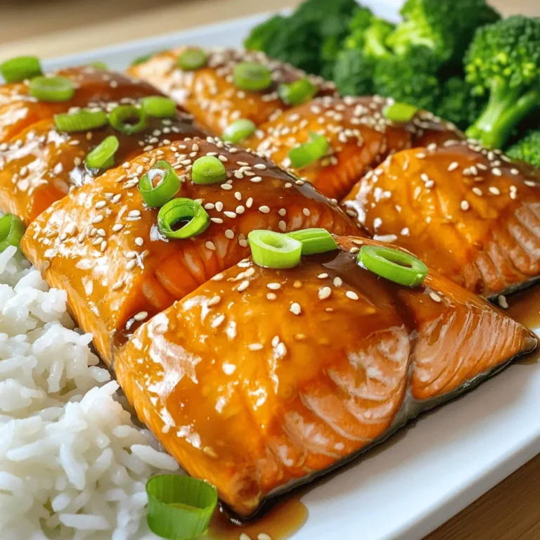 - 4 salmon fillets - 1/4 cup honey - 4 cloves garlic, minced The main stars of this dish are the salmon fillets. They provide a rich, buttery flavor that pairs perfectly with the sweet and savory glaze. The honey adds natural sweetness, while the minced garlic gives it a bold kick. - 2 tablespoons soy sauce (or tamari for gluten-free) - 1 tablespoon lemon juice - 1 tablespoon olive oil These additional ingredients enhance the glaze. The soy sauce adds umami, while the lemon juice brightens the flavor. Olive oil helps the glaze stick to the salmon and adds richness. - Salt and pepper to taste - 2 green onions, thinly sliced for garnish - Sesame seeds for garnish Garnishing the dish makes it look stunning. Adding salt and pepper boosts the flavor. Green onions add a fresh crunch, and sesame seeds bring a lovely texture. For the complete recipe, check out the Full Recipe section. To start, you need to make the honey garlic glaze. Gather these ingredients: - 1/4 cup honey - 4 cloves garlic, minced - 2 tablespoons soy sauce (or tamari for gluten-free) - 1 tablespoon lemon juice - 1 tablespoon olive oil In a small saucepan, combine the honey, minced garlic, soy sauce, lemon juice, and olive oil. Stir well to mix everything together. Cook this mixture over medium heat. Watch it closely, and let it simmer for about 3-5 minutes. You want it to thicken slightly. Once it does, remove it from the heat and set it aside. Next, preheat your oven to 400°F (200°C). While it heats, season your salmon fillets with salt and pepper. You will need four fillets for this recipe. Place them skin-side down on a lined baking sheet. Make sure they are spaced out so they cook evenly. Now, take your thickened glaze and generously brush it over the top of the salmon fillets. Be sure to save some glaze for later. Bake the salmon in the preheated oven for 12-15 minutes. You know it’s done when it flakes easily with a fork. If you want a caramelized top, broil the salmon for the last 2-3 minutes. Just keep an eye on it so it doesn’t burn. Once the salmon is cooked, drizzle the reserved glaze over the top. For a beautiful finish, garnish with thinly sliced green onions and sesame seeds before serving. Enjoy your dish! How can you tell when salmon is done cooking? Look for the flesh to turn opaque and flake easily with a fork. The internal temperature should reach 145°F (63°C). To ensure even cooking, try to select fillets of similar thickness. This way, they will cook at the same rate. What are the best techniques for glazing salmon? Start by brushing the glaze on before cooking. This allows the salmon to absorb the flavor. Halfway through cooking, brush on more glaze for added richness. For a caramelized finish, broil the salmon for a couple of minutes at the end. What can you add to the glaze for extra flavor? You can try adding spices like paprika or ginger. Fresh herbs like thyme or cilantro also work great. Just mix these into the glaze before cooking to infuse the taste throughout. What sides pair well with honey garlic glazed salmon? Steamed broccoli and fluffy rice are classic choices. You can also serve it with a fresh salad or roasted vegetables for a colorful plate. A squeeze of fresh lemon juice adds a nice touch, too. How can you present the dish for a beautiful plate? Serve the salmon on a nice platter, garnished with sesame seeds and green onions. Arrange sides around the salmon for a colorful display. A drizzle of the reserved glaze adds shine and flavor. What are some recommended sides that complement this dish? Consider serving with roasted potatoes or quinoa salad. These sides add texture and balance the sweetness of the glaze. For the full recipe, check the original details above. {{image_2}} You can cook Honey Garlic Glazed Salmon in different ways. Each method gives a unique flavor and texture. - Grilling: Grilling adds a smoky taste. Preheat your grill to medium-high heat. Place the salmon on the grill once it’s hot. Grill for about 6-8 minutes on each side. Brush with glaze while cooking. This method keeps the salmon juicy and gives it beautiful grill marks. - Baking: Baking is simple and works well for busy days. Preheat your oven to 400°F (200°C). Place the salmon on a lined baking sheet. Bake for 12-15 minutes. This method is great for even cooking and a tender result. - Slow Cooker: Using a slow cooker makes salmon very tender. Just coat the salmon with the glaze. Place it in the slow cooker on low for about 2-3 hours. This method lets the flavors blend well. You can swap some ingredients for healthier options. - Alternative Sweeteners: Try using maple syrup or agave nectar instead of honey. This change can reduce the calories and still taste great. - Other Proteins: If you don’t have salmon, use chicken or tofu. Both also soak up the glaze well. Just adjust the cooking time as needed. Chicken takes longer, about 20-25 minutes, while tofu needs about 15 minutes. Honey Garlic Glazed Salmon can be served in many ways. - As an Appetizer: Cut the salmon into small pieces. Serve with toothpicks and extra glaze for dipping. This makes a tasty starter for parties. - As a Main Dish: Serve the salmon on a platter. Pair it with rice and steamed veggies. This creates a balanced meal full of flavor. - Incorporating into Salads: Break the salmon into chunks and add it to a fresh salad. Mix in greens, cherry tomatoes, and avocado. Drizzle with the reserved glaze for extra taste. - In Rice Bowls: Place the salmon over a bed of rice. Add some steamed broccoli and sesame seeds. This makes a colorful and healthy meal. For the full recipe, check out the Honey Garlic Glazed Salmon section above. To keep leftover Honey Garlic Glazed Salmon fresh, store it in the fridge. Let the salmon cool down first. Place it in an airtight container. This helps prevent air from drying it out. When using a container, I recommend glass or BPA-free plastic. These materials help maintain flavor and texture. Make sure to close the lid tightly. Reheating salmon can be tricky. You want it warm, not dry. The best way is to use the oven. Preheat your oven to 275°F (135°C). Place the salmon on a baking sheet. Cover it with foil to keep moisture in. Heat for about 15 minutes. You can also use the microwave. But be careful. Use a microwave-safe plate and cover it loosely with a paper towel. Heat in short bursts of 30 seconds. Check often to avoid overcooking. Honey Garlic Glazed Salmon lasts about 3 days in the fridge. After that, the quality drops. If you want to keep it longer, freezing is a good option. Wrap the salmon tightly in plastic wrap, then place it in a freezer bag. It can last up to 3 months in the freezer. When you’re ready to eat it, thaw it in the fridge overnight. This keeps the flavor fresh. You can enjoy your delicious salmon again without losing taste! What type of salmon is best for this recipe? I recommend using wild-caught salmon. It has a rich flavor and good texture. Sockeye and king salmon are popular choices. Farmed salmon works too, but it may have more fat. Choose what you like best. Can I use fresh garlic vs. garlic powder? Yes, you can use fresh garlic for a stronger taste. Mince four cloves for this recipe. Garlic powder can work in a pinch, but it won’t have the same punch. Fresh garlic brings a bright flavor that enhances the glaze. What are the health benefits of salmon? Salmon is a great source of omega-3 fatty acids. These fats help your heart and brain. Salmon also offers protein, vitamins, and minerals. Eating salmon regularly can boost your mood and keep you healthy. How many calories are in Honey Garlic Glazed Salmon? Each serving of Honey Garlic Glazed Salmon has about 350 calories. This number may vary based on the size of your salmon fillet. It is a nutritious meal that fits well into a balanced diet. What to do if the glaze is too thin or thick? If your glaze is too thin, simmer it longer on low heat. This will help it thicken. If it’s too thick, add a splash of water or broth. Stir well until you reach the right consistency. How to prevent salmon from sticking to the baking sheet? To stop sticking, use parchment paper or a silicone mat. This creates a non-stick surface. You can also lightly grease the sheet with oil. This will help your salmon slide right off after baking. You now have all the tools to make tasty Honey Garlic Glazed Salmon. We discussed key ingredients, like fresh salmon, honey, and garlic, along with delicious enhancements. You learned steps for the glaze and tips for cooking perfectly. Remember to explore variations and proper storage for leftovers. With these insights, you can enjoy this dish with anyone. Get started on this simple yet delightful meal today. Your kitchen is waiting for the sweet and savory aromas!