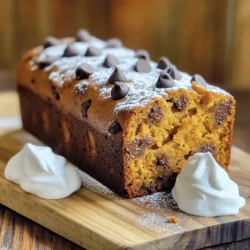 Here’s what you need to make this tasty bread: - 1 cup all-purpose flour - 1 cup whole wheat flour - 1 teaspoon baking powder - 1 teaspoon baking soda - 1 teaspoon ground cinnamon - 1/2 teaspoon ground nutmeg - 1/2 teaspoon salt - 1 cup canned pumpkin puree - 1/2 cup brown sugar, packed - 1/4 cup granulated sugar - 1/2 cup vegetable oil - 1/4 cup applesauce - 2 large eggs - 1 teaspoon vanilla extract - 1 cup semi-sweet chocolate chips - 1/2 cup chopped walnuts (optional) Using fresh pumpkin puree is a great choice. Fresh puree gives your bread a rich taste. It also adds a vibrant color. Canned pumpkin works too, but fresh makes a difference. You can add nuts or spices for extra flavor. Chopped walnuts add crunch and a nutty taste. You can also try adding ginger or cloves for warmth. This gives your bread a unique twist. First, we need to preheat the oven to 350°F (175°C). This step is crucial. A hot oven helps the bread rise well. While it heats up, let's prepare our loaf pan. You can grease a 9x5 inch loaf pan or line it with parchment paper. This makes sure the bread doesn’t stick later. Next, we move on to the dry ingredients. In a large mixing bowl, whisk together: - 1 cup all-purpose flour - 1 cup whole wheat flour - 1 teaspoon baking powder - 1 teaspoon baking soda - 1 teaspoon ground cinnamon - 1/2 teaspoon ground nutmeg - 1/2 teaspoon salt Mix these well. This helps spread the flavors evenly. Now, let's combine the wet ingredients. In another bowl, mix together: - 1 cup canned pumpkin puree - 1/2 cup brown sugar, packed - 1/4 cup granulated sugar - 1/2 cup vegetable oil - 1/4 cup applesauce - 2 large eggs - 1 teaspoon vanilla extract Whisk until smooth and well blended. This mixture brings moisture and flavor to our bread. Now, it's time to combine the wet and dry ingredients. Gradually pour the wet ingredients into the dry mix. Stir gently until just combined. Be careful not to overmix. This keeps the bread light and fluffy. If you like, fold in 1 cup of semi-sweet chocolate chips and 1/2 cup of chopped walnuts. Next, pour the batter into your prepared loaf pan. Spread it evenly. This ensures even baking. Bake in your preheated oven for 55-65 minutes. You’ll know it’s done when a toothpick inserted into the center comes out clean. The top should be golden brown. Let the bread cool in the pan for about 10 minutes. After that, transfer it to a wire rack to cool completely. Now you can slice it and enjoy your delicious chocolate chip pumpkin bread! To make the best chocolate chip pumpkin bread, avoid overmixing. When you mix the wet and dry ingredients, stir just until combined. Overmixing can make the bread dense and tough. Keep it light for a fluffy texture. Check for doneness around the 55-minute mark. Insert a toothpick into the center. If it comes out clean, the bread is done. If it has batter on it, bake for a few more minutes. Don't rush this step; it ensures a perfect loaf. Using room temperature ingredients helps with better mixing. When your eggs and pumpkin puree are warm, they blend easily. This creates a smooth batter and helps the bread rise well. For a delightful treat, pair your chocolate chip pumpkin bread with toppings. A dollop of whipped cream or a scoop of vanilla ice cream works wonders. The creaminess complements the sweet bread perfectly. Presentation matters, too. Serve the bread warm and dust it with powdered sugar. This simple touch adds charm and makes it look extra tasty. You can slice it neatly and arrange it on a colorful plate for a beautiful display. {{image_2}} You can change the taste of your chocolate chip pumpkin bread easily. Adding spices brings warmth. Try adding a teaspoon of ground ginger or cloves. These spices add a nice kick and depth of flavor. Each bite will burst with new tastes. For chocolate lovers, switch up the chocolate types. You can use dark chocolate chips or even white chocolate. Dark chocolate gives a rich, bold flavor. White chocolate adds a sweet, creamy touch. Mix and match to find your favorite combo. If you need a gluten-free option, use different flours. Almond flour or oat flour works great. These flours keep the bread moist and tasty. You won’t miss the gluten at all! Want to make it vegan? You can swap eggs and dairy easily. Use flaxseed meal mixed with water as an egg substitute. For a dairy-free option, replace milk with almond or coconut milk. This way, everyone can enjoy this yummy treat! Check out the Full Recipe for more details and tips. To keep your chocolate chip pumpkin bread fresh, store it at room temperature. Wrap the bread tightly in plastic wrap or foil. This helps prevent it from drying out. You can also place it in an airtight container. Keep it in a cool, dry place, away from heat. If you want to save it for later, freezing is a great option. Slice the bread first for easy thawing. Wrap each slice in plastic wrap. Then, place them in a freezer bag. This way, you can take out just what you need. When stored properly, chocolate chip pumpkin bread lasts about 3 to 4 days at room temperature. In the fridge, it can stay fresh for up to a week. Look for signs of spoilage. If you see mold or notice an off smell, it’s time to discard it. If the bread feels dry or hard, it may not taste good anymore. Always trust your senses when deciding to eat or toss food. Can I use fresh pumpkin instead of canned? Yes, you can use fresh pumpkin. Just cook it, mash it, and drain excess water. Canned pumpkin is convenient, but fresh offers great flavor. Both will work well in this recipe. How can I make my pumpkin bread more moist? To add moisture, try these tips: - Use a mix of applesauce and oil. - Add an extra egg. - Include yogurt or sour cream. These options keep your bread soft and tasty. Can I double the recipe for a larger batch? Yes, you can double it easily. Just mix more ingredients in a larger bowl. Use two loaf pans or one big pan. Adjust the baking time if needed. Each slice of this chocolate chip pumpkin bread has about 200 calories. It includes: - 3 grams of protein - 10 grams of fat - 25 grams of carbs To make it healthier, reduce sugar or use whole wheat flour. You can also add nuts for extra protein and healthy fats. Check out the [Full Recipe](#) for Chocolate Chip Pumpkin Bread. To bake this bread, you will need: - A mixing bowl - A whisk - A loaf pan (9x5 inch) - A spatula Using the right tools helps you bake the best bread! In this article, we covered how to make chocolate chip pumpkin bread, focusing on key ingredients, preparation steps, and baking tips. Using fresh pumpkin puree enhances flavor, while optional spices and nuts add variety. Remember, avoid overmixing to keep your bread light and fluffy. After baking, enjoy it warm with toppings for extra taste. Wrap your bread properly to maintain freshness, and freeze any leftovers for later. This recipe offers many tasty variations to explore, so have fun experimenting in your kitchen!